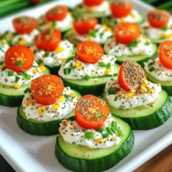To make Everything Bagel Cucumber Bites, you need fresh ingredients. Here’s the list: - 2 large cucumbers - 8 oz cream cheese, softened - 1 teaspoon garlic powder - 1 teaspoon onion powder - 1 tablespoon fresh dill, chopped - 1 tablespoon fresh chives, chopped - 2 tablespoons everything bagel seasoning - 1/2 cup cherry tomatoes, halved (for garnish) - Salt and pepper, to taste These ingredients blend together to create a fresh and tasty treat. The cucumbers give a crunchy base. Cream cheese adds a creamy texture. Garlic and onion powder enhance the flavor. Fresh herbs like dill and chives bring brightness. Everything bagel seasoning adds that classic taste. Cherry tomatoes not only look pretty but add a burst of flavor. Make sure your cucumbers are firm and crisp. Softened cream cheese mixes easily with the spices. Using fresh herbs makes a big difference in taste. You can find everything bagel seasoning in most stores. This recipe is not only simple but also quick. You can whip it up in just 15 minutes. Perfect for any gathering or snack time! For the full recipe, check the details above. First, wash the cucumbers under cold water. Make sure to remove any dirt. After washing, slice each cucumber into thick rounds, about 1-inch thick. This size gives the bites a nice crunch. Set the slices aside on a clean plate. Next, grab a mixing bowl. Add the softened cream cheese, garlic powder, onion powder, fresh dill, and fresh chives. Use a fork or spatula to mix everything together until you have a smooth, creamy texture. This mixture is the star of your bites. Taste it and add salt and pepper if needed. Now it’s time to build your bites. Take a cucumber slice and spread a generous layer of the cream cheese mix on top. Use a small spatula or knife for this step. Once you have the cream cheese spread, sprinkle everything bagel seasoning over each slice. The seasoning adds that classic flavor we love. For a pop of color, place a halved cherry tomato on each cucumber bite. Finally, arrange your beautiful cucumber bites on a serving platter for everyone to enjoy. For the full recipe, check the ingredients and steps above. Enjoy your delicious appetizer! Using fresh herbs makes a big difference. Fresh dill and chives bring bright taste. Dried herbs lack the punch of fresh ones. Always choose herbs that are vibrant and green. They add color and a fresh aroma. You can grow your own herbs too. This way, they are always on hand. Fresh herbs can elevate any dish, including these cucumber bites. To make your platter stand out, use a variety of colors. Arrange the cucumber bites in circles or rows. Add fresh herbs around the bites for a pop of green. Use a colorful serving tray to catch the eye. You might also place some cherry tomatoes next to the bites. This adds more color and looks inviting. An appealing platter makes your dish more exciting. If you want a dairy-free option, try using hummus. It has a creamy texture and pairs well with cucumbers. Another option is avocado, which is rich and smooth. You can also use a nut-based cream cheese. These choices keep the flavor while meeting dietary needs. Always taste your spread to ensure it’s seasoned well. {{image_2}} You can make these bites even better by adding toppings. Smoked salmon adds a rich flavor. Simply lay a thin slice on each cucumber bite. If you prefer something creamy, try avocado. Mash it up and spread it on top. Both options bring a new twist to the classic recipe. Want a little heat? You can easily spice things up. Add a sprinkle of red pepper flakes to the cream cheese mix. This will give your bites a nice kick. You could also use spicy cream cheese if you like. Adjust the spice to match your taste. Think about how you serve these bites. Pair them with dips like tzatziki or hummus for extra flavor. You can also serve them on a platter with crackers. This makes a fun and tasty spread for your guests. Get creative and enjoy the different flavors! To store leftover cucumber bites, place them in an airtight container. You want to keep air out to prevent them from getting soggy. Make sure to layer them with parchment paper if you stack them. This keeps the toppings intact and fresh. These cucumber bites can stay fresh in the fridge for about 2 to 3 days. After that, the cucumbers lose their crunch and the cream cheese can spoil. Always check for any signs of spoilage before eating. You usually don’t need to reheat cucumber bites. They taste best cold. If you must reheat, do it gently. Place them in a warm oven for a few minutes. Be careful not to overheat, as this can make the cucumbers limp. Enjoy your Everything Bagel Cucumber Bites straight from the fridge for the best taste. For the full recipe, refer to the earlier section. Yes, you can make these cucumber bites ahead of time. This helps save time for your event. Prepare the cream cheese mixture and slice the cucumbers. Store both in separate containers in the fridge. When you are ready to serve, spread the cream cheese on the cucumber slices and add the seasoning. This keeps everything fresh and tasty. If you don't have everything bagel seasoning, no worries! You can mix garlic powder, onion powder, sesame seeds, and poppy seeds. This will give you a similar flavor. Another option is to use just sesame seeds or even some Italian herbs. Feel free to get creative! Yes, these cucumber bites fit well into a low-carb diet. Cucumbers are low in carbs and high in water. The cream cheese adds some fat, but it’s low in carbs too. Just be mindful of how much seasoning you use. Enjoy these bites without guilt! For the full recipe, check out the detailed instructions above. In this post, I covered how to make delicious everything bagel cucumber bites. You learned about the key ingredients and the easy steps to prepare them. I also shared tips for the best flavor and fun variations to try. Finally, I explained how to store leftovers and answer common questions. These bites are tasty, fresh, and perfect for any gathering. Enjoy making them!