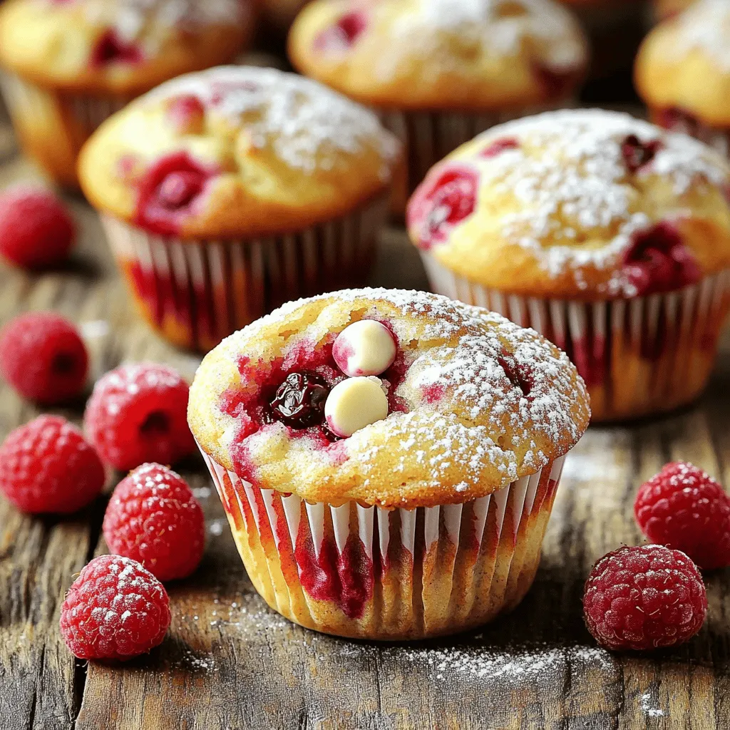 When making Raspberry White Chocolate Muffins, you need fresh and simple ingredients. Here’s a detailed list of what you will need: - 1 ½ cups all-purpose flour - ½ cup granulated sugar - ½ cup brown sugar, packed - 1 tablespoon baking powder - ½ teaspoon salt - 1 large egg - ¾ cup buttermilk (or milk with 1 tablespoon vinegar) - ⅓ cup vegetable oil - 1 teaspoon vanilla extract - 1 cup fresh raspberries (or frozen) - ¾ cup white chocolate chips Each ingredient plays a key role. The all-purpose flour gives structure. Granulated sugar and brown sugar add sweetness and moisture. Baking powder helps the muffins rise, while salt enhances the flavors. The egg adds richness, and buttermilk keeps them tender. Vegetable oil keeps them moist, while vanilla brings warmth. Raspberries offer a tangy burst, and white chocolate provides creamy sweetness. You can find the complete recipe in the Full Recipe section. Make sure to gather all these ingredients before you start. This will ensure a smooth cooking process and great muffins. Start by preheating your oven to 375°F (190°C). This step is key for even baking. Line a muffin tin with paper liners. If you prefer, you can use cooking spray to grease each cup. This helps the muffins release easily after baking. In a large bowl, whisk together the dry ingredients. Use 1 ½ cups of all-purpose flour, ½ cup of granulated sugar, and ½ cup of packed brown sugar. Add 1 tablespoon of baking powder and ½ teaspoon of salt. Mix these well until they are fully combined. This ensures the muffins rise and taste great. In a separate bowl, beat 1 large egg. Then, add ¾ cup of buttermilk. If you don't have buttermilk, mix ¾ cup of milk with 1 tablespoon of vinegar. Next, pour in ⅓ cup of vegetable oil and 1 teaspoon of vanilla extract. Stir until smooth. Combining wet ingredients well helps create a moist muffin. Gently pour the wet mixture into the dry ingredients. Stir slowly until just combined. You want the batter to be lumpy, not smooth. Now, fold in 1 cup of fresh raspberries and ¾ cup of white chocolate chips. Be careful not to mash the raspberries. This step adds flavor and sweetness to each bite. Spoon the batter into the muffin tin. Fill each cup about 2/3 full. This allows space for rising. Bake in your preheated oven for 18-20 minutes. Check them by inserting a toothpick into the center; it should come out clean. Golden-brown tops mean they are ready. Once baked, remove the muffins from the oven. Let them cool in the tin for about 5 minutes. Then, transfer them to a wire rack to cool completely. For a lovely touch, serve them warm with a dusting of powdered sugar and fresh raspberries on the side. Enjoy these delightful treats! For the full recipe, refer to the earlier section. To get a great muffin texture, mix the dry and wet ingredients separately. Combine them gently. Overmixing makes muffins tough. You want a lumpy batter. This helps keep them light and fluffy. Also, do not skip the buttermilk. It adds moisture and richness. If you use frozen raspberries, do not thaw them first. Thawing makes them mushy. Add them straight to the batter. They will hold their shape better during baking. Frozen berries can also chill the batter, helping muffins rise nicely. Add a hint of lemon zest to the batter. This brightens the flavor. You can also sprinkle a little sea salt on top before baking. A touch of salt can enhance the sweetness. Try using almond extract instead of vanilla for a different taste. Keep your muffins in an airtight container at room temperature. This keeps them soft for a few days. If you want them to last longer, freeze them. Wrap each muffin in plastic wrap and store in a freezer bag. They stay fresh for up to three months. To enjoy, just reheat them in the microwave for a few seconds. {{image_2}} Gluten-Free Version You can make these muffins gluten-free. Use a 1-to-1 gluten-free flour blend. This swap works well and keeps the muffins soft. Always check that all your other ingredients are gluten-free. Dairy-Free Version To make these muffins dairy-free, replace buttermilk with plant-based milk. Almond milk or oat milk works great. You can also use a dairy-free yogurt for added moisture. Nuts add a nice crunch. Try chopped pecans or walnuts for a richer taste. You can also mix in other fruits. Blueberries or chopped strawberries pair well with raspberries. Adjust the amount of fruit to keep the batter balanced. If you prefer dark chocolate, you can swap it with white chocolate. Dark chocolate gives a deep flavor. It balances the tartness of raspberries. Use the same amount for perfect results. You can keep your Raspberry White Chocolate Muffins at room temperature. Place them in an airtight container. This helps keep them fresh for up to three days. If you live in a humid area, it’s best to eat them within two days. Always check for any signs of mold before enjoying. Freezing muffins is a great way to save some for later. Allow the muffins to cool completely first. Wrap each muffin in plastic wrap, then place them in a freezer bag. This method helps prevent freezer burn. You can freeze them for up to three months. When you're ready to eat one, just take it out and let it thaw at room temperature. Reheating muffins brings back their fresh-baked taste. You can use a microwave or an oven. If using a microwave, heat for about 10-15 seconds. This warms them up nicely. For the oven, preheat it to 350°F (175°C) and bake for about 5-7 minutes. Enjoy them warm, and the white chocolate will melt just right! For more detailed steps, check the Full Recipe. You can check your muffins by sticking a toothpick into the center. If it comes out clean, they are ready. Muffins should also look golden brown on top. A slight spring back when touched is a good sign too. Yes, you can use frozen raspberries. They work well in this recipe. Just be careful not to defrost them before adding. This helps keep the batter from turning too mushy. To make these muffins healthier, try these tips: - Use whole wheat flour instead of all-purpose flour. - Substitute applesauce for some of the oil. - Reduce the sugar by a quarter. - Add nuts or seeds for extra fiber and protein. To prevent muffins from sticking, use paper liners or grease the pan well. You can use butter or cooking spray for this. Letting them cool for a few minutes in the pan before transferring helps too. For the complete recipe, check out the Full Recipe link. It provides all the details you need to create these tasty treats! We covered all the key steps to make Raspberry White Chocolate Bliss Muffins. From gathering your ingredients to serving tips, you now have a solid plan. Use the tips for texture and storage to keep your muffins fresh. Don’t forget the variations for gluten-free or dairy-free options. Enjoy experimenting and sharing these tasty treats. Your baking journey can bring joy to others through your delicious muffins. Happy baking!