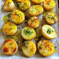 - Baby potatoes: These small potatoes can be yellow, red, or white. Choose firm ones without blemishes. They cook evenly and have a creamy texture. I prefer using Yukon Gold for their buttery flavor. - Fresh herbs: I love using rosemary and thyme. These herbs add a wonderful aroma and depth of flavor. Rosemary gives a pine-like taste that pairs well with potatoes. Thyme offers a subtle earthiness that balances the dish. - Olive oil: Use high-quality extra virgin olive oil. It enhances the flavor and helps the potatoes crisp up nicely. Look for oil that is fresh and fruity for the best taste. - Additional herbs and spices: You can mix in other herbs like parsley or oregano. A pinch of chili flakes adds warmth, while garlic powder boosts the garlic flavor. - Variants like lemon zest or parmesan cheese: Adding lemon zest brightens the dish. It gives a fresh note that cuts through the richness. Grated parmesan cheese adds a savory touch. Sprinkle it on before serving for a cheesy finish. For the complete recipe, refer to the Full Recipe section. How to properly wash and halve baby potatoes Start by rinsing the baby potatoes under cool water. Use your hands to scrub away any dirt. Once clean, place them on a cutting board. Use a sharp knife to cut each potato in half. This helps them cook evenly. Always be careful when using a knife. You want nice, even halves for best results. Preparing fresh herbs: chopping techniques For fresh herbs, start with rosemary and thyme. Rinse them under water to remove any grit. Pat them dry with a clean towel. Place the leaves on a cutting board. Use a sharp knife to chop the herbs finely. This releases their flavors. A rough chop works too, but finer pieces blend better with the potatoes. Detailed baking instructions for optimal texture Preheat your oven to 425°F (220°C). Line a large baking sheet with parchment paper for easy cleanup. In a mixing bowl, combine halved potatoes, olive oil, minced garlic, chopped herbs, paprika, salt, and pepper. Toss everything together until the potatoes are well coated. Spread them in a single layer, cut sides down, on the baking sheet. Bake for 25–30 minutes. The potatoes should be golden brown and tender when done. Tips for flipping potatoes midway through cooking Halfway through the cooking time, take the baking sheet out. Use a spatula to flip the potatoes gently. This ensures they brown evenly on all sides. If you forget to flip, some sides may burn. Set a timer to help you remember! Creative ways to serve Garlic Herb Roasted Potatoes These roasted potatoes shine as a side dish. You can sprinkle fresh parsley on top for color. They also make a tasty snack. Serve them with dips like aioli or sour cream for extra flavor. Pairing ideas with main dishes Garlic Herb Roasted Potatoes pair well with grilled chicken or steak. They also complement roasted vegetables nicely. Try them alongside fish for a light meal. The flavors blend perfectly, making dinner a hit! For the full recipe, check the details above. To get a golden brown crust, cut your potatoes evenly. Smaller pieces cook faster, while larger ones take longer. Aim for uniform sizes, around one inch thick. This helps them roast evenly. Spacing on the baking sheet is key. Don’t crowd the potatoes. Leave space between them so hot air can flow. This makes them crisp all around. If they touch, they will steam instead of roast. Overcooked potatoes turn mushy. Look for a golden color and a fork that slides in easily. If they are brown but hard, you need more time. Undercooked potatoes are firm and hard inside. They should feel soft when pierced. Keep an eye on them as they roast. Avoid over-seasoning. Start with the recipe's amounts. You can always add more later. Too much can overwhelm the dish. Remember, simple flavors shine best. A splash of balsamic vinegar adds depth. Drizzle it on just before serving. It brightens the dish and enhances the herbs. Experiment with different oils for roasting. Try avocado or grapeseed oil. Each oil has a unique flavor. This can change the taste of your roasted potatoes in fun ways. {{image_2}} You can make Garlic Herb Roasted Potatoes even better by adding other veggies. Think about mixing in carrots or bell peppers. These add color and taste. You can use seasonal veggies too. For example, try zucchini in summer or Brussels sprouts in fall. Roasting these with potatoes gives you a tasty side that everyone will enjoy. If you want to make this dish vegan, just swap out butter and oil. Use a vegan butter or extra olive oil instead. This keeps the flavor while staying plant-based. For gluten-free options, rest easy! This recipe is already gluten-free. Just make sure any additional spices or ingredients are also gluten-free. You can switch up the flavors based on different cuisines. For an Italian twist, add more garlic and some parmesan cheese. Toss in fresh basil for that extra kick. If you want a Mexican flair, sprinkle some chili powder and lime juice over the potatoes. Both options give you tasty variations to try. Explore these flavor variants to keep your meals exciting. For the full recipe, check out the details above. To keep your Garlic Herb Roasted Potatoes fresh, store them in the fridge. Place them in an airtight container. This helps seal in moisture and flavor. They can stay good for about 3 to 5 days in the fridge. If you want to keep them longer, try freezing them. Spread the cooled potatoes on a baking sheet and freeze until solid. Then, transfer them to a freezer-safe bag or container. They can last for up to 3 months in the freezer. When it’s time to eat your leftovers, you can reheat them in a few ways. The oven works best for keeping their crispy texture. Preheat the oven to 400°F (200°C). Spread the potatoes on a baking sheet and heat for about 10-15 minutes. This method avoids sogginess and revives their crispiness. You can also use a skillet on the stove. Heat a little olive oil in the pan over medium heat. Add the potatoes and cook for about 5-7 minutes, flipping occasionally. This keeps them golden and tasty. Remember, avoid the microwave if you want to keep that nice texture! For more details, check out the Full Recipe. Roasting Garlic Herb Potatoes takes around 40 minutes. You need about 10 minutes to prep and 25 to 30 minutes to cook. This quick process gives you tasty potatoes that are ready in no time. Yes, you can use different potatoes. While baby potatoes are great, you can also use Yukon Gold or red potatoes. Just make sure to cut them into similar sizes to cook evenly. Leftover Garlic Herb Roasted Potatoes are versatile. You can turn them into a breakfast hash by adding eggs. They also work well in salads. Just chop them up and mix with greens and your favorite dressing. This recipe is perfect for meal prep. You can roast the potatoes in advance and store them in the fridge. When you’re ready to eat, just reheat them in the oven or on the stove. This keeps them crispy and delicious. Garlic Herb Roasted Potatoes are easy to make with the right ingredients. We explored essential items like baby potatoes, fresh herbs, and olive oil. Optional flavors, like lemon zest and parmesan, can enhance your dish. We shared step-by-step instructions to ensure your potatoes roast perfectly. Remember to avoid common mistakes and try fun variations. Proper storage keeps leftovers fresh. Give this recipe a go, and you’ll enjoy delicious, versatile potatoes every time. Happy cooking!