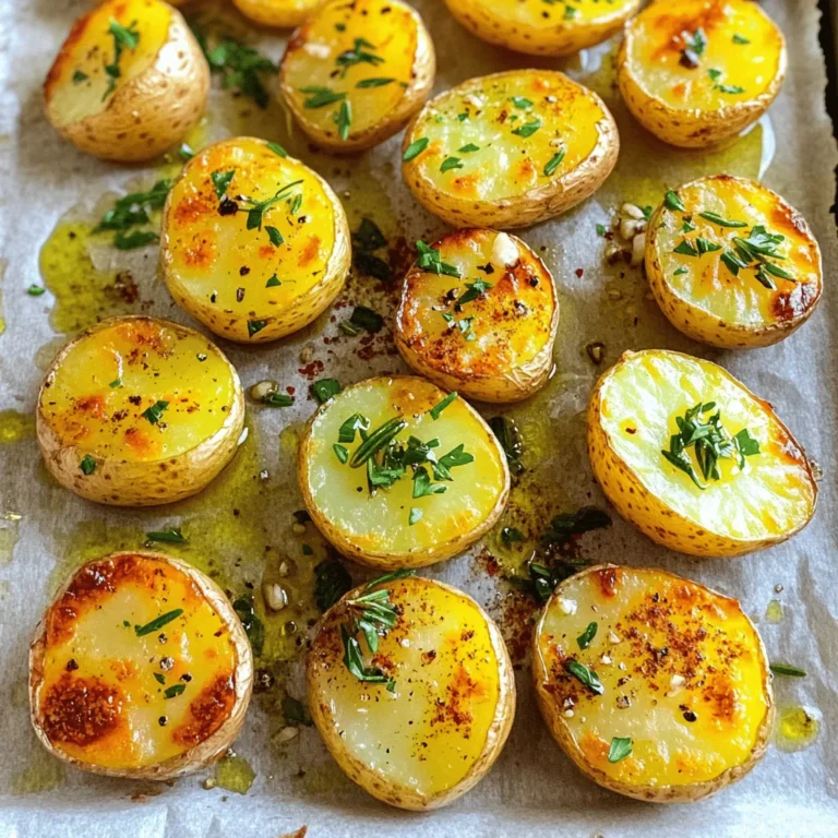 - Baby potatoes: These small potatoes can be yellow, red, or white. Choose firm ones without blemishes. They cook evenly and have a creamy texture. I prefer using Yukon Gold for their buttery flavor. - Fresh herbs: I love using rosemary and thyme. These herbs add a wonderful aroma and depth of flavor. Rosemary gives a pine-like taste that pairs well with potatoes. Thyme offers a subtle earthiness that balances the dish. - Olive oil: Use high-quality extra virgin olive oil. It enhances the flavor and helps the potatoes crisp up nicely. Look for oil that is fresh and fruity for the best taste. - Additional herbs and spices: You can mix in other herbs like parsley or oregano. A pinch of chili flakes adds warmth, while garlic powder boosts the garlic flavor. - Variants like lemon zest or parmesan cheese: Adding lemon zest brightens the dish. It gives a fresh note that cuts through the richness. Grated parmesan cheese adds a savory touch. Sprinkle it on before serving for a cheesy finish. For the complete recipe, refer to the Full Recipe section. How to properly wash and halve baby potatoes Start by rinsing the baby potatoes under cool water. Use your hands to scrub away any dirt. Once clean, place them on a cutting board. Use a sharp knife to cut each potato in half. This helps them cook evenly. Always be careful when using a knife. You want nice, even halves for best results. Preparing fresh herbs: chopping techniques For fresh herbs, start with rosemary and thyme. Rinse them under water to remove any grit. Pat them dry with a clean towel. Place the leaves on a cutting board. Use a sharp knife to chop the herbs finely. This releases their flavors. A rough chop works too, but finer pieces blend better with the potatoes. Detailed baking instructions for optimal texture Preheat your oven to 425°F (220°C). Line a large baking sheet with parchment paper for easy cleanup. In a mixing bowl, combine halved potatoes, olive oil, minced garlic, chopped herbs, paprika, salt, and pepper. Toss everything together until the potatoes are well coated. Spread them in a single layer, cut sides down, on the baking sheet. Bake for 25–30 minutes. The potatoes should be golden brown and tender when done. Tips for flipping potatoes midway through cooking Halfway through the cooking time, take the baking sheet out. Use a spatula to flip the potatoes gently. This ensures they brown evenly on all sides. If you forget to flip, some sides may burn. Set a timer to help you remember! Creative ways to serve Garlic Herb Roasted Potatoes These roasted potatoes shine as a side dish. You can sprinkle fresh parsley on top for color. They also make a tasty snack. Serve them with dips like aioli or sour cream for extra flavor. Pairing ideas with main dishes Garlic Herb Roasted Potatoes pair well with grilled chicken or steak. They also complement roasted vegetables nicely. Try them alongside fish for a light meal. The flavors blend perfectly, making dinner a hit! For the full recipe, check the details above. To get a golden brown crust, cut your potatoes evenly. Smaller pieces cook faster, while larger ones take longer. Aim for uniform sizes, around one inch thick. This helps them roast evenly. Spacing on the baking sheet is key. Don’t crowd the potatoes. Leave space between them so hot air can flow. This makes them crisp all around. If they touch, they will steam instead of roast. Overcooked potatoes turn mushy. Look for a golden color and a fork that slides in easily. If they are brown but hard, you need more time. Undercooked potatoes are firm and hard inside. They should feel soft when pierced. Keep an eye on them as they roast. Avoid over-seasoning. Start with the recipe's amounts. You can always add more later. Too much can overwhelm the dish. Remember, simple flavors shine best. A splash of balsamic vinegar adds depth. Drizzle it on just before serving. It brightens the dish and enhances the herbs. Experiment with different oils for roasting. Try avocado or grapeseed oil. Each oil has a unique flavor. This can change the taste of your roasted potatoes in fun ways. {{image_2}} You can make Garlic Herb Roasted Potatoes even better by adding other veggies. Think about mixing in carrots or bell peppers. These add color and taste. You can use seasonal veggies too. For example, try zucchini in summer or Brussels sprouts in fall. Roasting these with potatoes gives you a tasty side that everyone will enjoy. If you want to make this dish vegan, just swap out butter and oil. Use a vegan butter or extra olive oil instead. This keeps the flavor while staying plant-based. For gluten-free options, rest easy! This recipe is already gluten-free. Just make sure any additional spices or ingredients are also gluten-free. You can switch up the flavors based on different cuisines. For an Italian twist, add more garlic and some parmesan cheese. Toss in fresh basil for that extra kick. If you want a Mexican flair, sprinkle some chili powder and lime juice over the potatoes. Both options give you tasty variations to try. Explore these flavor variants to keep your meals exciting. For the full recipe, check out the details above. To keep your Garlic Herb Roasted Potatoes fresh, store them in the fridge. Place them in an airtight container. This helps seal in moisture and flavor. They can stay good for about 3 to 5 days in the fridge. If you want to keep them longer, try freezing them. Spread the cooled potatoes on a baking sheet and freeze until solid. Then, transfer them to a freezer-safe bag or container. They can last for up to 3 months in the freezer. When it’s time to eat your leftovers, you can reheat them in a few ways. The oven works best for keeping their crispy texture. Preheat the oven to 400°F (200°C). Spread the potatoes on a baking sheet and heat for about 10-15 minutes. This method avoids sogginess and revives their crispiness. You can also use a skillet on the stove. Heat a little olive oil in the pan over medium heat. Add the potatoes and cook for about 5-7 minutes, flipping occasionally. This keeps them golden and tasty. Remember, avoid the microwave if you want to keep that nice texture! For more details, check out the Full Recipe. Roasting Garlic Herb Potatoes takes around 40 minutes. You need about 10 minutes to prep and 25 to 30 minutes to cook. This quick process gives you tasty potatoes that are ready in no time. Yes, you can use different potatoes. While baby potatoes are great, you can also use Yukon Gold or red potatoes. Just make sure to cut them into similar sizes to cook evenly. Leftover Garlic Herb Roasted Potatoes are versatile. You can turn them into a breakfast hash by adding eggs. They also work well in salads. Just chop them up and mix with greens and your favorite dressing. This recipe is perfect for meal prep. You can roast the potatoes in advance and store them in the fridge. When you’re ready to eat, just reheat them in the oven or on the stove. This keeps them crispy and delicious. Garlic Herb Roasted Potatoes are easy to make with the right ingredients. We explored essential items like baby potatoes, fresh herbs, and olive oil. Optional flavors, like lemon zest and parmesan, can enhance your dish. We shared step-by-step instructions to ensure your potatoes roast perfectly. Remember to avoid common mistakes and try fun variations. Proper storage keeps leftovers fresh. Give this recipe a go, and you’ll enjoy delicious, versatile potatoes every time. Happy cooking!