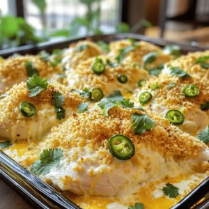 To make Jalapeño Popper Chicken Bake, you need fresh and tasty ingredients. Here’s what you’ll need: - 4 boneless, skinless chicken breasts - 1 cup cream cheese, softened - 1 cup shredded cheddar cheese - 1/2 cup diced jalapeños (fresh or pickled) - 1/2 cup breadcrumbs (panko for extra crunch) - 1/2 teaspoon garlic powder - 1/2 teaspoon onion powder - 1/4 teaspoon paprika - Salt and pepper to taste - 2 tablespoons olive oil - Fresh cilantro or green onions for garnish (optional) These ingredients blend together to create a creamy and spicy delight. The chicken stays moist while the cheese and jalapeños bring bold flavors. You can find the full recipe to guide you through cooking this dish with ease. Using fresh ingredients makes a difference in taste. Try to pick good-quality chicken and cheese. For spice lovers, fresh jalapeños pack a punch, while pickled ones add a tangy twist. The key is to balance flavors for a satisfying meal. Enjoy each bite of this dish! - Preheat the oven to 375°F (190°C). - In a bowl, mix the cream cheese, cheddar cheese, jalapeños, garlic powder, onion powder, paprika, salt, and pepper. Blend until smooth. - Take the chicken breasts and lay them in a greased baking dish. Season both sides with salt and pepper. - Spread the cream cheese mixture evenly over each chicken breast. Make sure to cover them well. - In another bowl, mix the breadcrumbs with olive oil. Stir until all crumbs are coated. Sprinkle this mix over the cheese-covered chicken. - Bake the dish in the preheated oven for 25-30 minutes. Check that the chicken is 165°F (74°C) inside. - Once done, take it out of the oven and let it sit for a few minutes. This helps keep the juices inside. To keep your chicken juicy, use a meat thermometer. Cook until the center hits 165°F. If your chicken breasts are thin, check them at 25 minutes. For thicker breasts, you may need 30 minutes or more. Cover the dish with foil for the first 15 minutes to lock in moisture. This helps prevent drying out. Want extra heat? Add cayenne pepper or crushed red pepper to the cream cheese mix. You can also use pepper jack cheese for a spicy twist. If you prefer a milder taste, try using mozzarella or gouda. Each cheese brings its unique flavor, so feel free to experiment! Pair your Jalapeño Popper Chicken Bake with simple sides. Fresh salad or roasted veggies work great. You can also serve it with rice or quinoa for a heartier meal. For drinks, a cold beer or sparkling water balances the spice well. A light white wine, like Sauvignon Blanc, also makes a great choice. Enjoy your delicious creation! {{image_2}} You can easily change the main protein in this recipe. Try using turkey for a leaner option. If you're looking for a plant-based choice, tofu works great too. Just press the tofu to remove extra moisture. For cheese, you can swap cheddar with pepper jack for more spice. Cream cheese can be replaced with ricotta for a lighter texture. Each swap gives a new twist to the dish. If you're short on time, use an Instant Pot. Cook on high for 10 minutes, and you’ll have juicy chicken quickly. For a summer vibe, try grilling the chicken. Marinate it with olive oil and spices before grilling. This gives a smoky flavor that pairs well with the creamy topping. The heat can make or break this dish. Use mild jalapeños if you prefer less spice. For heat-loving fans, go for fresh, spicy jalapeños. You can also add red pepper flakes or hot sauce to the cream cheese mix. Adjust the spice level to suit your taste buds! Store your leftover jalapeño popper chicken bake in the fridge. Use airtight food storage containers to keep it fresh. It will last for up to three days. Make sure to let it cool before sealing the container. This helps prevent moisture build-up. You can freeze portions for future meals. Cut the chicken bake into individual servings. Wrap each piece tightly in plastic wrap, then place in a freezer-safe bag. Label each bag with the date. To thaw, move the chicken to the fridge overnight. This keeps it safe and tasty. For the best texture, reheat in the oven. Preheat your oven to 350°F (175°C). Place the chicken in a baking dish and cover it with foil. Bake for about 20 minutes. If you choose the microwave, heat in short bursts. Check often to avoid drying it out. Enjoy the gooey cheese and tender chicken! What can I substitute for cream cheese? You can use Greek yogurt or ricotta cheese. Both give a nice creaminess. For a vegan option, try cashew cream. Can I make this dish ahead of time? Yes, you can prepare it the night before. Just cover it and keep it in the fridge. Bake it when you are ready to eat. Is the recipe suitable for meal prep? Absolutely! This dish stores well. Just divide it into portions and pack it for the week. What to do if I don't have breadcrumbs? You can crush crackers or use oats instead. Both can add great texture to the bake. How do I know when the chicken is fully cooked? The chicken is done when it reaches 165°F (74°C) inside. Use a meat thermometer for accuracy. Can I use frozen chicken breasts? Yes, but thaw them first. Cooking from frozen will not give the best results. What if I want to add more vegetables? Feel free to add bell peppers, spinach, or corn. Just chop them small and mix them in with the cream cheese. Is this recipe gluten-free? It is not gluten-free due to the breadcrumbs. You can use gluten-free breadcrumbs to make it suitable. Suggestions for dairy-free alternatives Use dairy-free cream cheese and cheese. Several brands make great substitutes for these. This recipe for Jalapeño Popper Chicken Bake is both simple and tasty. We went through the ingredients, steps, and tips to make your meal perfect. You can swap ingredients or try different cooking methods to suit your taste. Remember to store, freeze, and reheat for later enjoyment. With a little creativity, you can enjoy fun variations. Enjoy your cooking!