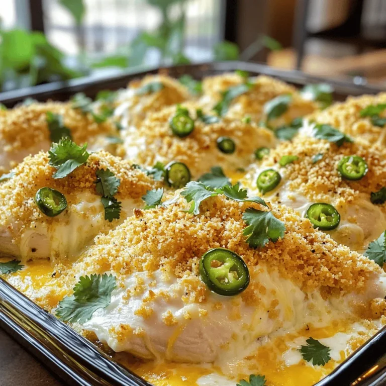 To make Jalapeño Popper Chicken Bake, you need fresh and tasty ingredients. Here’s what you’ll need: - 4 boneless, skinless chicken breasts - 1 cup cream cheese, softened - 1 cup shredded cheddar cheese - 1/2 cup diced jalapeños (fresh or pickled) - 1/2 cup breadcrumbs (panko for extra crunch) - 1/2 teaspoon garlic powder - 1/2 teaspoon onion powder - 1/4 teaspoon paprika - Salt and pepper to taste - 2 tablespoons olive oil - Fresh cilantro or green onions for garnish (optional) These ingredients blend together to create a creamy and spicy delight. The chicken stays moist while the cheese and jalapeños bring bold flavors. You can find the full recipe to guide you through cooking this dish with ease. Using fresh ingredients makes a difference in taste. Try to pick good-quality chicken and cheese. For spice lovers, fresh jalapeños pack a punch, while pickled ones add a tangy twist. The key is to balance flavors for a satisfying meal. Enjoy each bite of this dish! - Preheat the oven to 375°F (190°C). - In a bowl, mix the cream cheese, cheddar cheese, jalapeños, garlic powder, onion powder, paprika, salt, and pepper. Blend until smooth. - Take the chicken breasts and lay them in a greased baking dish. Season both sides with salt and pepper. - Spread the cream cheese mixture evenly over each chicken breast. Make sure to cover them well. - In another bowl, mix the breadcrumbs with olive oil. Stir until all crumbs are coated. Sprinkle this mix over the cheese-covered chicken. - Bake the dish in the preheated oven for 25-30 minutes. Check that the chicken is 165°F (74°C) inside. - Once done, take it out of the oven and let it sit for a few minutes. This helps keep the juices inside. To keep your chicken juicy, use a meat thermometer. Cook until the center hits 165°F. If your chicken breasts are thin, check them at 25 minutes. For thicker breasts, you may need 30 minutes or more. Cover the dish with foil for the first 15 minutes to lock in moisture. This helps prevent drying out. Want extra heat? Add cayenne pepper or crushed red pepper to the cream cheese mix. You can also use pepper jack cheese for a spicy twist. If you prefer a milder taste, try using mozzarella or gouda. Each cheese brings its unique flavor, so feel free to experiment! Pair your Jalapeño Popper Chicken Bake with simple sides. Fresh salad or roasted veggies work great. You can also serve it with rice or quinoa for a heartier meal. For drinks, a cold beer or sparkling water balances the spice well. A light white wine, like Sauvignon Blanc, also makes a great choice. Enjoy your delicious creation! {{image_2}} You can easily change the main protein in this recipe. Try using turkey for a leaner option. If you're looking for a plant-based choice, tofu works great too. Just press the tofu to remove extra moisture. For cheese, you can swap cheddar with pepper jack for more spice. Cream cheese can be replaced with ricotta for a lighter texture. Each swap gives a new twist to the dish. If you're short on time, use an Instant Pot. Cook on high for 10 minutes, and you’ll have juicy chicken quickly. For a summer vibe, try grilling the chicken. Marinate it with olive oil and spices before grilling. This gives a smoky flavor that pairs well with the creamy topping. The heat can make or break this dish. Use mild jalapeños if you prefer less spice. For heat-loving fans, go for fresh, spicy jalapeños. You can also add red pepper flakes or hot sauce to the cream cheese mix. Adjust the spice level to suit your taste buds! Store your leftover jalapeño popper chicken bake in the fridge. Use airtight food storage containers to keep it fresh. It will last for up to three days. Make sure to let it cool before sealing the container. This helps prevent moisture build-up. You can freeze portions for future meals. Cut the chicken bake into individual servings. Wrap each piece tightly in plastic wrap, then place in a freezer-safe bag. Label each bag with the date. To thaw, move the chicken to the fridge overnight. This keeps it safe and tasty. For the best texture, reheat in the oven. Preheat your oven to 350°F (175°C). Place the chicken in a baking dish and cover it with foil. Bake for about 20 minutes. If you choose the microwave, heat in short bursts. Check often to avoid drying it out. Enjoy the gooey cheese and tender chicken! What can I substitute for cream cheese? You can use Greek yogurt or ricotta cheese. Both give a nice creaminess. For a vegan option, try cashew cream. Can I make this dish ahead of time? Yes, you can prepare it the night before. Just cover it and keep it in the fridge. Bake it when you are ready to eat. Is the recipe suitable for meal prep? Absolutely! This dish stores well. Just divide it into portions and pack it for the week. What to do if I don't have breadcrumbs? You can crush crackers or use oats instead. Both can add great texture to the bake. How do I know when the chicken is fully cooked? The chicken is done when it reaches 165°F (74°C) inside. Use a meat thermometer for accuracy. Can I use frozen chicken breasts? Yes, but thaw them first. Cooking from frozen will not give the best results. What if I want to add more vegetables? Feel free to add bell peppers, spinach, or corn. Just chop them small and mix them in with the cream cheese. Is this recipe gluten-free? It is not gluten-free due to the breadcrumbs. You can use gluten-free breadcrumbs to make it suitable. Suggestions for dairy-free alternatives Use dairy-free cream cheese and cheese. Several brands make great substitutes for these. This recipe for Jalapeño Popper Chicken Bake is both simple and tasty. We went through the ingredients, steps, and tips to make your meal perfect. You can swap ingredients or try different cooking methods to suit your taste. Remember to store, freeze, and reheat for later enjoyment. With a little creativity, you can enjoy fun variations. Enjoy your cooking!