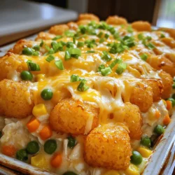 To make this fun dish, you'll need these key ingredients: - 2 cups cooked chicken, shredded - 1 can (10.5 oz) cream of chicken soup - 1 cup sour cream - 1 cup shredded cheddar cheese (plus extra for topping) - 1 cup frozen mixed vegetables (peas, carrots, and corn) - 1 teaspoon garlic powder - 1 teaspoon onion powder - 1/2 teaspoon black pepper - 1 package (32 oz) frozen tater tots - 1/2 cup green onions, chopped (for garnish) Each ingredient plays a big role in making this casserole creamy and tasty. The chicken provides protein. The cream of chicken soup adds richness. Sour cream gives it a nice tang. Tater tots bring that crispy texture we all love. You can add more fun flavors if you want. Here are a few ideas: - Cooked bacon bits for extra crunch and taste - Diced bell peppers for a pop of color and flavor - Chopped jalapeños for a spicy kick - Dried herbs like thyme or oregano for added depth These optional ingredients can change your casserole's taste and style. Feel free to mix and match based on what your family enjoys. Sometimes, you might not have every ingredient on hand. Here are some easy swaps: - Use rotisserie chicken instead of cooked chicken for quick prep - Swap Greek yogurt for sour cream to lighten it up - Try cream of mushroom soup if you want a different flavor - Use frozen broccoli or spinach instead of mixed veggies These substitutions keep your casserole tasty while allowing you to use what you have at home. Don't hesitate to experiment! You can find the full recipe for Cheesy Chicken Tater Tot Casserole in the link provided. Start by preheating your oven to 375°F (190°C). In a large bowl, mix the shredded chicken, cream of chicken soup, and sour cream. Add in 1 cup of shredded cheddar cheese, frozen mixed vegetables, garlic powder, onion powder, and black pepper. Stir everything until it blends well. This mixture forms the heart of the casserole. Next, take a greased 9x13 inch casserole dish. Spread the chicken mixture evenly across the bottom. Then, grab your frozen tater tots. Layer them on top of the chicken mixture in a single row. Make sure they cover the chicken completely. For extra flavor, sprinkle additional cheddar cheese over the tater tots. This will create a nice cheesy crust. Now it’s time to bake! Place the casserole in your preheated oven. Bake for 35-40 minutes. You'll know it’s done when the tater tots turn golden brown and crispy. The cheese should be bubbly and melted. After baking, take it out and let it cool for about 5 minutes. Just before serving, garnish with chopped green onions for a fresh touch. Enjoy your delicious meal! For the complete recipe, check out the Full Recipe. To keep your tater tots crispy, start by baking them directly from the freezer. Avoid thawing them first. Place them in a single layer on top of the chicken mix. This helps them cook evenly. Bake at the right temperature, which is 375°F (190°C). If you want extra crunch, add a sprinkle of oil over the tots before baking. Cheddar cheese is a great choice for this dish. It melts well and gives a nice flavor. You can also try pepper jack for a spicy kick. Mozzarella adds a stretchy texture. Mixing different cheeses can boost your casserole's taste. For a gourmet twist, consider adding some Parmesan on top. This adds a rich layer of flavor. Using the right tools makes cooking easier. A large mixing bowl is key for combining your ingredients. A 9x13 inch casserole dish works best for baking. A spatula helps spread the mixture evenly. Keep a measuring cup handy for precise portions. Lastly, have a sharp knife ready to chop your green onions. These tools will make your cooking process smooth and enjoyable. For the full recipe, check out the details above! {{image_2}} You can easily change up the flavors by adding different vegetables. Try using broccoli, bell peppers, or even spinach. These veggies add color and nutrients. Just remember to chop them small so they cook well. Mix them in with the chicken and sauce. This way, every bite has a tasty crunch. If you like heat, add some hot sauce to the mix. A few dashes will give your casserole a nice kick. You can also use spicy cheese or jalapeños for extra spice. Just balance the heat with the creamy sauce. This will keep the flavors rich and not too overpowering. For a healthier option, swap out the cream of chicken soup for a lighter version. You can also use Greek yogurt instead of sour cream. For the chicken, grilled or baked chicken works great. Add more veggies to replace some of the tater tots. This keeps your meal tasty while cutting down on fat and calories. For the full recipe, click here: [Full Recipe]. To store leftover casserole, let it cool first. Once cool, cover it tightly with plastic wrap. You can also use an airtight container. This keeps the casserole fresh for 3 to 4 days in the fridge. Make sure to label your container with the date. This way, you won't forget when you made it! When you're ready to enjoy the leftovers, preheat your oven to 350°F (175°C). Place the casserole in an oven-safe dish. Cover it with foil to keep it moist. Heat for about 20-25 minutes. If you want a crispier top, remove the foil for the last 5 minutes. You can also reheat portions in the microwave. Just heat in 30-second bursts until warm. If you want to freeze the casserole, prepare it fully but do not bake it. Wrap it tightly in plastic wrap and then in aluminum foil. This helps prevent freezer burn. You can freeze it for up to 3 months. When you're ready to cook, thaw it overnight in the fridge. Bake as directed in the full recipe. Enjoy a quick and tasty meal anytime! Yes, you can use fresh chicken. Just make sure to cook it first. I recommend boiling or baking the chicken until it's fully cooked. Shred it into bite-sized pieces before mixing it with the other ingredients. This step ensures your casserole is safe to eat and tastes great. You can serve a simple salad or some steamed veggies. A fresh green salad adds a nice crunch and balances the rich flavors. You might also enjoy breadsticks or garlic bread on the side. These choices make a perfect meal for family gatherings or weeknight dinners. The casserole will stay fresh in the fridge for about 3 to 4 days. Just make sure to store it in an airtight container. When you're ready to eat, you can simply reheat it in the oven or microwave. This makes it a great option for meal prep or leftovers. For the full recipe, check out the details above! Cheesy Chicken Tater Tot Casserole is a fun and tasty dish. We explored the main and optional ingredients, plus easy substitutions. You learned the step-by-step way to prepare it, layer it, and bake it perfectly. I shared tips to keep your tater tots crispy and the best cheeses to use. You can also try variations and know how to store leftovers. This dish is simple and full of flavor. I hope you enjoy making it as much as I do.