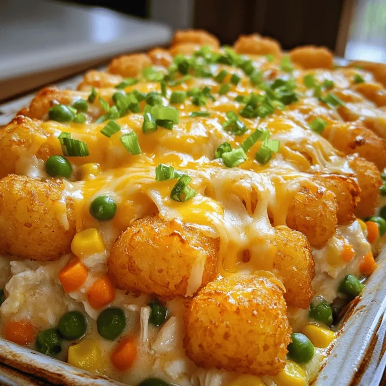 To make this fun dish, you'll need these key ingredients: - 2 cups cooked chicken, shredded - 1 can (10.5 oz) cream of chicken soup - 1 cup sour cream - 1 cup shredded cheddar cheese (plus extra for topping) - 1 cup frozen mixed vegetables (peas, carrots, and corn) - 1 teaspoon garlic powder - 1 teaspoon onion powder - 1/2 teaspoon black pepper - 1 package (32 oz) frozen tater tots - 1/2 cup green onions, chopped (for garnish) Each ingredient plays a big role in making this casserole creamy and tasty. The chicken provides protein. The cream of chicken soup adds richness. Sour cream gives it a nice tang. Tater tots bring that crispy texture we all love. You can add more fun flavors if you want. Here are a few ideas: - Cooked bacon bits for extra crunch and taste - Diced bell peppers for a pop of color and flavor - Chopped jalapeños for a spicy kick - Dried herbs like thyme or oregano for added depth These optional ingredients can change your casserole's taste and style. Feel free to mix and match based on what your family enjoys. Sometimes, you might not have every ingredient on hand. Here are some easy swaps: - Use rotisserie chicken instead of cooked chicken for quick prep - Swap Greek yogurt for sour cream to lighten it up - Try cream of mushroom soup if you want a different flavor - Use frozen broccoli or spinach instead of mixed veggies These substitutions keep your casserole tasty while allowing you to use what you have at home. Don't hesitate to experiment! You can find the full recipe for Cheesy Chicken Tater Tot Casserole in the link provided. Start by preheating your oven to 375°F (190°C). In a large bowl, mix the shredded chicken, cream of chicken soup, and sour cream. Add in 1 cup of shredded cheddar cheese, frozen mixed vegetables, garlic powder, onion powder, and black pepper. Stir everything until it blends well. This mixture forms the heart of the casserole. Next, take a greased 9x13 inch casserole dish. Spread the chicken mixture evenly across the bottom. Then, grab your frozen tater tots. Layer them on top of the chicken mixture in a single row. Make sure they cover the chicken completely. For extra flavor, sprinkle additional cheddar cheese over the tater tots. This will create a nice cheesy crust. Now it’s time to bake! Place the casserole in your preheated oven. Bake for 35-40 minutes. You'll know it’s done when the tater tots turn golden brown and crispy. The cheese should be bubbly and melted. After baking, take it out and let it cool for about 5 minutes. Just before serving, garnish with chopped green onions for a fresh touch. Enjoy your delicious meal! For the complete recipe, check out the Full Recipe. To keep your tater tots crispy, start by baking them directly from the freezer. Avoid thawing them first. Place them in a single layer on top of the chicken mix. This helps them cook evenly. Bake at the right temperature, which is 375°F (190°C). If you want extra crunch, add a sprinkle of oil over the tots before baking. Cheddar cheese is a great choice for this dish. It melts well and gives a nice flavor. You can also try pepper jack for a spicy kick. Mozzarella adds a stretchy texture. Mixing different cheeses can boost your casserole's taste. For a gourmet twist, consider adding some Parmesan on top. This adds a rich layer of flavor. Using the right tools makes cooking easier. A large mixing bowl is key for combining your ingredients. A 9x13 inch casserole dish works best for baking. A spatula helps spread the mixture evenly. Keep a measuring cup handy for precise portions. Lastly, have a sharp knife ready to chop your green onions. These tools will make your cooking process smooth and enjoyable. For the full recipe, check out the details above! {{image_2}} You can easily change up the flavors by adding different vegetables. Try using broccoli, bell peppers, or even spinach. These veggies add color and nutrients. Just remember to chop them small so they cook well. Mix them in with the chicken and sauce. This way, every bite has a tasty crunch. If you like heat, add some hot sauce to the mix. A few dashes will give your casserole a nice kick. You can also use spicy cheese or jalapeños for extra spice. Just balance the heat with the creamy sauce. This will keep the flavors rich and not too overpowering. For a healthier option, swap out the cream of chicken soup for a lighter version. You can also use Greek yogurt instead of sour cream. For the chicken, grilled or baked chicken works great. Add more veggies to replace some of the tater tots. This keeps your meal tasty while cutting down on fat and calories. For the full recipe, click here: [Full Recipe]. To store leftover casserole, let it cool first. Once cool, cover it tightly with plastic wrap. You can also use an airtight container. This keeps the casserole fresh for 3 to 4 days in the fridge. Make sure to label your container with the date. This way, you won't forget when you made it! When you're ready to enjoy the leftovers, preheat your oven to 350°F (175°C). Place the casserole in an oven-safe dish. Cover it with foil to keep it moist. Heat for about 20-25 minutes. If you want a crispier top, remove the foil for the last 5 minutes. You can also reheat portions in the microwave. Just heat in 30-second bursts until warm. If you want to freeze the casserole, prepare it fully but do not bake it. Wrap it tightly in plastic wrap and then in aluminum foil. This helps prevent freezer burn. You can freeze it for up to 3 months. When you're ready to cook, thaw it overnight in the fridge. Bake as directed in the full recipe. Enjoy a quick and tasty meal anytime! Yes, you can use fresh chicken. Just make sure to cook it first. I recommend boiling or baking the chicken until it's fully cooked. Shred it into bite-sized pieces before mixing it with the other ingredients. This step ensures your casserole is safe to eat and tastes great. You can serve a simple salad or some steamed veggies. A fresh green salad adds a nice crunch and balances the rich flavors. You might also enjoy breadsticks or garlic bread on the side. These choices make a perfect meal for family gatherings or weeknight dinners. The casserole will stay fresh in the fridge for about 3 to 4 days. Just make sure to store it in an airtight container. When you're ready to eat, you can simply reheat it in the oven or microwave. This makes it a great option for meal prep or leftovers. For the full recipe, check out the details above! Cheesy Chicken Tater Tot Casserole is a fun and tasty dish. We explored the main and optional ingredients, plus easy substitutions. You learned the step-by-step way to prepare it, layer it, and bake it perfectly. I shared tips to keep your tater tots crispy and the best cheeses to use. You can also try variations and know how to store leftovers. This dish is simple and full of flavor. I hope you enjoy making it as much as I do.