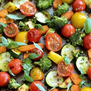 For the best one-pan roasted veggies, I use a mix of colorful vegetables. Here’s what I like: - 1 medium zucchini, chopped - 1 bell pepper (any color), diced - 1 cup cherry tomatoes, halved - 1 cup broccoli florets - 1 cup carrots, sliced These veggies add great taste and texture. You can swap them for your favorites, too. Seasoning makes your veggies shine. I use: - 3 tablespoons olive oil - 1 teaspoon garlic powder - 1 teaspoon dried oregano - 1 teaspoon smoked paprika - Salt and pepper to taste Feel free to change these spices. Try adding herbs like thyme or rosemary for a twist. Sometimes, I like to add extra flavor. Here are a few ideas: - Fresh basil or parsley for garnish - A squeeze of lemon juice for brightness - Grated Parmesan cheese for a savory touch These extras make your one-pan roasted veggies even more special. You can find the full recipe above to get started. First, gather all your ingredients. You will need: - 1 medium zucchini, chopped - 1 bell pepper (any color), diced - 1 cup cherry tomatoes, halved - 1 cup broccoli florets - 1 cup carrots, sliced - 3 tablespoons olive oil - 1 teaspoon garlic powder - 1 teaspoon dried oregano - 1 teaspoon smoked paprika - Salt and pepper to taste - Fresh basil or parsley for garnish Next, preheat your oven to 425°F (220°C). This step is key for even cooking. In a large bowl, combine the chopped zucchini, diced bell pepper, halved cherry tomatoes, broccoli florets, and sliced carrots. Then, drizzle olive oil over the veggies. Sprinkle garlic powder, oregano, smoked paprika, salt, and pepper. Toss the mixture well. Ensure every piece of vegetable is coated. This will help them roast evenly and get full flavor. Now, spread the seasoned vegetables in a single layer on a large baking sheet. Make sure they have space. If they are too crowded, they won’t get crispy. Place the baking sheet in the preheated oven. Roast for about 20-25 minutes. Stir halfway through cooking. This ensures that all sides of the veggies brown nicely. Keep an eye on them. The veggies are ready when they are tender and slightly caramelized. You can test a piece with a fork. If it goes in easily, they are done! Once the veggies are cooked, take them out of the oven. Let them cool for a few minutes. This helps them set and makes them easier to serve. For a beautiful presentation, garnish with fresh basil or parsley. This adds a pop of color and fresh flavor. Serve your one-pan roasted veggies warm. They make a great side dish or a main meal on their own. You can find the full recipe in the article for more details. Enjoy! To get crispy roasted veggies, there are a few key steps. First, cut your veggies into uniform pieces. This helps them cook evenly. Next, don’t skip the olive oil. It helps brown the veggies nicely. Use enough oil so each piece shines. Spread the veggies in a single layer on the pan. This allows hot air to reach all sides. If they’re crowded, they will steam instead of roast. Stir them halfway through cooking for a great crisp. Cooking time can change based on the veggies you choose. Zucchini and bell peppers cook faster than carrots and broccoli. Check them around 20 minutes. If they look golden, they’re ready. If they need more time, give them an extra 5 minutes. Always keep an eye on them. Overcooked veggies can become mushy and lose flavor. Mixing flavors can make your dish shine. Try adding red pepper flakes for heat. A squeeze of lemon juice adds brightness. Fresh herbs like thyme or rosemary work well too. For a sweet touch, consider adding some balsamic vinegar. You can also swap the smoked paprika for curry powder for a different taste. Get creative! Use what you love and experiment with different flavor profiles. Check the Full Recipe for more ideas on how to mix and match. {{image_2}} You can mix up your veggies based on what you like. Try using sweet potatoes, asparagus, or Brussels sprouts. Each veggie brings its own taste and texture. Use what’s fresh and in season for the best flavor. You can even add onions or garlic for more depth. Just remember to cut them into similar sizes for even cooking. Changing the spices can make the same veggies taste new. For a zesty kick, add lemon zest or Cajun spice. If you want a warm taste, try cumin or curry powder. You can also use fresh herbs like thyme or rosemary. They add a nice pop of flavor. Mix and match spices to find your favorite blend. Serve your roasted veggies as a side dish or on a bed of rice. They also work great in tacos or wraps. You can even toss them with pasta for a quick meal. Drizzle a little balsamic vinegar or lemon juice on top for extra zing. Adding nuts or cheese can take your dish to another level. These options make it easy to enjoy roasted veggies any day. For the full recipe, check out the details above. Once you finish your one-pan roasted veggies, let them cool. Place leftovers in an airtight container. They stay fresh for about 3-4 days in the fridge. This makes meal prep easy for lunches or dinners. If you plan to eat them later, store them right away. To reheat, you can use the oven or microwave. For the oven, set it to 350°F (175°C). Spread the veggies on a baking sheet and heat for about 10-15 minutes. This helps restore their crispiness. If using a microwave, put the veggies in a safe dish. Heat them in short bursts of 30 seconds. Stir in between to avoid uneven heating. You can freeze your one-pan roasted veggies too. First, let them cool completely. Then, place them in freezer bags or containers. Remove as much air as possible. They can last up to 2-3 months in the freezer. When you are ready to eat, thaw them in the fridge overnight. Reheat them in the oven for the best texture. You can use many types of vegetables for roasting. Some great choices include: - Zucchini - Bell peppers - Cherry tomatoes - Broccoli - Carrots You can mix and match based on what you like. Try seasonal veggies for a fresh taste. Root vegetables, like potatoes or beets, also work well. To boost flavor, add herbs and spices. Here are some ideas: - Use fresh garlic instead of garlic powder. - Add a splash of balsamic vinegar or lemon juice. - Try different spices like cumin or thyme. - Toss in some cheese before serving for a rich touch. Experimenting with flavors keeps your meals exciting. Don't be afraid to get creative! Yes, you can prep roasted veggies in advance. Here’s how: - Chop the veggies and store them in the fridge. - Mix the oil and seasonings in a separate container. - Combine them when you're ready to cook. This method saves time on busy days. Just remember to roast them fresh for the best taste. For the full recipe, check out the earlier section. Roasting vegetables is simple and fun. We covered fresh veggies, seasoning choices, and more. You learned the step-by-step simple process. Tips helped you get crispy results and flavor boosts. We discussed substitutions and storage options too. Enjoy your roasting journey. Experiment with flavors and find your favorites. Fresh veggies can be a tasty addition to any meal.