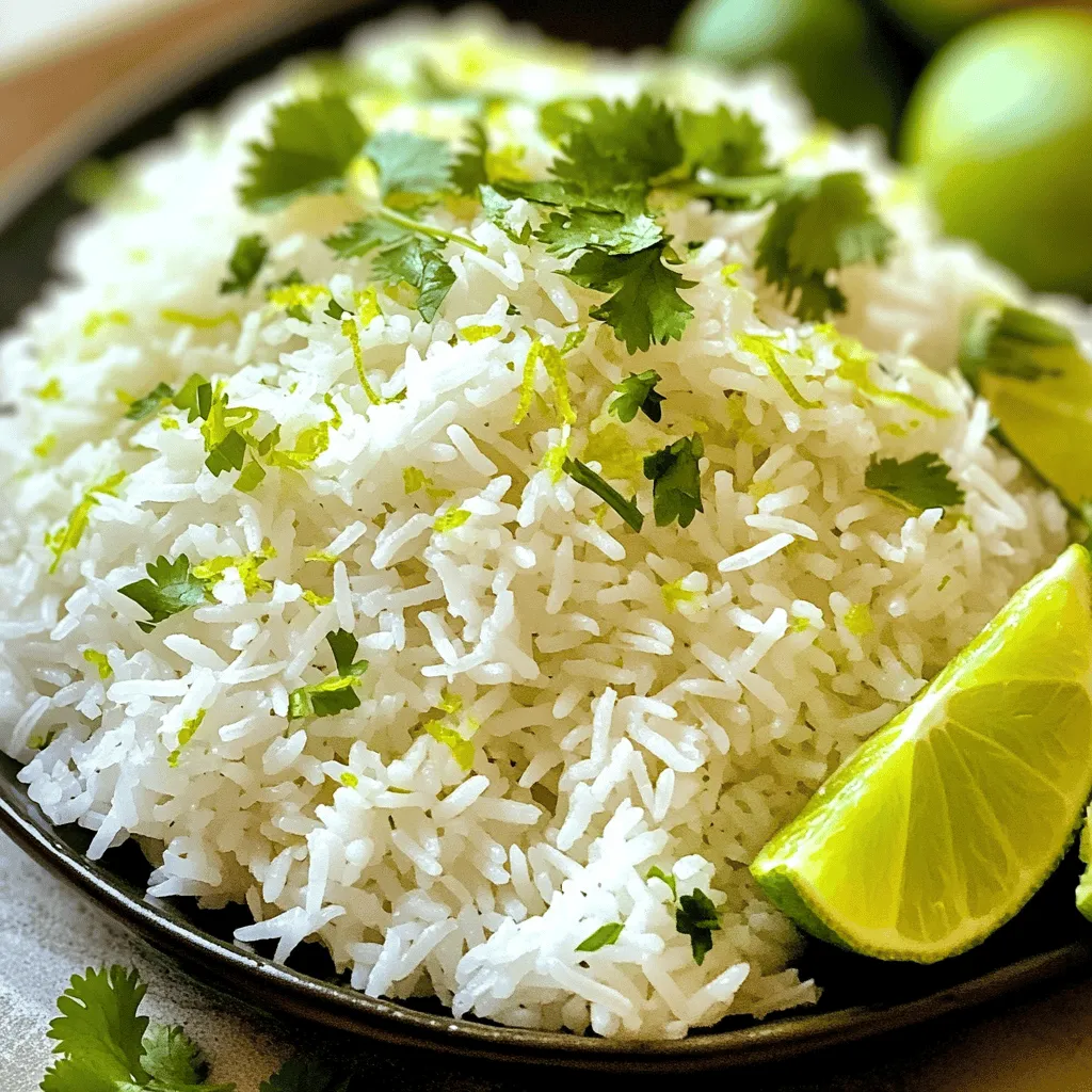 To make delicious coconut lime rice, gather these simple ingredients: - 1 cup jasmine rice - 1 can (14 oz) coconut milk - 1 cup water - 1 lime (zested and juiced) - 1 teaspoon salt - 1 tablespoon sugar - 2 tablespoons fresh cilantro, chopped (for garnish) - Lime wedges (for serving) You can adjust this recipe with easy swaps if needed: - Swap jasmine rice for basmati or long-grain rice. - Replace coconut milk with almond milk for a lighter option. - Use lemon instead of lime for a different zest. - Brown sugar can work in place of white sugar. - If you don’t have cilantro, parsley or green onions can add fresh flavor. To make this recipe, you’ll need basic kitchen tools: - A medium saucepan for cooking the rice. - A measuring cup for accurate ingredient portions. - A zester or grater for the lime. - A fork for fluffing the rice after cooking. - A cutting board and knife for chopping cilantro. This coconut lime rice recipe is easy to follow. You can find the full recipe for more details. Start by rinsing the jasmine rice. Use cold water and let it run until clear. This step removes extra starch. It helps keep the rice fluffy and not sticky. Measure 1 cup of jasmine rice for this recipe. In a medium saucepan, mix the rinsed rice with coconut milk and water. Add salt, sugar, lime zest, and half of the lime juice. Stir gently to combine all the ingredients. Heat the mixture on medium-high until it boils. Once boiling, reduce the heat to low. Cover the saucepan and let it simmer for 15 to 20 minutes. The rice should absorb all the liquid and become tender. After cooking, remove the saucepan from the heat. Let it sit, covered, for 5 minutes. This resting time helps the rice fluff up. Once ready, uncover the rice and fluff it gently with a fork. Add the remaining lime juice for a brighter flavor. Serve the coconut lime rice warm. Garnish it with chopped cilantro and lime wedges. This dish pairs well with many meals. You can find the Full Recipe for more details. To make your rice fluffy, rinse it well. Rinse the jasmine rice until the water runs clear. This removes extra starch. Starch makes the rice sticky. Use the right water-to-rice ratio. For this recipe, mix one cup of rice with one can of coconut milk and one cup of water. Once cooked, let it sit for five minutes after boiling. This resting time helps the rice become fluffy. Use a fork to fluff the rice gently before serving. You can boost the flavor in many ways. Lime zest adds a bright taste. Fresh cilantro gives a nice herbal note. Consider adding a pinch of chili flakes for heat. You can also mix in peas or diced bell peppers for color. These additions make the dish more vibrant and fun. Avoid overcooking the rice. This can make it mushy. Keep an eye on the cooking time. Also, don’t skip rinsing the rice. It’s key for texture. If you forget to let the rice rest, it won’t fluff up well. Follow these tips for a perfect coconut lime rice every time. For the full recipe, check the earlier section. {{image_2}} You can make coconut lime rice even better by adding vegetables. Use colorful veggies like bell peppers, peas, or carrots. Chop them into small pieces and sauté them in a bit of oil before adding them to the rice. This adds texture and nutrition. The veggies soak up the coconut and lime flavor, making every bite tasty. To turn coconut lime rice into a full meal, add protein. Grilled chicken, shrimp, or tofu work great. Cook the protein separately, then mix it in with the rice. The creamy coconut and zesty lime pair well with these options. This way, you get a balanced dish that fills you up. If you want a vegan version, skip the animal proteins. Use chickpeas or black beans instead. They add protein and fiber too. Check that your coconut milk is dairy-free, which it usually is. You can also try adding nuts like cashews or almonds for a crunchy twist. This keeps your meal plant-based and delicious. For more details, check the Full Recipe. After you enjoy your meal, let the coconut lime rice cool to room temperature. Then, place it in an airtight container. This helps keep it fresh. You can store it in the fridge for up to three days. If you want to keep it longer, consider freezing it. To reheat, take the rice from the fridge. Place it in a microwave-safe bowl. Add a splash of water to keep it moist. Cover it with a lid or a damp paper towel. Heat it in the microwave for about 1-2 minutes. Stir it halfway through. If you froze the rice, thaw it in the fridge overnight first. Freezing is a great option if you want to save some coconut lime rice for later. Use a freezer-safe container. Scoop the cooled rice into the container, leaving some space at the top. This allows for expansion. Seal it tightly and label it with the date. You can freeze it for up to two months. When you're ready to eat, thaw it in the fridge and reheat as mentioned above. This way, you can always have a taste of tropical goodness on hand! You can make Coconut Lime Rice without coconut milk by using vegetable broth. Start with the same amount of rice and water. Replace the coconut milk with broth. Add lime juice and zest to keep the flavor bright. This method gives you a savory twist without losing the rice's deliciousness. Yes, you can use different types of rice. Jasmine rice is great for its fragrance. However, long-grain rice or basmati rice can work well too. Just adjust the water amount based on the rice type you choose. Follow the cooking time on the package for best results. Coconut Lime Rice pairs well with many dishes. Try it with grilled chicken or shrimp for a tasty meal. It also complements spicy curries or stir-fried vegetables. Don't forget to add lime wedges for an extra zing! You can find the full recipe for Coconut Lime Rice to get started. To make the perfect Coconut Lime Rice, start with the right ingredients and equipment. Follow each step carefully to ensure your rice turns out fluffy and tasty. Remember to enhance the flavor with herbs or spices, and watch out for common mistakes. Explore delicious variations to suit your taste. Lastly, store leftovers properly and enjoy them later. Rice is a simple dish, but with the right tips, it shines. I hope these insights help you create a fantastic meal. Enjoy your cooking!