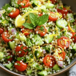 To make a tasty lemon herb couscous salad, you need the following ingredients: - 1 cup couscous - 1 1/4 cups vegetable broth - 1/2 cup cherry tomatoes, halved - 1/2 cucumber, diced - 1/4 red onion, finely chopped - 1/4 cup fresh parsley, chopped - 1/4 cup fresh mint, chopped - 2 tablespoons olive oil - 2 tablespoons lemon juice - Zest of 1 lemon - Salt and pepper to taste These ingredients come together to create a fresh and bright dish. The couscous serves as a fluffy base, while the veggies add crunch and color. The herbs bring a lovely aroma, making each bite a delight. You can add some extra ingredients to make this salad even better. Here are some ideas: - Avocado for creaminess - Feta cheese for a salty kick - Chickpeas for protein - Bell peppers for sweetness - Nuts or seeds for crunch These add-ins can change the flavor and texture of the salad. Feel free to mix and match to find your favorite combination. To prepare this salad easily, you need a few basic tools: - Medium saucepan for cooking the couscous - Large mixing bowl for combining the ingredients - Small bowl for whisking the dressing - Fork for fluffing the couscous Having the right tools helps make the process smooth and enjoyable. Now you’re ready to create this refreshing dish! For the Full Recipe, check the details provided. First, grab a medium saucepan. Pour in the vegetable broth and bring it to a boil. Once it bubbles, stir in the couscous. Cover the pan tightly and take it off the heat. Let it sit for five minutes. This step lets the couscous soak up all that tasty broth. After five minutes, use a fork to fluff the couscous. This makes it light and airy. Now, let the couscous cool for a few minutes. You want it to be warm, but not hot. While it cools, prepare a large mixing bowl. Add the cooled couscous to the bowl. Next, toss in the halved cherry tomatoes, diced cucumber, finely chopped red onion, parsley, and mint. Mix these fresh ingredients gently. This brings out the bright flavors and makes a colorful salad. In a small bowl, whisk together the olive oil, lemon juice, and lemon zest. Add salt and pepper to taste. Make sure it blends well. This dressing adds zing to the salad. Once mixed, pour the dressing over the couscous mixture. Toss everything gently until all the ingredients are well coated. Taste your salad and adjust the seasoning if needed. You can add more salt, pepper, or lemon juice for extra flavor. For the full recipe, check out the link. To make perfect couscous, start with the right broth. Using vegetable broth adds flavor. Boil the broth, then stir in the couscous. Cover the pan and take it off the heat. Let it sit for five minutes. This lets the couscous absorb all the liquid. After that, fluff it with a fork. This step keeps the grains light and airy. For great flavor, use fresh herbs like parsley and mint. They brighten every bite. Don't forget the lemon juice and zest. They add a tangy twist. You can also add salt and pepper to taste. For a spicy kick, try a pinch of red pepper flakes. Mix and taste as you go, adjusting to your liking. When mixing the salad, do it gently. Use a large bowl to prevent spills. Add the cooled couscous first. Then, add your chopped veggies and herbs. Pour the dressing over the top. Toss lightly to coat everything. This keeps the veggies from getting mushy. Taste again, and adjust the seasoning if needed. For extra flair, serve with lemon zest on top. For the step-by-step process, check out the Full Recipe. {{image_2}} Want to make your salad heartier? Adding protein is a great choice. Chickpeas are a fantastic option. They add a nice texture and boost nutrition. Just rinse and drain a can of chickpeas before adding them. If you prefer meat, grilled chicken works well too. Cut it into bite-sized pieces and mix it in. You can easily change the veggies based on the season. In spring, try adding asparagus or peas. In summer, bell peppers and zucchini shine bright. Fall brings great choices like roasted butternut squash or sweet potatoes. These swaps keep your salad fresh and exciting. If you want to switch up the flavor, try different dressings. A yogurt-based dressing adds creaminess. A balsamic vinaigrette gives a sweet-tart twist. You can even use tahini for a nutty taste. Experimenting with dressings can make the same base salad feel brand new. For the full recipe, check out the details above. Happy cooking! To keep your Lemon Herb Couscous Salad fresh, place it in an airtight container. Make sure the lid seals well to keep out air. This will keep the salad crisp and tasty. If you have extra dressing, store it separately. This way, you can add it just before eating. When stored correctly, the salad lasts about 3 to 5 days in the fridge. If you notice any change in smell or color, it’s best to toss it. Always trust your senses to keep your food safe. Couscous salad is best served cold or at room temperature. If you prefer it warm, you can microwave it. Heat it in short bursts of 30 seconds. Stir between each time to avoid hot spots. However, the fresh flavors shine when served cold, so enjoy it that way if you can! Couscous is a type of pasta made from semolina wheat. It looks like tiny pearls. To make couscous, you boil water or broth, then stir in the couscous. After you cover it, let it sit for about five minutes. The couscous will absorb the liquid and become fluffy. You can then fluff it with a fork for a light texture. Yes, you can make this salad ahead of time. It tastes even better after sitting in the fridge for a few hours or overnight. The flavors have time to blend. Just keep it in an airtight container. When you are ready to serve, give it a gentle toss to mix everything again. Couscous salad pairs well with many dishes. Here are some great options: - Grilled chicken or fish - Roasted vegetables - Hummus with pita bread - A simple green salad - Stuffed bell peppers These side dishes add variety and enhance the meal. To make this recipe gluten-free, use gluten-free couscous or quinoa. Both grains work well in salads. Make sure to check labels for hidden gluten in other ingredients. Some vegetable broths may contain gluten, so choose a gluten-free broth. You can find the Full Recipe for Lemon Herb Couscous Salad in the earlier sections of this article. This recipe includes all the ingredients and steps to make this delicious dish. Enjoy creating your salad! In this blog post, we explored making a Lemon Herb Couscous Salad. We covered the key ingredients and tools needed, along with a step-by-step cooking guide. I shared tips on perfecting texture and flavor. Plus, we looked at variations to suit your taste and how to store leftovers properly. This salad is easy to make and packed with flavor. I hope you enjoy making it as much as I do!