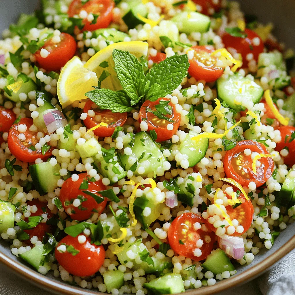 To make a tasty lemon herb couscous salad, you need the following ingredients: - 1 cup couscous - 1 1/4 cups vegetable broth - 1/2 cup cherry tomatoes, halved - 1/2 cucumber, diced - 1/4 red onion, finely chopped - 1/4 cup fresh parsley, chopped - 1/4 cup fresh mint, chopped - 2 tablespoons olive oil - 2 tablespoons lemon juice - Zest of 1 lemon - Salt and pepper to taste These ingredients come together to create a fresh and bright dish. The couscous serves as a fluffy base, while the veggies add crunch and color. The herbs bring a lovely aroma, making each bite a delight. You can add some extra ingredients to make this salad even better. Here are some ideas: - Avocado for creaminess - Feta cheese for a salty kick - Chickpeas for protein - Bell peppers for sweetness - Nuts or seeds for crunch These add-ins can change the flavor and texture of the salad. Feel free to mix and match to find your favorite combination. To prepare this salad easily, you need a few basic tools: - Medium saucepan for cooking the couscous - Large mixing bowl for combining the ingredients - Small bowl for whisking the dressing - Fork for fluffing the couscous Having the right tools helps make the process smooth and enjoyable. Now you’re ready to create this refreshing dish! For the Full Recipe, check the details provided. First, grab a medium saucepan. Pour in the vegetable broth and bring it to a boil. Once it bubbles, stir in the couscous. Cover the pan tightly and take it off the heat. Let it sit for five minutes. This step lets the couscous soak up all that tasty broth. After five minutes, use a fork to fluff the couscous. This makes it light and airy. Now, let the couscous cool for a few minutes. You want it to be warm, but not hot. While it cools, prepare a large mixing bowl. Add the cooled couscous to the bowl. Next, toss in the halved cherry tomatoes, diced cucumber, finely chopped red onion, parsley, and mint. Mix these fresh ingredients gently. This brings out the bright flavors and makes a colorful salad. In a small bowl, whisk together the olive oil, lemon juice, and lemon zest. Add salt and pepper to taste. Make sure it blends well. This dressing adds zing to the salad. Once mixed, pour the dressing over the couscous mixture. Toss everything gently until all the ingredients are well coated. Taste your salad and adjust the seasoning if needed. You can add more salt, pepper, or lemon juice for extra flavor. For the full recipe, check out the link. To make perfect couscous, start with the right broth. Using vegetable broth adds flavor. Boil the broth, then stir in the couscous. Cover the pan and take it off the heat. Let it sit for five minutes. This lets the couscous absorb all the liquid. After that, fluff it with a fork. This step keeps the grains light and airy. For great flavor, use fresh herbs like parsley and mint. They brighten every bite. Don't forget the lemon juice and zest. They add a tangy twist. You can also add salt and pepper to taste. For a spicy kick, try a pinch of red pepper flakes. Mix and taste as you go, adjusting to your liking. When mixing the salad, do it gently. Use a large bowl to prevent spills. Add the cooled couscous first. Then, add your chopped veggies and herbs. Pour the dressing over the top. Toss lightly to coat everything. This keeps the veggies from getting mushy. Taste again, and adjust the seasoning if needed. For extra flair, serve with lemon zest on top. For the step-by-step process, check out the Full Recipe. {{image_2}} Want to make your salad heartier? Adding protein is a great choice. Chickpeas are a fantastic option. They add a nice texture and boost nutrition. Just rinse and drain a can of chickpeas before adding them. If you prefer meat, grilled chicken works well too. Cut it into bite-sized pieces and mix it in. You can easily change the veggies based on the season. In spring, try adding asparagus or peas. In summer, bell peppers and zucchini shine bright. Fall brings great choices like roasted butternut squash or sweet potatoes. These swaps keep your salad fresh and exciting. If you want to switch up the flavor, try different dressings. A yogurt-based dressing adds creaminess. A balsamic vinaigrette gives a sweet-tart twist. You can even use tahini for a nutty taste. Experimenting with dressings can make the same base salad feel brand new. For the full recipe, check out the details above. Happy cooking! To keep your Lemon Herb Couscous Salad fresh, place it in an airtight container. Make sure the lid seals well to keep out air. This will keep the salad crisp and tasty. If you have extra dressing, store it separately. This way, you can add it just before eating. When stored correctly, the salad lasts about 3 to 5 days in the fridge. If you notice any change in smell or color, it’s best to toss it. Always trust your senses to keep your food safe. Couscous salad is best served cold or at room temperature. If you prefer it warm, you can microwave it. Heat it in short bursts of 30 seconds. Stir between each time to avoid hot spots. However, the fresh flavors shine when served cold, so enjoy it that way if you can! Couscous is a type of pasta made from semolina wheat. It looks like tiny pearls. To make couscous, you boil water or broth, then stir in the couscous. After you cover it, let it sit for about five minutes. The couscous will absorb the liquid and become fluffy. You can then fluff it with a fork for a light texture. Yes, you can make this salad ahead of time. It tastes even better after sitting in the fridge for a few hours or overnight. The flavors have time to blend. Just keep it in an airtight container. When you are ready to serve, give it a gentle toss to mix everything again. Couscous salad pairs well with many dishes. Here are some great options: - Grilled chicken or fish - Roasted vegetables - Hummus with pita bread - A simple green salad - Stuffed bell peppers These side dishes add variety and enhance the meal. To make this recipe gluten-free, use gluten-free couscous or quinoa. Both grains work well in salads. Make sure to check labels for hidden gluten in other ingredients. Some vegetable broths may contain gluten, so choose a gluten-free broth. You can find the Full Recipe for Lemon Herb Couscous Salad in the earlier sections of this article. This recipe includes all the ingredients and steps to make this delicious dish. Enjoy creating your salad! In this blog post, we explored making a Lemon Herb Couscous Salad. We covered the key ingredients and tools needed, along with a step-by-step cooking guide. I shared tips on perfecting texture and flavor. Plus, we looked at variations to suit your taste and how to store leftovers properly. This salad is easy to make and packed with flavor. I hope you enjoy making it as much as I do!