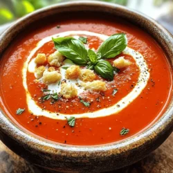 To make a tasty creamy tomato basil soup, you need a few key ingredients: - 2 tablespoons olive oil - 1 medium onion, diced - 2 cloves garlic, minced - 1 (28-ounce) can crushed tomatoes - 2 cups vegetable broth These ingredients form the base of your soup. The olive oil adds richness, while the onion and garlic bring depth of flavor. Crushed tomatoes give the soup its signature color and taste, and vegetable broth provides a savory backdrop. You can make your soup even better with these optional ingredients: - 1 tablespoon balsamic vinegar - 1 teaspoon sugar - 1 cup heavy cream (or coconut cream for a vegan option) - 1/2 cup fresh basil leaves, chopped - Optional: Croutons for garnish Balsamic vinegar and sugar can enhance sweetness and balance acidity. Heavy cream makes the soup creamy, while coconut cream is a great dairy-free choice. Fresh basil adds a burst of flavor, and croutons give a nice crunch. Each serving of this creamy tomato basil soup is packed with nutrition: - Calories: 300 - Fat: 20g - Carbohydrates: 25g - Protein: 5g This soup is hearty and satisfying. You can enjoy it without guilt, knowing it offers a good balance of flavors and nutrients. For the full recipe, check out Creamy Tomato Basil Bliss. To start, you need to sauté the onions and garlic. Heat 2 tablespoons of olive oil in a large pot over medium heat. Add one medium onion, diced. Cook for 5 to 7 minutes until it becomes soft and clear. This brings out the sweet taste of the onion. Then, add 2 cloves of minced garlic. Cook for another 1 to 2 minutes. The garlic should smell amazing! Next, it’s time to combine the ingredients for simmering. Pour in one 28-ounce can of crushed tomatoes and 2 cups of vegetable broth. Add 1 tablespoon of balsamic vinegar and 1 teaspoon of sugar. Season with salt and pepper. Mix it all well. Bring this mixture to a simmer. Let it cook for 20 minutes. This lets all the flavors mix together. Now it’s time to make the soup creamy! You can use an immersion blender for this step. Just blend the soup right in the pot until it’s smooth. If you don’t have one, carefully pour the soup into a standard blender, then blend. This gives you that rich, creamy texture you want. After blending, return the soup to low heat. Stir in 1 cup of heavy cream. You can use coconut cream if you want a vegan option. Heat it through but do not let it boil. Now, fold in 1/2 cup of fresh basil leaves. This will make the soup taste fresh and vibrant. Before serving, taste the soup and adjust the seasoning if needed. You can add more salt or pepper to fit your taste. When ready, serve this soup in bowls. You can garnish it with a drizzle of cream, some fresh basil, and croutons for a nice crunch. For the full recipe, check out the details above. Enjoy your cooking! To make your Creamy Tomato Basil Soup rich and smooth, use heavy cream or coconut cream. Heavy cream gives a rich texture, while coconut cream offers a vegan option. Avoid using low-fat creams; they can make the soup thin and watery. Common mistakes include adding the cream too early or boiling the soup after adding the cream. Always add the cream last and keep the heat low to maintain that smooth texture. To boost the flavor, try adding more herbs like oregano or thyme. A pinch of red pepper flakes can also add a nice kick. If your soup tastes too acidic, balance it with a teaspoon of sugar or a splash of vinegar. These ingredients help round out the flavors. Pair your soup with crusty bread or a fresh salad for a complete meal. You can also add croutons on top for a crunchy texture. For a creative touch, drizzle some cream on the surface and sprinkle fresh basil leaves. This not only looks beautiful but also enhances the flavor. For the full recipe, check out the Creamy Tomato Basil Bliss . {{image_2}} To make Creamy Tomato Basil Soup vegan, you can swap out the heavy cream. Use coconut cream instead; it brings a nice richness. For broth, choose vegetable broth. This keeps the flavor vibrant while making the soup plant-based. Fresh tomatoes can replace canned ones for a brighter taste. If you do this, use about 2 pounds of ripe tomatoes. Blanch and peel them before adding. Adding extra veggies boosts nutrition. Try carrots or spinach for color and health benefits. Just chop them finely and cook with the onions. Add Italian flavors like oregano or thyme to deepen the taste. For a spicy kick, toss in some diced peppers or chili flakes. This gives the soup a fun, fiery twist. You can also add a splash of balsamic vinegar for a sweet depth. All these twists make the soup exciting and unique. For the full recipe, check out the Creamy Tomato Basil Bliss section. To store leftover soup, let it cool first. Pour it into a clean, airtight container. Make sure to leave some space at the top for expansion. You can store it in the fridge for up to five days. When you want to eat it again, just reheat it gently on the stove. If you have more soup than you can eat, freezing is a great option. Use freezer-safe containers or bags. Pour the cooled soup into them, leaving space at the top. This helps it freeze well without breaking the container. To thaw, move the soup to the fridge for a few hours or overnight. If you’re in a hurry, you can also use the microwave. When reheating, do it slowly on the stove. Stir often to keep it smooth. In the fridge, your creamy tomato basil soup will last about five days. In the freezer, it can last for up to three months. Be sure to label the containers with the date. This way, you won’t forget how long it has been stored. Enjoy your delicious soup whenever you want! You can make this soup healthier in a few simple ways. First, swap heavy cream for coconut cream or a low-fat option. This change cuts down on calories while still keeping it creamy. You can also use low-sodium vegetable broth to reduce salt. If you want more veggies, add carrots or spinach. They boost nutrition without changing the taste much. Lastly, use fresh tomatoes instead of canned ones for more vitamins. Yes, you can use dried herbs. However, fresh basil gives a brighter flavor. If you use dried, reduce the amount since it’s stronger. A good rule is to use one-third of the amount of dried herbs. Mix them in at the start to let their flavors bloom. Keep in mind that the taste will change slightly, but it will still be delicious. This soup pairs well with many sides. A classic choice is grilled cheese sandwiches. Their crunch complements the soup’s creaminess. You can also serve a fresh salad with mixed greens. Croutons add a nice crunch too. For a twist, try garlic bread or a savory focaccia. Each option enhances your meal and makes it more filling. For the full recipe, check out the earlier section! This post covered key ingredients for creamy tomato basil soup and how to make it. I shared steps for preparation, blending, and serving. You learned tips for perfect texture and flavor, along with creative variations. Remember to store leftovers properly and know how long they last. With these insights, you can create a delicious soup. Enjoy experimenting with flavors and make it your own!
