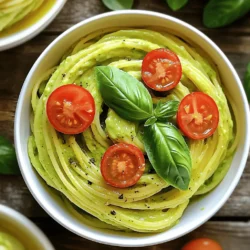 To make creamy avocado pasta, you need some simple ingredients. Here are the key items: - 12 ounces spaghetti or your favorite pasta - 2 ripe avocados, halved and pitted - 3 cloves garlic, minced - 1/4 cup fresh basil leaves, plus extra for garnish - 2 tablespoons lemon juice - 1/4 cup olive oil - 1/4 teaspoon red pepper flakes (optional) - Salt and pepper to taste - 1/4 cup grated Parmesan cheese (or nutritional yeast for a vegan option) - Cherry tomatoes, halved (for garnish) These ingredients blend together to create a rich, creamy sauce that will coat your pasta perfectly. The ripe avocados add a smooth texture, while the garlic and lemon juice give it a fresh kick. You can easily customize this dish based on your tastes. Here are some optional ingredients to consider: - Spinach or kale for added greens - Grilled chicken or shrimp for protein - A squeeze of lime for extra zest - Chopped nuts for crunch, like pine nuts or walnuts Feel free to experiment! Each addition can change the flavor and texture of your dish. Each serving of creamy avocado pasta offers a balanced meal. Here’s the nutritional breakdown: - Calories: 400 - Protein: 10g - Carbohydrates: 55g - Fat: 18g - Fiber: 8g This dish is not just tasty; it's also packed with nutrients. The avocados provide healthy fats, while the pasta offers energy and fiber. Enjoy this meal knowing it’s both delicious and good for you! For the complete recipe, check out the Full Recipe. First, boil a large pot of salted water. Add 12 ounces of spaghetti. Cook it until al dente, which takes about 8 to 10 minutes. This gives the pasta a nice bite. Save 1 cup of the pasta water before draining. Set the pasta aside in a big bowl. For the sauce, grab 2 ripe avocados. Cut them in half and remove the pits. In a food processor, add the avocados, 3 minced garlic cloves, and 1/4 cup of fresh basil leaves. Pour in 2 tablespoons of lemon juice and 1/4 cup of olive oil. If you like a bit of heat, add 1/4 teaspoon of red pepper flakes. Blend everything until it's creamy. Taste the sauce and add salt and pepper as needed. If it feels too thick, mix in some reserved pasta water until you reach your preferred thickness. Now, pour the avocado sauce over the cooked pasta. Toss well to coat every strand. Then, stir in 1/4 cup of grated Parmesan cheese, or nutritional yeast for a vegan option. Mix until fully combined. Serve right away for the best flavor. Top with halved cherry tomatoes and extra basil for a nice touch. For more details, check the Full Recipe. To make the best avocado sauce, start with ripe avocados. They should feel soft but not mushy. When you blend, add olive oil slowly. This helps mix well. If your sauce is thick, add reserved pasta water. This gives it a smooth, creamy texture. Blend until there are no lumps. For richer flavor, use fresh basil. It gives a bright taste. You can also add lemon juice for zest. If you like heat, sprinkle in red pepper flakes. Mix in some salt and pepper. Taste as you go to find the right balance. Serve your creamy avocado pasta in bowls. Top it with halved cherry tomatoes for color. Add more fresh basil for a nice touch. You can also sprinkle extra Parmesan cheese on top. This adds flavor and makes the dish look nice. For the full recipe, check out the details above. {{image_2}} To make creamy avocado pasta vegan, skip the cheese. Instead, use nutritional yeast for a cheesy flavor. This option keeps your dish rich while being plant-based. You can also add a splash of plant milk to make the sauce even creamier. Adding protein boosts the meal's heartiness. Grilled chicken makes a great choice. Cook it with some salt and pepper for flavor. Shrimp is another tasty option. Just sauté them until they turn pink. For a plant-based choice, cube firm tofu and pan-fry it. This adds texture and protein to your dish. You can swap out spaghetti for other pasta types. Try penne or fusilli for a fun twist. Whole wheat pasta adds fiber and nutrients. If you want gluten-free, use chickpea or zucchini noodles. These options keep your meal light and healthy. Find the full recipe for creamy avocado pasta to explore these variations further. You can store leftover creamy avocado pasta in the fridge. Place it in an airtight container. It will stay fresh for up to three days. The avocado sauce may darken, but it is still safe to eat. To keep it bright, add a little lemon juice before storing. When you reheat the pasta, do it slowly. Use a pan on low heat. Add a splash of water or olive oil to help it regain its creaminess. Stir often to prevent sticking. You can also use the microwave. Heat in short bursts, stirring in between. Freezing creamy avocado pasta is not the best option. The sauce may change texture when thawed. If you must freeze it, do so without the sauce. Cooked pasta can freeze well for up to three months. When ready to eat, thaw it in the fridge overnight. Then, mix it with fresh avocado sauce. For the full recipe, check out the section above. To make your avocado pasta creamy, use ripe avocados. Ripe avocados blend smoothly. You can add olive oil and lemon juice for extra richness. If the sauce is thick, add reserved pasta water until it reaches your desired creaminess. This method keeps the sauce light and fresh. Yes, you can use any pasta you like. Spaghetti works well, but penne or fusilli also taste great. Whole wheat or gluten-free pasta are good options too. Just cook the pasta according to the package directions for best results. If you need a substitute for Parmesan cheese, try nutritional yeast. It has a cheesy flavor and is vegan. You can also use a mix of ground nuts for a similar taste. Another option is to use grated Pecorino cheese for a different twist. Creamy avocado pasta is quite healthy. Avocados provide good fats, vitamins, and fiber. The dish is also fresh and light. You can add veggies like spinach or cherry tomatoes for more nutrients. Overall, it’s a tasty meal that supports a balanced diet. For the full recipe, check out the details above. Enjoy your cooking! This blog post covered the essential ingredients for creamy avocado pasta, from key components to nutritional info. I shared simple steps to make a delicious dish, along with tips for the best texture and flavors. You now have ideas for variations and storage tips to enjoy it later. Creamy avocado pasta is not just tasty; it's also easy to customize. Try your favorite add-ins and have fun with this dish! Enjoy creating a meal that is both healthy and delightful.