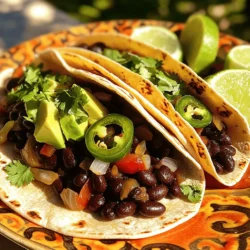 Creating Spicy Black Bean Tacos means using simple, fresh ingredients. Each one adds to the flavor and texture. Here’s what you need: - 2 cups canned black beans, rinsed and drained - 1 tablespoon olive oil - 1 small onion, diced - 2 cloves garlic, minced - 1 red bell pepper, diced - 1 jalapeño, seeds removed and minced - 1 teaspoon ground cumin - 1 teaspoon smoked paprika - Salt and pepper to taste - 8 small corn tortillas - 1 avocado, sliced - Fresh cilantro, for garnish - Lime wedges, for serving These ingredients come together to create a tasty, fulfilling meal. The black beans bring protein, while the spices add warmth. You can find the full recipe easily if you want to dive deeper into the cooking process. 1. Heat 1 tablespoon of olive oil in a medium skillet over medium heat. 2. Add 1 small diced onion and sauté for about 3-4 minutes until it softens. 3. Next, add 2 minced garlic cloves, 1 diced red bell pepper, and 1 minced jalapeño. Cook for 2-3 minutes, stirring often. 4. Incorporate 2 cups of rinsed and drained black beans, 1 teaspoon of ground cumin, 1 teaspoon of smoked paprika, and salt and pepper to taste. Cook for 5-7 minutes to let the flavors blend. 5. While the black bean mixture cooks, warm 8 small corn tortillas in another skillet over low heat for about 1 minute on each side until they are pliable. 1. Spoon the black bean mixture onto each warmed tortilla. 2. Add a few slices of avocado and a sprinkle of fresh cilantro on top. 3. Serve with lime wedges on the side for a zesty kick. These steps are simple and fun, making cooking a breeze. Enjoy your Spicy Black Bean Tacos! For the full recipe, check out the previous section. To make the best Spicy Black Bean Tacos, heat the beans well. This helps bring out their rich flavor. You can also adjust the spice level by changing the jalapeño amount. If you want it mild, use less. For a kick, add more! A vibrant plate makes your tacos pop. Arrange the tacos neatly and add lime wedges for color. Fresh herbs like cilantro add beauty and flavor. Scatter them on top for a lovely finish. This makes your meal look as good as it tastes! {{image_2}} You can easily swap out some ingredients in this recipe. Here are a couple of ideas: - Use different beans like kidney or pinto beans. Both add great flavor. - Substitute corn tortillas with flour tortillas for a softer texture. Flour tortillas can hold more filling. These simple changes can give your tacos a new twist while keeping them delicious. You can also change the flavors in your tacos to suit your taste. Here are some great options: - Add cheese or sour cream for creaminess. These toppings can make the tacos richer. - Experiment with different spices like chili powder or oregano. Both spices can enhance the taste and give it a unique flair. Feel free to mix and match these ideas to create your perfect spicy black bean tacos! For the full recipe, check out the details above. Store any leftover black bean mixture in an airtight container. It stays fresh for up to 3 days. Make sure to let it cool before sealing. This way, you keep the flavors intact. You can easily reheat it in a skillet or microwave. Just add a splash of water if it seems dry. If you want to save the black bean mixture, freeze it. You can freeze it before you make the tacos. Store it in a freezer-safe bag or container. It will last for up to 3 months. When you're ready to use it, thaw it in the fridge overnight. Then, reheat it before assembling your tacos. This method saves time and gives you a quick meal option later. For the full recipe, check the details above. Yes, you can prepare the black bean filling in advance and store it in the fridge. This saves time and makes it easy to enjoy a tasty meal later. Just warm the filling when you're ready to eat. It stays delicious for up to three days in the fridge. All ingredients are already vegan except for toppings like cheese. You can simply omit the cheese or replace it with a vegan option. This way, everyone can enjoy them, whether they follow a vegan diet or not. Consider side dishes like rice, salad, or corn salsa. These add great flavors and textures to your meal. They also help round out the meal, making it more filling and satisfying. You can mix and match to find your favorite combo! These Spicy Black Bean Tacos are simple to make and full of flavor. We covered ingredients, step-by-step instructions, and some fun variations. You can personalize these tacos with different toppings or spices to fit your taste. Remember, the black bean mixture is easy to store for quick meals later. Enjoy your cooking and share these delicious tacos with friends and family. They will love them just as much as you do!