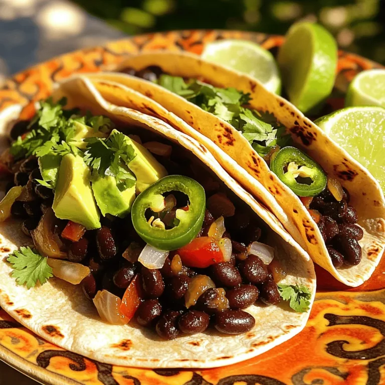 Creating Spicy Black Bean Tacos means using simple, fresh ingredients. Each one adds to the flavor and texture. Here’s what you need: - 2 cups canned black beans, rinsed and drained - 1 tablespoon olive oil - 1 small onion, diced - 2 cloves garlic, minced - 1 red bell pepper, diced - 1 jalapeño, seeds removed and minced - 1 teaspoon ground cumin - 1 teaspoon smoked paprika - Salt and pepper to taste - 8 small corn tortillas - 1 avocado, sliced - Fresh cilantro, for garnish - Lime wedges, for serving These ingredients come together to create a tasty, fulfilling meal. The black beans bring protein, while the spices add warmth. You can find the full recipe easily if you want to dive deeper into the cooking process. 1. Heat 1 tablespoon of olive oil in a medium skillet over medium heat. 2. Add 1 small diced onion and sauté for about 3-4 minutes until it softens. 3. Next, add 2 minced garlic cloves, 1 diced red bell pepper, and 1 minced jalapeño. Cook for 2-3 minutes, stirring often. 4. Incorporate 2 cups of rinsed and drained black beans, 1 teaspoon of ground cumin, 1 teaspoon of smoked paprika, and salt and pepper to taste. Cook for 5-7 minutes to let the flavors blend. 5. While the black bean mixture cooks, warm 8 small corn tortillas in another skillet over low heat for about 1 minute on each side until they are pliable. 1. Spoon the black bean mixture onto each warmed tortilla. 2. Add a few slices of avocado and a sprinkle of fresh cilantro on top. 3. Serve with lime wedges on the side for a zesty kick. These steps are simple and fun, making cooking a breeze. Enjoy your Spicy Black Bean Tacos! For the full recipe, check out the previous section. To make the best Spicy Black Bean Tacos, heat the beans well. This helps bring out their rich flavor. You can also adjust the spice level by changing the jalapeño amount. If you want it mild, use less. For a kick, add more! A vibrant plate makes your tacos pop. Arrange the tacos neatly and add lime wedges for color. Fresh herbs like cilantro add beauty and flavor. Scatter them on top for a lovely finish. This makes your meal look as good as it tastes! {{image_2}} You can easily swap out some ingredients in this recipe. Here are a couple of ideas: - Use different beans like kidney or pinto beans. Both add great flavor. - Substitute corn tortillas with flour tortillas for a softer texture. Flour tortillas can hold more filling. These simple changes can give your tacos a new twist while keeping them delicious. You can also change the flavors in your tacos to suit your taste. Here are some great options: - Add cheese or sour cream for creaminess. These toppings can make the tacos richer. - Experiment with different spices like chili powder or oregano. Both spices can enhance the taste and give it a unique flair. Feel free to mix and match these ideas to create your perfect spicy black bean tacos! For the full recipe, check out the details above. Store any leftover black bean mixture in an airtight container. It stays fresh for up to 3 days. Make sure to let it cool before sealing. This way, you keep the flavors intact. You can easily reheat it in a skillet or microwave. Just add a splash of water if it seems dry. If you want to save the black bean mixture, freeze it. You can freeze it before you make the tacos. Store it in a freezer-safe bag or container. It will last for up to 3 months. When you're ready to use it, thaw it in the fridge overnight. Then, reheat it before assembling your tacos. This method saves time and gives you a quick meal option later. For the full recipe, check the details above. Yes, you can prepare the black bean filling in advance and store it in the fridge. This saves time and makes it easy to enjoy a tasty meal later. Just warm the filling when you're ready to eat. It stays delicious for up to three days in the fridge. All ingredients are already vegan except for toppings like cheese. You can simply omit the cheese or replace it with a vegan option. This way, everyone can enjoy them, whether they follow a vegan diet or not. Consider side dishes like rice, salad, or corn salsa. These add great flavors and textures to your meal. They also help round out the meal, making it more filling and satisfying. You can mix and match to find your favorite combo! These Spicy Black Bean Tacos are simple to make and full of flavor. We covered ingredients, step-by-step instructions, and some fun variations. You can personalize these tacos with different toppings or spices to fit your taste. Remember, the black bean mixture is easy to store for quick meals later. Enjoy your cooking and share these delicious tacos with friends and family. They will love them just as much as you do!