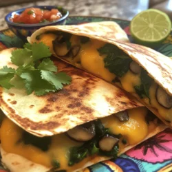 To make delicious mushroom and spinach quesadillas, gather these fresh items: - 2 cups fresh spinach, chopped - 1 cup mushrooms, sliced (cremini or button) - 1 small onion, finely chopped - 2 cloves garlic, minced - 1 teaspoon olive oil - 1 teaspoon cumin powder - 1/2 teaspoon smoked paprika - Salt and pepper to taste - 4 flour tortillas (8-inch) - 1 cup shredded mozzarella cheese - 1 cup shredded cheddar cheese - Fresh cilantro, for garnish - Sour cream, for serving (optional) These ingredients create a great balance of flavors and textures. The spinach adds a fresh taste, while mushrooms bring a savory depth. The cheeses melt beautifully together, making each bite satisfying. You can find the full recipe to guide you through the cooking process. Enjoy the ease of preparing this meal with simple yet tasty ingredients. - Heat 1 teaspoon of olive oil in a large skillet over medium heat. - Add 1 small finely chopped onion and sauté until soft, about 3-4 minutes. - Stir in 2 cloves of minced garlic and 1 cup of sliced mushrooms. Cook until the mushrooms are tender, about 5-7 minutes. - Next, add 2 cups of chopped spinach to the skillet. Cook until it wilts, about 2 minutes. - Season the mixture with 1 teaspoon of cumin powder, 1/2 teaspoon of smoked paprika, salt, and pepper to taste. Mix well and remove from heat. - Lay a tortilla flat in the skillet over low heat. - Sprinkle half of 1 cup of shredded mozzarella cheese and half of 1 cup of shredded cheddar cheese on one half of the tortilla. - Spoon a generous amount of the mushroom and spinach filling over the cheese. - Top with the remaining cheese before folding the tortilla in half. - Cook for about 3-4 minutes on each side, or until golden brown and the cheese melts. Repeat with the rest of the tortillas. - After cooking, remove the quesadillas from the skillet and let them rest for 1-2 minutes. - Slice the quesadillas into wedges for easy serving. - Garnish with fresh cilantro and serve with optional sour cream on the side. - For a colorful presentation, serve with a wedge of lime and a side of salsa or guacamole. To make your mushroom and spinach quesadillas shine, start with sautéing your vegetables right. Use medium heat to avoid burning. Add the onion first and cook until it is soft. This brings out the sweet flavor. Next, toss in the mushrooms. They should cook until brown and tender. This process adds depth to the quesadilla. Finally, add the spinach. It cooks quickly and keeps its vibrant color. For crispy tortillas, use a bit of oil in the pan. Heat the skillet before adding your quesadilla. Cook it slowly to allow the cheese to melt. Flip when golden brown. This creates a nice crunch. Add spices to elevate your quesadilla. Try chili powder for heat or oregano for a fresh taste. You can also mix in some fresh herbs like parsley or cilantro. These will add a burst of flavor to your filling. Dipping sauces can make your meal even better. Sour cream pairs well, but guacamole is a great choice too. You might also enjoy salsa for a zesty kick. These dips add extra taste and make your dish more fun. To keep your quesadillas from getting soggy, avoid overfilling them. Use just enough filling to allow the tortilla to seal. Also, make sure your filling is not too wet. Let excess moisture drip off before adding it to the tortilla. If you notice uneven cooking, check your heat. A consistent, medium heat works best. If one side cooks faster, try flipping the quesadilla more often. This helps ensure it cooks evenly. {{image_2}} You can easily change the flavor of your quesadillas. Here are some fun ideas: - Cheese: Use pepper jack for spice, or goat cheese for tang. - Veggies: Try bell peppers, zucchini, or corn for extra crunch. These swaps can keep your meals exciting and fresh. You can mix and match to find your favorite flavor combo. If you have dietary needs, don’t worry! You can adapt this recipe: - Gluten-Free: Look for gluten-free tortillas made from corn or rice. - Vegetarian/Vegan: Skip the cheese or use vegan cheese for a plant-based option. These adjustments help you enjoy this dish no matter your diet. You can still savor the yummy flavors while meeting your needs. To keep your quesadillas fresh, place them in the fridge. Use an airtight container. This helps prevent moisture loss and keeps them tasty. You can also wrap them tightly in plastic wrap. This keeps the quesadillas safe from air and smells in the fridge. Store them within two hours after cooking for best results. To reheat your quesadillas, the skillet method works best. Heat a non-stick skillet over low heat. Place the quesadilla in the skillet for about 3-4 minutes on each side. This way, the cheese melts evenly and the tortilla stays crisp. You can also use an oven. Place them on a baking sheet at 350°F (175°C) for about 10 minutes. If you want to freeze them, make sure to wrap them tightly in aluminum foil. This keeps them fresh for up to three months. When ready to eat, thaw in the fridge overnight before reheating. You can serve many sides with your quesadillas. Here are some great options: - Fresh salsa for a spicy kick - Guacamole for a creamy touch - A simple green salad for freshness - Mexican rice for a filling meal - Black beans for added protein These sides bring out the flavors in the quesadillas. They also add color and texture to your meal. Yes, you can prep these quesadillas in advance. Cook the filling and cool it down. Then, store it in the fridge for up to two days. You can also assemble the quesadillas ahead of time. Just keep them wrapped in plastic wrap. When ready to eat, cook them on the stove until they are golden brown. This saves time on busy days. Leftover quesadillas last about three days in the fridge. Store them in an airtight container. To keep them fresh, separate the layers with parchment paper. When you want to eat them, reheat in a skillet or microwave. This will help maintain their crispiness. You can also freeze them for up to three months. For the best flavor, thaw before reheating. For the full recipe, check out the details above. In this post, we explored how to make delicious mushroom and spinach quesadillas. We covered the ingredients, step-by-step cooking, and tips for perfect results. You learned how to store and reheat leftovers, along with variations to customize your dish. Enjoying these quesadillas can bring joy to your meals. With the right steps, you can impress friends and family while savoring every bite. Keep experimenting to create your perfect quesadilla!