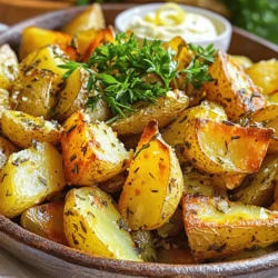 - 2 pounds baby potatoes, halved - 4 tablespoons olive oil - 6 cloves garlic, minced - 2 teaspoons dried rosemary - 2 teaspoons dried thyme - 1 teaspoon smoked paprika - Salt and pepper to taste - Fresh parsley, chopped - Presentation tips for serving The base of this dish starts with baby potatoes. They are small and tender, perfect for roasting. Halving them helps them cook evenly and adds crunch. Olive oil gives rich flavor and helps the potatoes crisp up in the oven. Garlic adds a punch of taste that you can't resist. For the spices, I use dried rosemary and dried thyme. These herbs bring a warm, earthy taste. Smoked paprika adds a slight smokiness that really enhances the dish. Salt and pepper balance all the flavors. Make sure to taste as you go! Garnishing with fresh parsley not only looks great but adds a fresh touch. When serving, I like to use a rustic bowl. It makes the dish feel warm and inviting. You can also add a sprig of parsley on top. If you want a dip, try lemon aioli for a zesty kick. For the full recipe, check out the detailed instructions to make this easy and delicious dish! - Preheat the oven to 425°F (220°C). - In a large bowl, mix the halved baby potatoes with minced garlic, olive oil, dried rosemary, dried thyme, smoked paprika, salt, and pepper. Toss until the potatoes are well-coated. This helps to bring out all the flavors. - Spread the seasoned potatoes on a baking sheet. Make sure they are in a single layer. This is key for even cooking. - Roast in the preheated oven for 25-30 minutes. Toss the potatoes halfway through to ensure they brown evenly. You want them golden and crispy on the outside, and tender inside. - Once the potatoes are done, take them out of the oven. Adjust the salt and pepper if needed. This is your chance to tweak the flavor. - Transfer the roasted potatoes to a serving dish. Garnish with fresh chopped parsley for a pop of color. This adds freshness and makes the dish look great. For the complete recipe, check the [Full Recipe]. Enjoy this crunchy and flavorful dish! To get crispy potatoes, start with good quality baby potatoes. Cut them in half for even cooking. Make sure to soak them in cold water for 30 minutes. This helps remove excess starch, leading to a crunchier finish. When you roast, place them on a baking sheet in a single layer. This is key. If you overcrowd the sheet, steam forms, and your potatoes won't get crispy. For extra flavor, consider adding fresh herbs like basil or oregano. You can also try spices like chili powder or cumin for a twist. Olive oil is the best choice for roasting potatoes. It has a rich flavor that enhances the herbs. You can also use avocado oil for a higher smoke point, which is great for roasting at high heat. Watch out for overcooking or undercooking your potatoes. Overcooked potatoes can become mushy, while undercooked ones stay hard inside. Aim for that golden brown color on the outside. Another mistake is not cutting the potatoes evenly. This leads to uneven cooking. Always ensure they are similar in size. For the best results, toss them halfway through roasting. This helps them cook evenly. For the full recipe, check out the link to create your own garlic herb roasted potatoes! {{image_2}} You can get creative with garlic herb roasted potatoes. For a Mediterranean twist, add olives and feta cheese. This mix brings a salty, tangy flavor that pairs well with the herbs. You can also try a spicy version. Just sprinkle some chili flakes into your mix. This adds a nice kick and makes the dish pop. If you want to cook these potatoes faster, try an air fryer. Set it to 400°F (200°C) and cook for about 15-20 minutes. Shake the basket halfway through for even cooking. You can also grill the potatoes for a smoky taste. Just place them in a grill basket and cook over medium heat for about 20 minutes. This adds a fun outdoor flavor. This recipe is easy to adapt for different diets. You can keep it vegan and gluten-free by sticking to the original ingredients. If you want a lower-fat option, use less oil or try a cooking spray. These changes still keep the flavor while making the dish lighter. For the full recipe, check out the link provided. To keep your garlic herb roasted potatoes fresh, store them in an airtight container. Make sure they cool down before sealing. This helps prevent sogginess. In the fridge, they last about 3 to 5 days. Use them in salads or as a side dish for quick meals. You can reheat roasted potatoes in the microwave or oven. If you choose the microwave, heat them for one to two minutes. However, the oven gives better results. Preheat the oven to 400°F (200°C) and spread the potatoes on a baking sheet. Bake for about 10 to 15 minutes. This method keeps them crispy. To ensure the best texture, toss them halfway through reheating. Yes, you can freeze garlic herb roasted potatoes! First, let them cool completely. Then, place them in a freezer bag and remove as much air as possible. They can last up to three months in the freezer. When ready to eat, thaw them in the fridge overnight. Then, reheat using the oven to bring back their crunch. To achieve crispy garlic herb roasted potatoes, choose the right oil and oven settings. Use a good amount of olive oil. This helps the potatoes brown nicely. Preheat your oven to 425°F (220°C). A hot oven gives the best results. Spread the potatoes in a single layer. Crowding the pan traps steam and makes them soggy. Toss the potatoes halfway through cooking. This ensures they crisp evenly. Yes, you can use other types of potatoes. Yukon Gold and red potatoes work well. They have a creamy texture and hold up during roasting. Fingerling potatoes are also great for their unique shape. Each type brings its own flavor and texture. Experiment with what you have on hand to find your favorite. These potatoes pair well with many dishes. Try serving them with roast chicken or grilled steak. They also go nicely with salmon or a hearty veggie dish. For sides, consider a fresh green salad or steamed vegetables. This balance adds color and nutrition to your meal. You can find the full recipe for garlic herb roasted potatoes [here](#). This link provides all the details for your cooking adventure. Garlic herb roasted potatoes are easy to make and taste amazing. You need baby potatoes, garlic, olive oil, and simple seasonings for great flavor. We covered the steps to roast them perfectly, along with tips and variations to try. Don't forget to store and reheat them well to keep that crispy texture. With all these ideas, you can enjoy delicious potatoes any time! Get creative and make this dish your own. Enjoy your cooking!