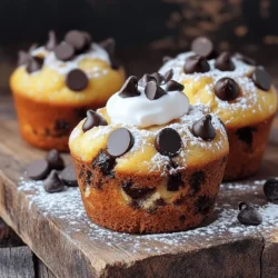 To make these delightful muffins, you'll need: - 2 ripe bananas, mashed - 1/2 cup granulated sugar - 1/4 cup brown sugar - 1/3 cup plain yogurt or applesauce - 1/4 cup melted coconut oil or vegetable oil - 1 large egg - 1 teaspoon vanilla extract - 1 teaspoon baking soda - 1/2 teaspoon baking powder - 1/4 teaspoon salt - 1 1/2 cups all-purpose flour - 1 cup dark chocolate chips - 1/2 cup chopped walnuts (optional) You can easily swap some ingredients in this recipe. For a healthier option, use applesauce instead of yogurt. You can also swap coconut oil for vegetable oil if preferred. If you want to skip the egg, try a flax egg. Just mix one tablespoon of ground flaxseed with three tablespoons of water. Let it sit for a few minutes before adding it to the mixture. For gluten-free muffins, use a gluten-free flour blend. These muffins are not just tasty; they're also quite nutritious. Each muffin has about: - Calories: 190 - Protein: 3g - Fat: 7g - Carbohydrates: 30g - Fiber: 2g - Sugar: 10g These numbers can change based on your ingredient choices. For instance, using applesauce instead of sugar can cut down on calories. You can find the full recipe [Full Recipe] for more details on cooking and serving. Making chocolate chip banana muffins is simple and fun. You will mix wet and dry ingredients separately. Then, combine them and bake. 1. Preheat the Oven: Start by preheating your oven to 350°F (175°C). This step is key for even baking. 2. Prepare the Muffin Tin: Line a muffin tin with paper liners. If you prefer, lightly grease each cup. 3. Mix Wet Ingredients: In a large bowl, mash two ripe bananas. Add granulated sugar, brown sugar, yogurt, melted coconut oil, egg, and vanilla extract. Stir until smooth. 4. Mix Dry Ingredients: In another bowl, whisk together baking soda, baking powder, salt, and all-purpose flour. 5. Combine Mixtures: Gradually add the dry mix to the wet mixture. Stir gently until just combined. Avoid overmixing to keep muffins light. 6. Add Chocolate Chips: Fold in one cup of dark chocolate chips. If you like, add half a cup of chopped walnuts too. 7. Fill Muffin Cups: Spoon the batter into the muffin cups. Fill each about three-quarters full. 8. Bake: Place the muffin tin in the oven. Bake for 18-20 minutes. Check with a toothpick; it should come out clean. 9. Cool: After baking, let the muffins cool in the tin for about five minutes. Then, transfer them to a wire rack to cool completely. Bake your muffins at 350°F (175°C) for 18-20 minutes. This temperature helps them rise nicely and stay moist. Enjoy them warm, or save some for later! For the full recipe, check [Full Recipe]. One common mistake is using unripe bananas. You want ripe bananas for the best taste. They add natural sweetness and moisture. Another mistake is overmixing the batter. Mix just until combined to keep muffins fluffy. Lastly, don’t skip the baking time. Keep an eye on them so they don’t burn. To keep your muffins moist, use ripe bananas. They have more sugars and moisture. Adding yogurt or applesauce also helps. These ingredients keep the muffins soft and tender. Make sure not to overbake them. Check for doneness with a toothpick; it should come out clean but not dry. Getting the right banana-to-sugar ratio is key. Two ripe bananas give enough natural sweetness. Use 1/2 cup of granulated sugar for balance. You can also add brown sugar for a richer taste. Adjust sugar if you want sweeter muffins. Experiment a bit to find your perfect mix. Try the Full Recipe to see how it all comes together! {{image_2}} You can easily swap some ingredients to make these muffins healthier. Here are my favorite substitutions: - Sugar: Use honey or maple syrup instead of granulated sugar. This adds natural sweetness. - Yogurt: Substitute with Greek yogurt or a dairy-free option like almond yogurt. Both keep the muffins moist. - Oil: Try applesauce or mashed avocado instead of oil. This reduces fat and adds creaminess. - Flour: Use whole wheat flour for added fiber. This makes the muffins more filling. Get creative by adding new flavors to your muffins! Here are some ideas: - Spices: Add cinnamon or nutmeg for warmth. These spices enhance the banana flavor. - Fruit: Toss in blueberries or chopped strawberries. They add a fresh burst of flavor. - Nut Butters: Swirl in peanut or almond butter. This adds richness and a nutty taste. - Zest: Grate some lemon or orange zest for a bright twist. This adds freshness and depth. To make gluten-free muffins, you can easily adjust the recipe. Here’s how: - Flour: Use a 1:1 gluten-free flour blend. These blends are made to replace regular flour without changing texture. - Xanthan Gum: If your blend doesn't contain it, add 1/2 teaspoon of xanthan gum. This helps bind the ingredients. - Baking Time: Keep an eye on baking time. Gluten-free muffins may need a minute or two more to bake properly. With these variations, you can make your chocolate chip banana muffins fit any diet or flavor preference. For the full recipe, check out the details in the recipe section above. To keep your muffins fresh, place them in an airtight container. This helps stop air from drying them out. You can also wrap them in plastic wrap for extra safety. Store them at room temperature for up to three days. If you want to keep them longer, consider freezing them. If you have extra muffins, freezing is a great option. Let the muffins cool completely first. Then, wrap each muffin in plastic wrap. After that, place them in a freezer bag. Remember to remove as much air as possible. These muffins can last in the freezer for about three months. To enjoy your muffins again, reheat them in the oven. Preheat it to 350°F (175°C). Place the muffins on a baking sheet and warm them for about 10 minutes. This method keeps them soft and tasty. You can also microwave them for about 15-20 seconds. Just be careful not to overheat them, or they may get tough. For a special touch, add a small pat of butter on top before reheating! Yes, you can use frozen bananas. Just thaw them first. Once thawed, mash them well. This adds great flavor and moisture. Using frozen bananas can also save you from waste. If you have overripe bananas, freeze them for later use. They work just as well in your muffins. To make these muffins dairy-free, swap yogurt for applesauce. You can also use non-dairy yogurt. Coconut oil is a great choice for oil. Make sure to check labels for dairy-free options. This way, you can enjoy the muffins without dairy. They will still taste amazing! You can add many fun mix-ins to your muffins. Here are a few ideas: - Chopped nuts like pecans or almonds - Dried fruit such as raisins or cranberries - Peanut or almond butter for a nutty twist - Shredded coconut for extra texture - Different types of chocolate chips, like white or butterscotch Feel free to get creative! Mix and match to find your favorite combination. You can make a new treat each time! For the full recipe, check out the Choco-Banana Bliss Muffins. You now know how to make delicious chocolate chip banana muffins. Start with fresh ingredients or smart swaps to meet your needs. Follow step-by-step instructions for perfect results. Keep in mind handy tips to avoid common mistakes and ensure moist muffins. Explore variations for healthy choices or mix-ins to make them your own. Finally, store or freeze leftovers to enjoy later. With these insights, you'll have muffins that delight every time you bake them. Happy baking!