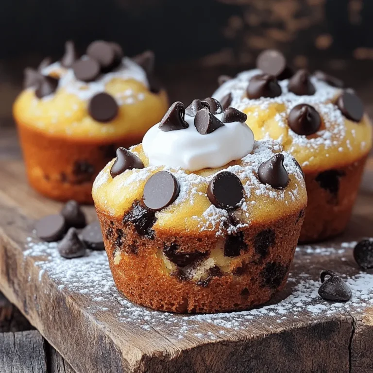 To make these delightful muffins, you'll need: - 2 ripe bananas, mashed - 1/2 cup granulated sugar - 1/4 cup brown sugar - 1/3 cup plain yogurt or applesauce - 1/4 cup melted coconut oil or vegetable oil - 1 large egg - 1 teaspoon vanilla extract - 1 teaspoon baking soda - 1/2 teaspoon baking powder - 1/4 teaspoon salt - 1 1/2 cups all-purpose flour - 1 cup dark chocolate chips - 1/2 cup chopped walnuts (optional) You can easily swap some ingredients in this recipe. For a healthier option, use applesauce instead of yogurt. You can also swap coconut oil for vegetable oil if preferred. If you want to skip the egg, try a flax egg. Just mix one tablespoon of ground flaxseed with three tablespoons of water. Let it sit for a few minutes before adding it to the mixture. For gluten-free muffins, use a gluten-free flour blend. These muffins are not just tasty; they're also quite nutritious. Each muffin has about: - Calories: 190 - Protein: 3g - Fat: 7g - Carbohydrates: 30g - Fiber: 2g - Sugar: 10g These numbers can change based on your ingredient choices. For instance, using applesauce instead of sugar can cut down on calories. You can find the full recipe [Full Recipe] for more details on cooking and serving. Making chocolate chip banana muffins is simple and fun. You will mix wet and dry ingredients separately. Then, combine them and bake. 1. Preheat the Oven: Start by preheating your oven to 350°F (175°C). This step is key for even baking. 2. Prepare the Muffin Tin: Line a muffin tin with paper liners. If you prefer, lightly grease each cup. 3. Mix Wet Ingredients: In a large bowl, mash two ripe bananas. Add granulated sugar, brown sugar, yogurt, melted coconut oil, egg, and vanilla extract. Stir until smooth. 4. Mix Dry Ingredients: In another bowl, whisk together baking soda, baking powder, salt, and all-purpose flour. 5. Combine Mixtures: Gradually add the dry mix to the wet mixture. Stir gently until just combined. Avoid overmixing to keep muffins light. 6. Add Chocolate Chips: Fold in one cup of dark chocolate chips. If you like, add half a cup of chopped walnuts too. 7. Fill Muffin Cups: Spoon the batter into the muffin cups. Fill each about three-quarters full. 8. Bake: Place the muffin tin in the oven. Bake for 18-20 minutes. Check with a toothpick; it should come out clean. 9. Cool: After baking, let the muffins cool in the tin for about five minutes. Then, transfer them to a wire rack to cool completely. Bake your muffins at 350°F (175°C) for 18-20 minutes. This temperature helps them rise nicely and stay moist. Enjoy them warm, or save some for later! For the full recipe, check [Full Recipe]. One common mistake is using unripe bananas. You want ripe bananas for the best taste. They add natural sweetness and moisture. Another mistake is overmixing the batter. Mix just until combined to keep muffins fluffy. Lastly, don’t skip the baking time. Keep an eye on them so they don’t burn. To keep your muffins moist, use ripe bananas. They have more sugars and moisture. Adding yogurt or applesauce also helps. These ingredients keep the muffins soft and tender. Make sure not to overbake them. Check for doneness with a toothpick; it should come out clean but not dry. Getting the right banana-to-sugar ratio is key. Two ripe bananas give enough natural sweetness. Use 1/2 cup of granulated sugar for balance. You can also add brown sugar for a richer taste. Adjust sugar if you want sweeter muffins. Experiment a bit to find your perfect mix. Try the Full Recipe to see how it all comes together! {{image_2}} You can easily swap some ingredients to make these muffins healthier. Here are my favorite substitutions: - Sugar: Use honey or maple syrup instead of granulated sugar. This adds natural sweetness. - Yogurt: Substitute with Greek yogurt or a dairy-free option like almond yogurt. Both keep the muffins moist. - Oil: Try applesauce or mashed avocado instead of oil. This reduces fat and adds creaminess. - Flour: Use whole wheat flour for added fiber. This makes the muffins more filling. Get creative by adding new flavors to your muffins! Here are some ideas: - Spices: Add cinnamon or nutmeg for warmth. These spices enhance the banana flavor. - Fruit: Toss in blueberries or chopped strawberries. They add a fresh burst of flavor. - Nut Butters: Swirl in peanut or almond butter. This adds richness and a nutty taste. - Zest: Grate some lemon or orange zest for a bright twist. This adds freshness and depth. To make gluten-free muffins, you can easily adjust the recipe. Here’s how: - Flour: Use a 1:1 gluten-free flour blend. These blends are made to replace regular flour without changing texture. - Xanthan Gum: If your blend doesn't contain it, add 1/2 teaspoon of xanthan gum. This helps bind the ingredients. - Baking Time: Keep an eye on baking time. Gluten-free muffins may need a minute or two more to bake properly. With these variations, you can make your chocolate chip banana muffins fit any diet or flavor preference. For the full recipe, check out the details in the recipe section above. To keep your muffins fresh, place them in an airtight container. This helps stop air from drying them out. You can also wrap them in plastic wrap for extra safety. Store them at room temperature for up to three days. If you want to keep them longer, consider freezing them. If you have extra muffins, freezing is a great option. Let the muffins cool completely first. Then, wrap each muffin in plastic wrap. After that, place them in a freezer bag. Remember to remove as much air as possible. These muffins can last in the freezer for about three months. To enjoy your muffins again, reheat them in the oven. Preheat it to 350°F (175°C). Place the muffins on a baking sheet and warm them for about 10 minutes. This method keeps them soft and tasty. You can also microwave them for about 15-20 seconds. Just be careful not to overheat them, or they may get tough. For a special touch, add a small pat of butter on top before reheating! Yes, you can use frozen bananas. Just thaw them first. Once thawed, mash them well. This adds great flavor and moisture. Using frozen bananas can also save you from waste. If you have overripe bananas, freeze them for later use. They work just as well in your muffins. To make these muffins dairy-free, swap yogurt for applesauce. You can also use non-dairy yogurt. Coconut oil is a great choice for oil. Make sure to check labels for dairy-free options. This way, you can enjoy the muffins without dairy. They will still taste amazing! You can add many fun mix-ins to your muffins. Here are a few ideas: - Chopped nuts like pecans or almonds - Dried fruit such as raisins or cranberries - Peanut or almond butter for a nutty twist - Shredded coconut for extra texture - Different types of chocolate chips, like white or butterscotch Feel free to get creative! Mix and match to find your favorite combination. You can make a new treat each time! For the full recipe, check out the Choco-Banana Bliss Muffins. You now know how to make delicious chocolate chip banana muffins. Start with fresh ingredients or smart swaps to meet your needs. Follow step-by-step instructions for perfect results. Keep in mind handy tips to avoid common mistakes and ensure moist muffins. Explore variations for healthy choices or mix-ins to make them your own. Finally, store or freeze leftovers to enjoy later. With these insights, you'll have muffins that delight every time you bake them. Happy baking!