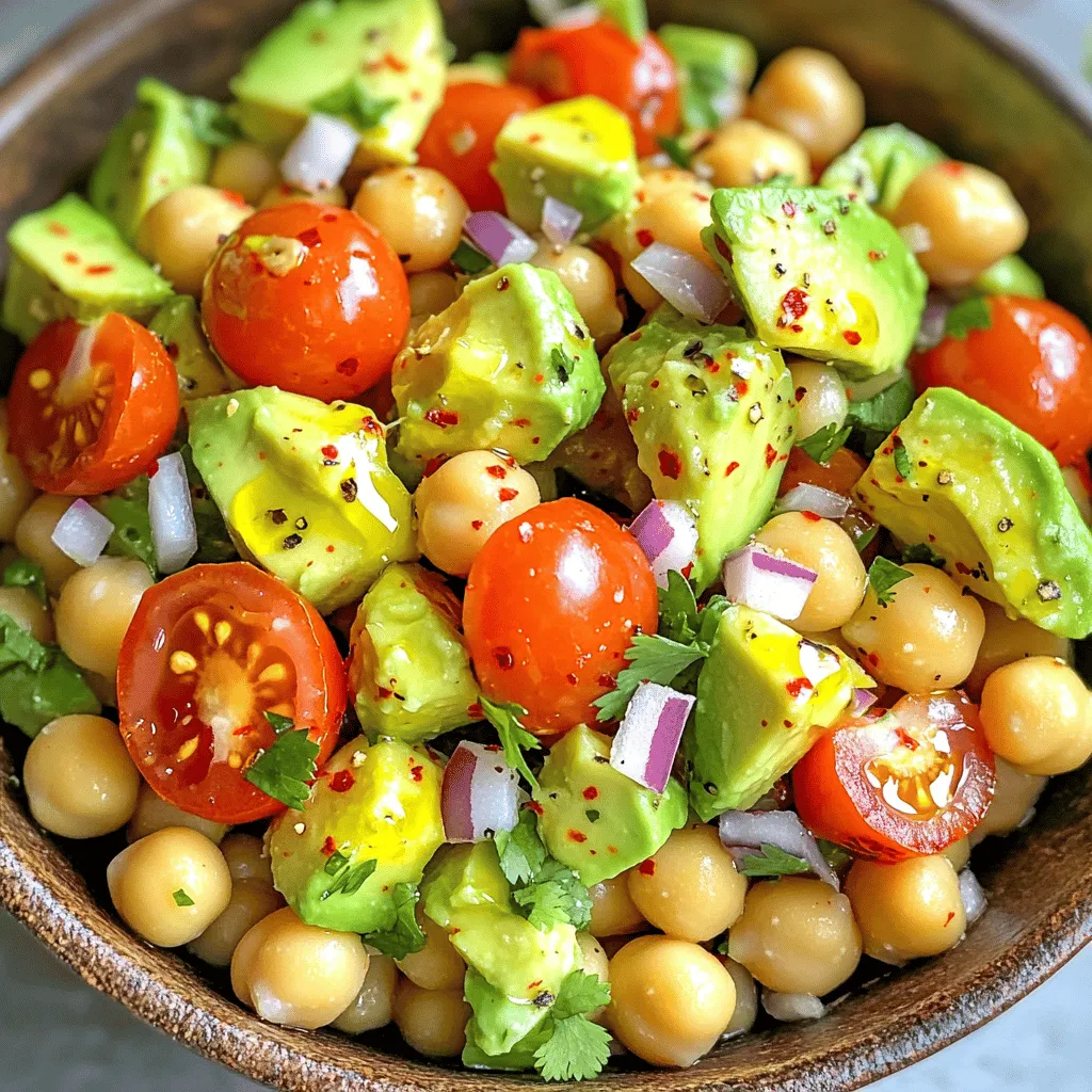 To create a flavorful avocado chickpea salad, you'll need a few fresh ingredients. Each one adds a unique taste and texture. Here’s what you should gather: - 1 ripe avocado, diced - 1 can (15 oz) chickpeas, drained and rinsed - 1 cup cherry tomatoes, halved - 1/4 red onion, finely chopped - 1/4 cup fresh cilantro, chopped - 2 tablespoons lemon juice - 2 tablespoons olive oil - 1 teaspoon cumin powder - Salt and pepper to taste - Optional: 1/4 teaspoon red pepper flakes for spice This salad is not only easy to make but also packed with nutrition. The chickpeas provide protein, while the avocado adds healthy fats. Cherry tomatoes give a burst of sweetness, and red onion adds a nice crunch. Cilantro adds a fresh kick, and the lemon juice gives a bright note. If you like spice, the red pepper flakes can heat things up. You can find the full recipe in the earlier sections. Enjoy making this vibrant dish! - Step 1: In a large bowl, combine the chickpeas, diced avocado, halved cherry tomatoes, and chopped red onion. This mix creates a bright and colorful base for your salad. - Step 2: In a small bowl, whisk together the lemon juice, olive oil, cumin powder, salt, and pepper. If you want a kick, add red pepper flakes. This dressing adds zing to your salad. - Step 3: Pour the dressing over the chickpea mixture. Gently toss everything together until each piece is coated. Be careful not to mash the avocado. - Step 4: Fold in the chopped cilantro. This herb brings freshness to the dish. Taste your salad and adjust the seasoning if needed. Add more salt, pepper, or lemon juice as you like. Let your salad sit for about 10 minutes. This wait helps the flavors mix well. You can find the Full Recipe for more details. Choosing ripe avocados is key. Look for avocados that are slightly soft but not mushy. Press gently; if it gives a little, it’s ready. This gives your salad a creamy texture. Time-saving preparation techniques can help. Use canned chickpeas to save time—just drain and rinse them. This cuts down your prep time to about 10 minutes. You can also chop veggies while the chickpeas drain. Adjusting flavors to your preference is important. Taste the salad after mixing. If you want more zest, add a splash of lemon juice. If you like heat, sprinkle in some red pepper flakes. Each bite should make you smile. Serve the salad in a large bowl for a vibrant look. This invites everyone to dig in. You can also scoop it into smaller bowls for individual servings. Garnishing with cilantro or extra tomatoes adds flair. A sprinkle of cilantro on top gives a fresh taste. Extra cherry tomato halves look great and make it colorful. This makes your dish not only tasty but beautiful too! {{image_2}} If you want to mix things up, try using different beans instead of chickpeas. White beans work well and add a creamy texture. You can also add more crunch with bell peppers or cucumbers. These veggies brighten the salad and add freshness. Feel free to get creative with what you have in your kitchen! To make your salad pop, consider adding spices or herbs. A pinch of smoked paprika can add depth. Fresh herbs like basil or parsley bring bright flavors. If you want more protein, grilled chicken and feta cheese are great additions. They make the salad heartier and more filling. Experiment with these options to find your favorite twist on my avocado chickpea salad. For the full recipe, check out Avocado Chickpea Delight. To keep your avocado chickpea salad fresh, store it in an airtight container. This method keeps moisture out and flavors locked in. You can layer the salad with plastic wrap pressed directly onto the top. This will help slow down browning. The salad stays fresh for about 1 to 2 days in the fridge. If you notice browning on the avocado, you can scrape it off. The chickpeas and other ingredients will still taste great. You usually do not need to reheat this salad. It's best enjoyed cold or at room temperature. If you want to warm it up, do so gently. Place the salad in a microwave-safe dish. Heat it for about 15-30 seconds. Stir and check the temperature. Remember, reheating might change the salad's texture. The avocado can become mushy. For best results, serve it fresh. You can find the full recipe above to enjoy this delightful dish! How long does avocado chickpea salad last? Avocado chickpea salad stays fresh for about one day in the fridge. The avocado can brown quickly, so enjoy it soon. Can I make it ahead of time? You can prep the salad ahead. However, add avocado just before serving. This keeps it green and fresh. Is this salad suitable for meal prep? Yes, it works well for meal prep! Store the dressing separately and combine before eating. This keeps the salad crisp. What can I pair with avocado chickpea salad? This salad pairs well with grilled chicken, fish, or whole grain bread. You can also serve it as a side dish. Avocado chickpea salad offers great nutrition. Each serving has about 250 calories. You get healthy fats from avocado and protein from chickpeas. - Dietary considerations: - Vegan: Yes, this salad is fully plant-based. - Gluten-free: Yes, all ingredients are gluten-free. This makes it a great choice for many diets. If you're looking for a balanced meal, this salad is perfect! If you want more details, check the full recipe for complete nutrition facts. This Avocado Chickpea Delight is a tasty, healthy meal. Here’s a quick list of what you need: - 1 ripe avocado, diced - 1 can (15 oz) chickpeas, drained and rinsed - 1 cup cherry tomatoes, halved - 1/4 red onion, finely chopped - 1/4 cup fresh cilantro, chopped - 2 tablespoons lemon juice - 2 tablespoons olive oil - 1 teaspoon cumin powder - Salt and pepper to taste - Optional: 1/4 teaspoon red pepper flakes for spice To prepare, start by mixing the chickpeas, avocado, tomatoes, and onion in a bowl. In another bowl, whisk lemon juice, olive oil, cumin, salt, and pepper. Pour the dressing over the chickpeas and mix gently. Fold in cilantro carefully. Taste and adjust the seasoning as needed. Let it sit for about 10 minutes before serving. Prep Time: 10 minutes | Total Time: 20 minutes | Servings: 4 For a lovely presentation, serve in a large bowl with more cilantro or extra cherry tomato halves on top. Enjoy every bite of this fresh and flavorful salad! This blog post guides you through making an Avocado Chickpea Salad. You learned about the key ingredients, like ripe avocados and chickpeas. I shared simple steps to prepare the salad quickly and how to present it well. I also included storage tips and answered common questions. Overall, this salad is easy, tasty, and packed with nutrients. You can adjust the recipe to suit your taste. Enjoy making this fresh dish for yourself or sharing it with friends!
