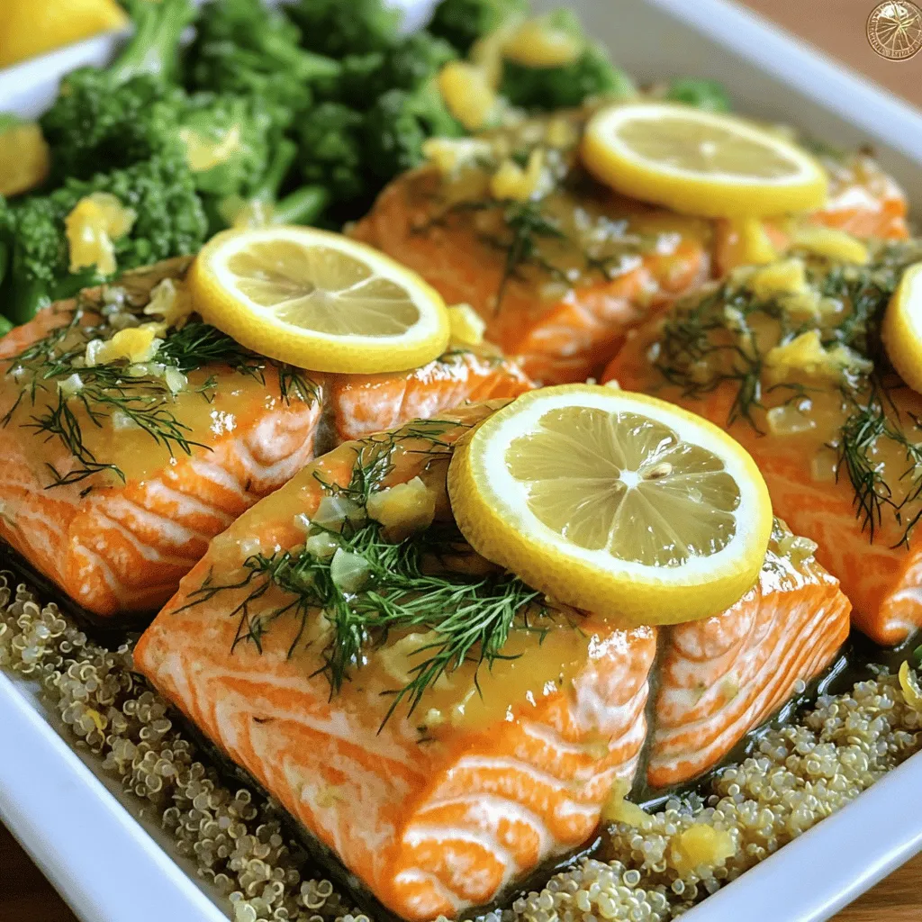 - 4 salmon fillets (about 6 oz each) - 2 tablespoons olive oil - 1 lemon, zested and juiced - 2 tablespoons fresh dill, chopped (or 1 tablespoon dried dill) - 3 cloves garlic, minced - Salt and pepper to taste - Lemon slices for garnish - Optional: Cooked quinoa or wild rice for serving When making lemon dill salmon, fresh ingredients shine. I love using vibrant lemon zest and juice for bright flavor. Fresh dill gives the dish a lovely herbal note. If fresh dill is not available, dried dill works too. Garlic adds a nice aromatic punch that pairs well with the fish. Make sure to season your salmon with salt and pepper. This step amplifies the flavors and enhances the taste. I often garnish my finished dish with lemon slices. They not only look pretty but also add a fresh burst of flavor. For a hearty meal, serve the salmon over cooked quinoa or wild rice. These grains soak up the lemon dill sauce and make the dish even more satisfying. You can find the full recipe above for easy reference. Enjoy crafting this delightful dish! - Preheat your oven to 400°F (200°C). This step is key. A hot oven helps the salmon cook evenly. - Combine olive oil, lemon juice, lemon zest, dill, garlic, salt, and pepper. Mix these ingredients in a small bowl. The lemon juice adds brightness. The dill gives a nice herbal flavor. - Place fillets in a baking dish and coat with the marinade. Lay the salmon skin-side down. Use a brush or spoon to cover each fillet. Make sure every piece has a good amount of the mixture. Let it soak in for about 15-20 minutes. This waiting time helps the flavors blend. - Bake salmon and garnish with lemon slices. Put the dish in the oven. Bake for 12-15 minutes. The salmon is done when it flakes easily with a fork. After baking, add fresh lemon slices on top. This adds a nice touch and flavor. For a great meal, serve it with cooked quinoa or wild rice. You can drizzle any leftover marinade over the top for extra taste. For the full recipe, check the detailed instructions. Monitoring cooking time is key to a great dish. Salmon cooks fast, so watch it closely. Bake it for 12 to 15 minutes. You want it just right, not overcooked. If you leave it too long, the fish can dry out. Use a fork to check. If it flakes easily, it’s done. For a flavor boost, marinate the salmon. Let it sit for 15 to 20 minutes. This allows the lemon and dill to soak in. You can add herbs like parsley or thyme for extra taste. A touch of honey can balance the lemon’s tartness too. Experiment with spices like paprika for a warm kick. To ensure your salmon stays flaky and moist, start with fresh fish. Dry it gently with a paper towel before cooking. This helps the marinade stick. Avoid cooking at too high a temperature. Lower heat can help keep it tender. Adding a splash of broth or white wine in the dish can also help maintain moisture. For the full recipe, check out the Citrus Herb Delight: Lemon Dill Salmon. {{image_2}} Grilling lemon dill salmon gives it a smoky taste. To grill, first, preheat your grill to medium-high heat. Brush the salmon fillets with the lemon dill mixture just like you do for baking. Then, place the fillets directly on the grill grates. Grill each side for about 4-5 minutes. Check for doneness by seeing if the salmon flakes easily. Grilled salmon has a great char and flavor that is hard to beat. You can switch up the herbs in this recipe. Try using fresh parsley, chives, or tarragon instead of dill. Each option brings a unique flavor to the dish. For example, tarragon adds a sweet, anise-like taste. If you want a more earthy flavor, rosemary works well too. Do not be afraid to mix and match. This way, you can create your own favorite version of lemon dill salmon. Pair your lemon dill salmon with tasty side dishes. Steamed green vegetables like asparagus or broccoli add color and crunch. A light salad with mixed greens and a lemon vinaigrette can brighten the meal. Quinoa or wild rice offers a hearty base that complements the salmon's flavors. You can even serve it with roasted potatoes for a cozy vibe. These sides make your meal complete and satisfying. After you enjoy your lemon dill salmon, store leftovers properly. Place the cooked salmon in an airtight container. Make sure to cool it down first. This helps keep it fresh. Store the container in the fridge for up to three days. If you want to keep the salmon longer, freezing is a good option. When you are ready to eat your leftovers, reheat the salmon carefully. The best way is to use the oven. Preheat the oven to 350°F (175°C). Place the salmon on a baking sheet. Cover it with foil to keep it moist. Heat for about 10-15 minutes or until warm. You can also use the microwave. If you choose this method, heat it in short bursts. Check after every 30 seconds. This will help you avoid overcooking. If you want to freeze your lemon dill salmon, follow these steps. First, let the salmon cool completely. Wrap each piece tightly in plastic wrap. Then, place them in a freezer-safe bag or container. Make sure to remove as much air as possible. Label the bag with the date. You can freeze the salmon for up to three months. To thaw, move the salmon to the fridge a day before you plan to eat it. This will help keep the taste and texture nice. You can tell if salmon is done by looking for a few signs. First, the salmon should change from a bright pink to a light pink or opaque color. Second, use a fork to gently flake the salmon. If it flakes easily, it is cooked. Finally, the thickest part of the fillet should reach an internal temperature of 145°F (63°C). Be careful not to overcook it. Overcooked salmon can become dry and tough. Yes, you can use frozen salmon. Just make sure to thaw it first. The best way to thaw salmon is to place it in the fridge overnight. If you're in a hurry, you can seal it in a plastic bag and submerge it in cold water for about an hour. When using thawed salmon, you might need to adjust the baking time slightly. Check for doneness a few minutes earlier to avoid overcooking. If you can't find dill, don't worry! You can use other herbs. Fresh parsley or tarragon work well in place of dill. Basil also adds a nice flavor, but it changes the dish a bit. You can even try fresh chives for a mild onion taste. Experiment with these herbs to find your favorite flavor! You’ve learned how to make a tasty lemon dill salmon. We covered key steps like mixing the marinade, baking, and serving perfectly. Remember to watch the cooking time for the best results. You can swap ingredients or try grilling for a new twist. Storing leftovers correctly helps keep your meal fresh. Keep experimenting with flavors and side dishes. Enjoy your cooking journey!