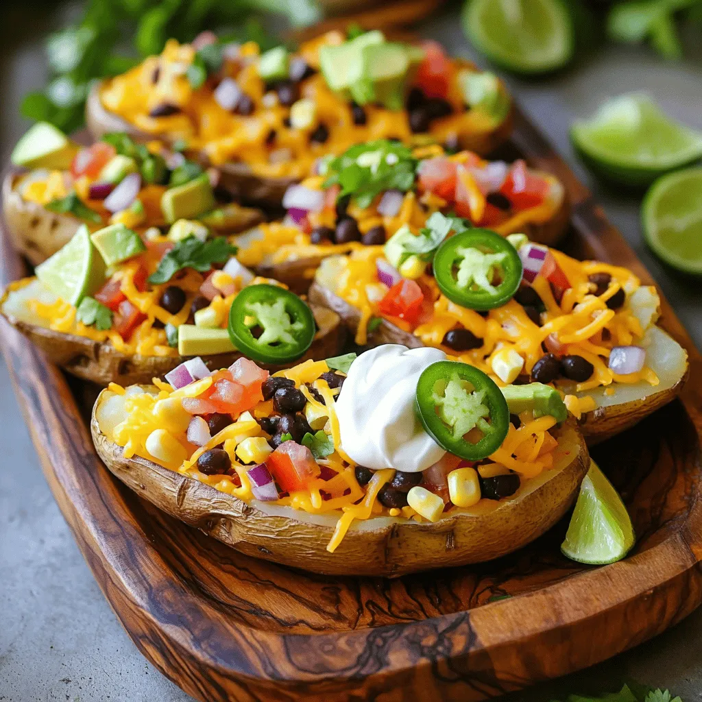 - 4 large russet potatoes - 1 tablespoon olive oil - Salt and pepper to taste - 1 cup shredded cheddar cheese - 1/2 cup cooked chicken, shredded (optional) - 1/2 cup black beans, rinsed and drained - 1/2 cup diced tomatoes - 1/2 cup corn kernels (canned or frozen) - 1/4 cup diced red onion - 1 jalapeño, sliced (optional, for heat) - 1/2 cup sour cream - 1/4 cup fresh cilantro, chopped - 1 avocado, diced - 1 teaspoon taco seasoning - Baking sheet - Mixing bowl - Fork for piercing potatoes When making loaded potato skins, focus on fresh, quality ingredients. Start with large russet potatoes. They hold up well and become crispy. Olive oil adds flavor and helps achieve that perfect crunch. Use salt and pepper to season each layer of your dish. For the filling, cheddar cheese is a must for that gooey texture. Feel free to add shredded chicken if you want protein. Black beans, corn, and tomatoes add flavor and color. Don't forget the fresh onion and jalapeño for a bit of spice. Lastly, top your creations with sour cream and fresh cilantro. Avocado adds a creamy touch. This balanced mix of flavors makes each bite a delight. You can find the complete recipe in the Full Recipe section. - Step 1: Preheat oven and prepare potatoes Start by preheating your oven to 400°F (200°C). Next, wash the russet potatoes well. Dry them with a towel. Use a fork to poke several holes in each potato. This helps the steam escape. - Step 2: Bake potatoes until tender Rub the potatoes with olive oil. Then, season them with salt and pepper. Place the potatoes on the oven rack or a baking sheet. Bake for 45 to 60 minutes. They should be tender when you poke them with a fork. - Step 3: Cool and scoop out potato flesh After baking, let the potatoes cool for a few minutes. When they are cool enough to handle, cut each potato in half lengthwise. Scoop out most of the flesh, leaving about 1/4 inch around the skin. This creates a boat for your filling. - Step 4: Brush skins and sprinkle with seasoning Brush the insides of the potato skins with olive oil. Then, sprinkle taco seasoning inside each skin. This adds great flavor. - Step 5: Bake for crispiness Place the potato skins back in the oven. Bake them for 10 minutes, or until they become crispy. This step is key for a great texture. - Step 6: Prepare filling mixture In a mixing bowl, combine shredded chicken (if using), black beans, diced tomatoes, corn, and red onion. Add salt and pepper to taste. This mixture will fill your skins with flavor. - Step 7: Fill skins and top with cheese Take the skins out of the oven. Fill each one with your mixture. Top them with shredded cheddar cheese and jalapeño slices if you like heat. - Step 8: Bake until cheese is melted Bake the filled skins for another 5 to 10 minutes. You want the cheese to melt and bubble nicely. Now, you have savory loaded potato skins ready to impress! For the full recipe, check out the detailed preparation steps above! To get crispy potato skins, olive oil is key. It helps brown the skins. Use enough oil to coat them well. Season with salt and pepper to enhance flavor. If you're using larger potatoes, you might need to bake them a bit longer. Check for doneness by piercing them with a fork. They should feel soft inside. This ensures you get a nice, crispy skin after the second bake. Spices can boost the taste of your loaded potato skins. Try adding garlic powder or paprika for a kick. You can also swap out toppings to create new flavors. Consider using different cheeses, like pepper jack for heat or feta for a tang. Fresh herbs like chives or parsley add brightness. You can even top them with crispy bacon bits or avocado slices for extra richness. Presentation matters! Serve your loaded potato skins on a large platter. Garnish with fresh cilantro and lime wedges. This makes them look appealing and colorful. For dipping sauces, I recommend sour cream or a spicy ranch dressing. You can also try guacamole for a creamy twist. These pairings make your snack even more fun and flavorful. {{image_2}} You can easily make loaded potato skins vegetarian. Instead of using shredded chicken, add more beans or vegetables. Black beans work great for protein. You can also try pinto beans or even quinoa for a fun texture. For cheese lovers, swap cheddar for mozzarella or a creamy goat cheese. If you prefer vegan options, use vegan cheese. It melts well and keeps the flavor rich. If you like heat, add more jalapeños or drizzle some spicy sauce on top. You can also use spicy sausage instead of chicken. Chorizo adds a nice kick. Just cook it first, and mix it with your filling. For an extra touch, sprinkle some crushed red pepper flakes on top before serving. You can give your potato skins a global flair. For a Southwestern twist, mix in corn and black beans with taco seasoning. An Italian version could include marinara sauce, mozzarella, and basil. For Mediterranean flavors, add feta cheese, olives, and fresh herbs like oregano. Experiment with different seasoning blends to find your favorite mix. Each variation brings a new taste and experience to this classic dish. Check out the Full Recipe for more ideas on how to create your perfect loaded potato skins! To store your loaded potato skins, let them cool first. Place them in an airtight container. They stay fresh for up to four days in the fridge. This keeps them from drying out and losing flavor. When it's time to enjoy your leftovers, I recommend using the oven for best results. Preheat your oven to 350°F (175°C). Place the skins on a baking sheet, and heat them for about 10-15 minutes. This method keeps the skins crispy. If you’re in a rush, you can use the microwave. Heat them for 1-2 minutes, but this may make them a bit soggy. Freezing loaded potato skins is a great way to save some for later. Wrap each skin tightly in plastic wrap, then place them in a freezer bag. They can last up to three months in the freezer. To thaw, simply move them to the fridge overnight. When ready to eat, reheat them in the oven for that crispy texture. This way, you can enjoy these tasty snacks anytime! Don’t forget to check the Full Recipe for more details. To make loaded potato skins crispy, start with the right technique. - Use russet potatoes; they are starchy and crisp up well. - Preheat your oven to 400°F (200°C) before baking. - Poke holes in the potatoes to let steam escape. - Rub the skins with olive oil. This adds flavor and helps them crisp. - Bake the potatoes until tender, then scoop out some flesh. - Brush the insides with more olive oil and sprinkle with seasoning. - Bake them again for about 10 minutes to achieve that perfect crunch. These steps ensure you get a delightfully crispy texture that enhances every bite. Yes, you can prepare loaded potato skins ahead of time. Here’s how: - Bake the potatoes and scoop them out as usual. - Store the empty potato skins in an airtight container in the fridge. - You can also prepare the filling separately. Combine your ingredients and store them too. - When you're ready to eat, simply fill the potato skins and bake them. This approach saves time and makes for a quick snack or meal. If you need a substitute for sour cream, several options exist: - Greek yogurt gives a similar tangy flavor. - Cream cheese can work if you want a richer taste; just thin it out with milk. - For a dairy-free option, use cashew cream or avocado. - Hummus also adds creaminess with a different flavor profile. Feel free to experiment with these alternatives to find what you like best. Loaded potato skins offer a tasty way to use simple ingredients. You start with russet potatoes, fill them with cheese, chicken, and beans, and bake them to perfection. Use my tips for crispy skins and flavor boosts to make them special. Whether you prefer classic recipes or spicy twists, there's something for everyone. Now you have all the tools to create amazing loaded potato skins at home. Enjoy your cooking adventure!