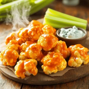 To make Buffalo Cauliflower Bites, gather these simple ingredients: - 1 head of cauliflower, cut into bite-sized florets - 1 cup all-purpose flour - 1 teaspoon garlic powder - 1 teaspoon onion powder - 1 teaspoon smoked paprika - 1 teaspoon salt - 1 cup milk (or plant-based milk) - ½ cup hot sauce (such as Frank's RedHot) - 2 tablespoons butter, melted - Optional: celery sticks and blue cheese dressing for serving Each ingredient plays a key role in building flavor and texture. The cauliflower provides a sturdy base. The flour and milk create a nice batter that coats the florets. The spices add depth, while the hot sauce gives that classic Buffalo kick. When choosing cauliflower, look for heads that are firm and heavy. The florets should be tightly packed. Avoid any that show signs of browning or wilting. Fresh cauliflower will have bright green leaves. Those leaves can help you identify a recently picked head. If you need alternatives, there are good options available. For the flour, you can use gluten-free flour if you prefer. It works well without changing the taste much. For the milk, almond, soy, or oat milk can replace dairy milk. Each option will still give you a delicious result. If you want to skip the butter, you can use olive oil instead. These substitutions make Buffalo Cauliflower Bites easy for everyone to enjoy. For the full recipe, check out [Full Recipe]. Start by preheating your oven to 450°F (230°C). This high heat helps get the cauliflower crispy. Line a baking sheet with parchment paper or spray it lightly with cooking spray. The parchment paper makes cleanup easy and helps prevent sticking. In a big bowl, mix together the flour, garlic powder, onion powder, smoked paprika, and salt. These spices add great flavor. Gradually pour in the milk, whisking as you go. Keep whisking until the batter is smooth and slightly thick. This coating is what makes the cauliflower crunchy. Dip each cauliflower floret into the batter. Make sure every piece is well-covered. Place the coated florets on the baking sheet. Space them out so they don’t touch. Bake for 20 to 25 minutes. Halfway through, flip them over to ensure they cook evenly. The goal is to achieve a golden and crispy finish. After the first bake, drizzle the buffalo sauce over the cooked florets and toss gently. Return them to the oven for another 10 minutes. This sets the sauce and gives an extra layer of flavor. Enjoy your Buffalo Cauliflower Bites with some celery sticks and blue cheese dressing. For the full recipe, refer to the complete instructions. To get your Buffalo Cauliflower Bites crispy, start with dry florets. Rinse the cauliflower and dry it well with a towel. When you coat the florets, make sure they are fully covered in batter. This helps lock in moisture and gives a nice crunch. Also, use a hot oven. Preheating to 450°F (230°C) is key. Flipping the cauliflower is an important step. Halfway through baking, carefully turn each floret. Use tongs to prevent breaking. This ensures even cooking and browning. When coating, dip each piece fully into the batter. Shake off excess batter before placing it on the baking sheet. This prevents soggy spots. Timing is crucial for the best flavor. After the first bake, take the cauliflower out and drizzle the sauce. Toss it gently to coat. Then, return it to the oven for another 10 minutes. This step helps the sauce stick and develops a deeper flavor. Keep an eye on your bites to avoid burning. Enjoy your crispy, spicy snack! For the full recipe, check the details above. {{image_2}} You can easily make Buffalo cauliflower bites vegan. Just swap the milk with plant-based milk. Options like almond or soy milk work great. For the butter, use vegan butter or olive oil. Both give you that rich flavor without dairy. The rest of the recipe stays the same. This way, everyone can enjoy these tasty treats. If you need gluten-free bites, replace all-purpose flour with gluten-free flour. Almond flour or chickpea flour are excellent choices. They provide a nice texture and taste. Make sure your hot sauce is also gluten-free. Some brands may add gluten, so check the label. This method keeps the bites crispy and delicious. You can play with flavors in Buffalo cauliflower bites. Try different hot sauces to find your favorite. Sriracha adds a sweet kick, while chipotle sauce gives a smoky taste. You can also mix in spices. Adding cumin or chili powder can change the flavor profile. For something fun, toss in ranch seasoning or taco seasoning. Each variation offers a new twist on this classic snack. Want to try the full experience? Check out the Full Recipe for all the details! After you enjoy your Buffalo Cauliflower Bites, store any leftovers in an airtight container. Let them cool first, then seal the container. This keeps them fresh for about 3 days in the fridge. If you want to enjoy them later, freezing is a great option. To reheat, use your oven for the best crispiness. Preheat the oven to 350°F (175°C). Spread the bites on a baking sheet and bake for about 10-15 minutes. Flip them halfway through to heat evenly. You can also microwave them, but they might lose some crunch. For longer storage, freeze the bites before you coat them in sauce. Place cooled, cooked cauliflower on a baking sheet. Freeze until solid, then transfer to a freezer bag. They can last up to 3 months. When ready to eat, bake them straight from the freezer. Add the sauce and bake as usual. Enjoy the full recipe for step-by-step details! Yes, you can make Buffalo Cauliflower Bites in an air fryer. Air fryers cook with hot air, making the bites crispy. To do this, coat your cauliflower as in the recipe. Preheat the air fryer to 400°F (200°C). Place the cauliflower in a single layer in the basket. Cook for about 15-20 minutes, shaking halfway through. Check for crispiness and adjust time if needed. Buffalo Cauliflower Bites pair well with many sides. Here are some great options: - Celery sticks - Carrot sticks - Blue cheese dressing - Ranch dressing - A light green salad - Pita chips or tortilla chips These sides complement the spicy flavor and add freshness to your meal. The spice level of Buffalo Cauliflower Bites depends on the hot sauce you use. A standard choice like Frank's RedHot gives a nice kick but isn't too hot. If you like it spicier, add more hot sauce or use a hotter brand. If you prefer less heat, try mixing the hot sauce with a bit of honey or BBQ sauce. This balances the spice while keeping the flavor. We explored how to make Buffalo Cauliflower Bites step by step. I shared tips on selecting fresh cauliflower and ways to make the dish gluten-free or dairy-free. Baking techniques help get the perfect crunch. You can also try fun flavor variations and different serving ideas. Remember, these bites store well and can be reheated or frozen for later. Enjoy this tasty snack any time, knowing you’ve made a healthy choice!