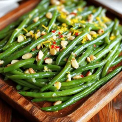 - 1 pound fresh green beans, trimmed - 4 tablespoons unsalted butter - 4 cloves garlic, minced - 1 teaspoon salt - ½ teaspoon black pepper - ¼ teaspoon red pepper flakes (optional) - 1 tablespoon lemon juice - Zest of 1 lemon - 2 tablespoons toasted almonds, chopped (for garnish) Fresh green beans are the star of this dish. They bring a crisp texture and a bright color. You can find them in any grocery store, usually in the produce section. Next, we use unsalted butter to create a rich, savory flavor. The garlic adds a wonderful aroma and taste. For seasoning, I like to keep it simple. Salt and black pepper enhance the natural flavor of the beans. If you want a little heat, add red pepper flakes. This option is great for those who enjoy a spicy kick. If you're feeling adventurous, you can add some optional ingredients. A splash of lemon juice brightens the dish. The zest adds even more flavor. Finally, toasted almonds give a lovely crunch and additional flavor. For the complete recipe, check out the Full Recipe. - Bring a large pot of salted water to a boil. - Blanch the green beans. To start, fill a large pot with water and add a good amount of salt. This step helps the green beans keep their bright color and adds flavor. Once the water boils, it’s time to add the green beans. Blanch them for about 3-4 minutes. You want them bright green and tender-crisp. After blanching, grab a slotted spoon and move the beans into a bowl of ice water. This cools them down fast and stops the cooking. Let them sit for a few minutes, then drain and set aside. - Melt butter and sauté garlic. - Add green beans and seasonings. Next, grab a large skillet and melt 4 tablespoons of unsalted butter over medium heat. Once it melts and bubbles, add the 4 cloves of minced garlic. Stir it for about a minute, but don’t let it brown. You want the garlic to smell great, not burnt. Now, it’s time for the blanched green beans. Toss them in the skillet and mix well. Season with 1 teaspoon of salt, ½ teaspoon of black pepper, and if you like heat, add ¼ teaspoon of red pepper flakes. Sauté everything together for another 2-3 minutes until the beans are hot and coated in that delicious garlic butter. - Drizzle with lemon juice and zest. - Garnish with toasted almonds. Remove the skillet from heat. Drizzle 1 tablespoon of lemon juice over the green beans, and add the zest of one lemon. Toss everything again to mix the flavors well. For the final touch, transfer the green beans to a serving platter and sprinkle on 2 tablespoons of chopped toasted almonds. These add a nice crunch and flavor. For the full recipe, you can find it above. Enjoy your simple and savory garlic butter green beans! To get bright green and crisp green beans, you must blanch them. Start by bringing a large pot of salted water to a boil. Once it boils, add the trimmed green beans. Cook them for about 3-4 minutes. You want them tender but still firm. After that, transfer them quickly to a bowl of ice water. This stops the cooking. It keeps the beans vibrant and crunchy. When cooking garlic, keep a close eye on it. Add minced garlic to the melted butter and stir it constantly. Cook for just about one minute until you smell that lovely aroma. If you let the garlic brown, it can turn bitter and strong. You want to keep the flavor mild and sweet, to complement the green beans. Garlic butter green beans make a great side dish. They pair well with grilled meats like chicken, steak, or fish. You can also serve them with rice or pasta for a complete meal. They add a nice crunch and flavor that everyone will love. For dinner parties, they look beautiful on a platter, especially with the toasted almonds on top. Check out the Full Recipe for more details! {{image_2}} You can easily switch green beans for other veggies. Asparagus works great. Just trim the ends and cook the same way. Broccoli is another fantastic option. Cut it into bite-sized pieces and blanch it. Both veggies soak up the garlic butter flavor well. Want to spice things up? Try adding fresh herbs. Basil and thyme give a nice touch. You can also add a pinch of cayenne for heat. If you like a hint of sweetness, mix in a bit of honey. These small changes make the dish pop with taste. Looking for a vegan option? Swap the butter for olive oil or vegan butter. This keeps it rich and flavorful. For a nut-free version, just skip the almonds. The dish still tastes amazing without them. These adjustments let everyone enjoy this dish. For the full recipe of Garlic Butter Green Beans, check out the earlier section. After making Garlic Butter Green Beans, let them cool to room temperature. Place the leftover beans in an airtight container. Store them in the fridge for up to three days. This keeps them fresh and tasty. When you want to enjoy them again, just take them out and warm them up. You can freeze Garlic Butter Green Beans for later use. First, let them cool completely. Then, place them in a freezer-safe bag. Squeeze out as much air as you can and seal it tight. They can stay in the freezer for up to three months. When you are ready to eat, thaw them in the fridge overnight. Reheat in a skillet or microwave until warm. Garlic Butter Green Beans stay fresh in the fridge for about three days. If you freeze them, they can last up to three months. Always check for any off smells or changes in texture. If they do not smell right, it is best to toss them. To keep them tasting great, use them within these time frames. For the full recipe, check the earlier section. To make Garlic Butter Green Beans, follow these steps: 1. Boil Water: Start by bringing a large pot of salted water to a boil. 2. Blanch Beans: Add 1 pound of trimmed green beans and blanch them for 3-4 minutes until they turn bright green and are tender but still crisp. 3. Ice Bath: Use a slotted spoon to transfer the beans into a bowl of ice water. This stops the cooking. Let them cool, then drain. 4. Melt Butter: In a skillet, melt 4 tablespoons of unsalted butter over medium heat. 5. Sauté Garlic: Add 4 minced cloves of garlic and stir for about 1 minute. Avoid browning the garlic. 6. Add Beans: Toss in the blanched green beans and coat them in the garlic butter. 7. Season: Sprinkle with 1 teaspoon of salt, ½ teaspoon of black pepper, and ¼ teaspoon of red pepper flakes if you like heat. Sauté for another 2-3 minutes. 8. Finish: Drizzle with 1 tablespoon of lemon juice and the zest of 1 lemon. Toss to mix. 9. Serve: Transfer to a platter and top with 2 tablespoons of chopped toasted almonds for garnish. You can find the Full Recipe for more detailed steps. Yes, you can use frozen green beans. They can be a great time-saver. However, frozen beans may need a bit more cooking time. - Cooking Tip: Do not thaw them before cooking. Just add them to boiling water for about 5-7 minutes. - Flavor Note: Since frozen beans may lose some crunch, ensure you sauté them longer in the garlic butter to enhance the flavor. The best way to reheat Garlic Butter Green Beans is on the stove. This method keeps them crisp. - Stovetop Method: Place the beans in a skillet over medium heat. Stir often for about 3-5 minutes until heated through. - Microwave Method: If you use a microwave, heat them in short bursts of 30 seconds. Stir in between to avoid overcooking. These reheating methods help retain the flavor and texture of this simple and savory dish. This blog post provided a simple guide for making Garlic Butter Green Beans. We covered the main ingredients, cooking steps, and tips for perfect blanched beans. You also learned about variations, storage options, and answers to common questions. For a fresh side dish, these green beans offer great taste and easy prep. Enjoy experimenting with flavors and get creative with your ingredients. This recipe can fit any meal, making your dining experience more enjoyable.