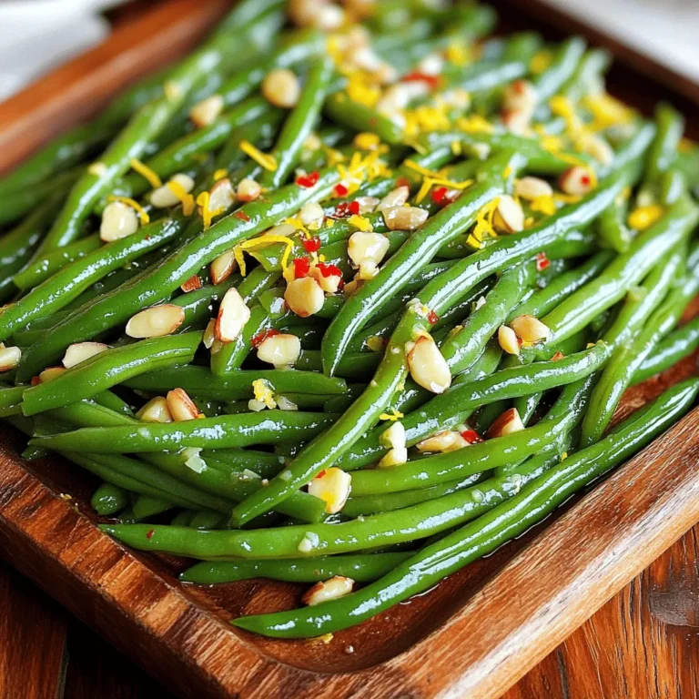 - 1 pound fresh green beans, trimmed - 4 tablespoons unsalted butter - 4 cloves garlic, minced - 1 teaspoon salt - ½ teaspoon black pepper - ¼ teaspoon red pepper flakes (optional) - 1 tablespoon lemon juice - Zest of 1 lemon - 2 tablespoons toasted almonds, chopped (for garnish) Fresh green beans are the star of this dish. They bring a crisp texture and a bright color. You can find them in any grocery store, usually in the produce section. Next, we use unsalted butter to create a rich, savory flavor. The garlic adds a wonderful aroma and taste. For seasoning, I like to keep it simple. Salt and black pepper enhance the natural flavor of the beans. If you want a little heat, add red pepper flakes. This option is great for those who enjoy a spicy kick. If you're feeling adventurous, you can add some optional ingredients. A splash of lemon juice brightens the dish. The zest adds even more flavor. Finally, toasted almonds give a lovely crunch and additional flavor. For the complete recipe, check out the Full Recipe. - Bring a large pot of salted water to a boil. - Blanch the green beans. To start, fill a large pot with water and add a good amount of salt. This step helps the green beans keep their bright color and adds flavor. Once the water boils, it’s time to add the green beans. Blanch them for about 3-4 minutes. You want them bright green and tender-crisp. After blanching, grab a slotted spoon and move the beans into a bowl of ice water. This cools them down fast and stops the cooking. Let them sit for a few minutes, then drain and set aside. - Melt butter and sauté garlic. - Add green beans and seasonings. Next, grab a large skillet and melt 4 tablespoons of unsalted butter over medium heat. Once it melts and bubbles, add the 4 cloves of minced garlic. Stir it for about a minute, but don’t let it brown. You want the garlic to smell great, not burnt. Now, it’s time for the blanched green beans. Toss them in the skillet and mix well. Season with 1 teaspoon of salt, ½ teaspoon of black pepper, and if you like heat, add ¼ teaspoon of red pepper flakes. Sauté everything together for another 2-3 minutes until the beans are hot and coated in that delicious garlic butter. - Drizzle with lemon juice and zest. - Garnish with toasted almonds. Remove the skillet from heat. Drizzle 1 tablespoon of lemon juice over the green beans, and add the zest of one lemon. Toss everything again to mix the flavors well. For the final touch, transfer the green beans to a serving platter and sprinkle on 2 tablespoons of chopped toasted almonds. These add a nice crunch and flavor. For the full recipe, you can find it above. Enjoy your simple and savory garlic butter green beans! To get bright green and crisp green beans, you must blanch them. Start by bringing a large pot of salted water to a boil. Once it boils, add the trimmed green beans. Cook them for about 3-4 minutes. You want them tender but still firm. After that, transfer them quickly to a bowl of ice water. This stops the cooking. It keeps the beans vibrant and crunchy. When cooking garlic, keep a close eye on it. Add minced garlic to the melted butter and stir it constantly. Cook for just about one minute until you smell that lovely aroma. If you let the garlic brown, it can turn bitter and strong. You want to keep the flavor mild and sweet, to complement the green beans. Garlic butter green beans make a great side dish. They pair well with grilled meats like chicken, steak, or fish. You can also serve them with rice or pasta for a complete meal. They add a nice crunch and flavor that everyone will love. For dinner parties, they look beautiful on a platter, especially with the toasted almonds on top. Check out the Full Recipe for more details! {{image_2}} You can easily switch green beans for other veggies. Asparagus works great. Just trim the ends and cook the same way. Broccoli is another fantastic option. Cut it into bite-sized pieces and blanch it. Both veggies soak up the garlic butter flavor well. Want to spice things up? Try adding fresh herbs. Basil and thyme give a nice touch. You can also add a pinch of cayenne for heat. If you like a hint of sweetness, mix in a bit of honey. These small changes make the dish pop with taste. Looking for a vegan option? Swap the butter for olive oil or vegan butter. This keeps it rich and flavorful. For a nut-free version, just skip the almonds. The dish still tastes amazing without them. These adjustments let everyone enjoy this dish. For the full recipe of Garlic Butter Green Beans, check out the earlier section. After making Garlic Butter Green Beans, let them cool to room temperature. Place the leftover beans in an airtight container. Store them in the fridge for up to three days. This keeps them fresh and tasty. When you want to enjoy them again, just take them out and warm them up. You can freeze Garlic Butter Green Beans for later use. First, let them cool completely. Then, place them in a freezer-safe bag. Squeeze out as much air as you can and seal it tight. They can stay in the freezer for up to three months. When you are ready to eat, thaw them in the fridge overnight. Reheat in a skillet or microwave until warm. Garlic Butter Green Beans stay fresh in the fridge for about three days. If you freeze them, they can last up to three months. Always check for any off smells or changes in texture. If they do not smell right, it is best to toss them. To keep them tasting great, use them within these time frames. For the full recipe, check the earlier section. To make Garlic Butter Green Beans, follow these steps: 1. Boil Water: Start by bringing a large pot of salted water to a boil. 2. Blanch Beans: Add 1 pound of trimmed green beans and blanch them for 3-4 minutes until they turn bright green and are tender but still crisp. 3. Ice Bath: Use a slotted spoon to transfer the beans into a bowl of ice water. This stops the cooking. Let them cool, then drain. 4. Melt Butter: In a skillet, melt 4 tablespoons of unsalted butter over medium heat. 5. Sauté Garlic: Add 4 minced cloves of garlic and stir for about 1 minute. Avoid browning the garlic. 6. Add Beans: Toss in the blanched green beans and coat them in the garlic butter. 7. Season: Sprinkle with 1 teaspoon of salt, ½ teaspoon of black pepper, and ¼ teaspoon of red pepper flakes if you like heat. Sauté for another 2-3 minutes. 8. Finish: Drizzle with 1 tablespoon of lemon juice and the zest of 1 lemon. Toss to mix. 9. Serve: Transfer to a platter and top with 2 tablespoons of chopped toasted almonds for garnish. You can find the Full Recipe for more detailed steps. Yes, you can use frozen green beans. They can be a great time-saver. However, frozen beans may need a bit more cooking time. - Cooking Tip: Do not thaw them before cooking. Just add them to boiling water for about 5-7 minutes. - Flavor Note: Since frozen beans may lose some crunch, ensure you sauté them longer in the garlic butter to enhance the flavor. The best way to reheat Garlic Butter Green Beans is on the stove. This method keeps them crisp. - Stovetop Method: Place the beans in a skillet over medium heat. Stir often for about 3-5 minutes until heated through. - Microwave Method: If you use a microwave, heat them in short bursts of 30 seconds. Stir in between to avoid overcooking. These reheating methods help retain the flavor and texture of this simple and savory dish. This blog post provided a simple guide for making Garlic Butter Green Beans. We covered the main ingredients, cooking steps, and tips for perfect blanched beans. You also learned about variations, storage options, and answers to common questions. For a fresh side dish, these green beans offer great taste and easy prep. Enjoy experimenting with flavors and get creative with your ingredients. This recipe can fit any meal, making your dining experience more enjoyable.