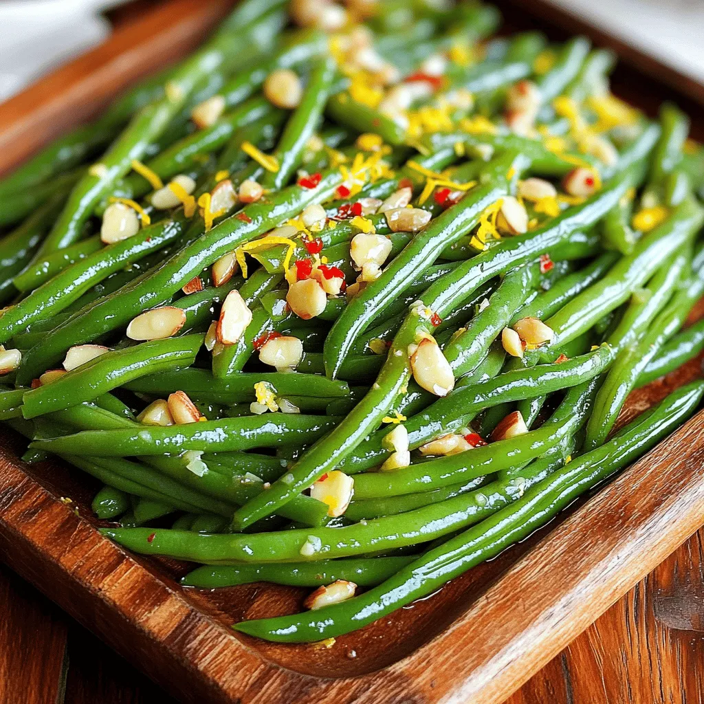 - 1 pound fresh green beans, trimmed - 4 tablespoons unsalted butter - 4 cloves garlic, minced - 1 teaspoon salt - ½ teaspoon black pepper - ¼ teaspoon red pepper flakes (optional) - 1 tablespoon lemon juice - Zest of 1 lemon - 2 tablespoons toasted almonds, chopped (for garnish) Fresh green beans are the star of this dish. They bring a crisp texture and a bright color. You can find them in any grocery store, usually in the produce section. Next, we use unsalted butter to create a rich, savory flavor. The garlic adds a wonderful aroma and taste. For seasoning, I like to keep it simple. Salt and black pepper enhance the natural flavor of the beans. If you want a little heat, add red pepper flakes. This option is great for those who enjoy a spicy kick. If you're feeling adventurous, you can add some optional ingredients. A splash of lemon juice brightens the dish. The zest adds even more flavor. Finally, toasted almonds give a lovely crunch and additional flavor. For the complete recipe, check out the Full Recipe. - Bring a large pot of salted water to a boil. - Blanch the green beans. To start, fill a large pot with water and add a good amount of salt. This step helps the green beans keep their bright color and adds flavor. Once the water boils, it’s time to add the green beans. Blanch them for about 3-4 minutes. You want them bright green and tender-crisp. After blanching, grab a slotted spoon and move the beans into a bowl of ice water. This cools them down fast and stops the cooking. Let them sit for a few minutes, then drain and set aside. - Melt butter and sauté garlic. - Add green beans and seasonings. Next, grab a large skillet and melt 4 tablespoons of unsalted butter over medium heat. Once it melts and bubbles, add the 4 cloves of minced garlic. Stir it for about a minute, but don’t let it brown. You want the garlic to smell great, not burnt. Now, it’s time for the blanched green beans. Toss them in the skillet and mix well. Season with 1 teaspoon of salt, ½ teaspoon of black pepper, and if you like heat, add ¼ teaspoon of red pepper flakes. Sauté everything together for another 2-3 minutes until the beans are hot and coated in that delicious garlic butter. - Drizzle with lemon juice and zest. - Garnish with toasted almonds. Remove the skillet from heat. Drizzle 1 tablespoon of lemon juice over the green beans, and add the zest of one lemon. Toss everything again to mix the flavors well. For the final touch, transfer the green beans to a serving platter and sprinkle on 2 tablespoons of chopped toasted almonds. These add a nice crunch and flavor. For the full recipe, you can find it above. Enjoy your simple and savory garlic butter green beans! To get bright green and crisp green beans, you must blanch them. Start by bringing a large pot of salted water to a boil. Once it boils, add the trimmed green beans. Cook them for about 3-4 minutes. You want them tender but still firm. After that, transfer them quickly to a bowl of ice water. This stops the cooking. It keeps the beans vibrant and crunchy. When cooking garlic, keep a close eye on it. Add minced garlic to the melted butter and stir it constantly. Cook for just about one minute until you smell that lovely aroma. If you let the garlic brown, it can turn bitter and strong. You want to keep the flavor mild and sweet, to complement the green beans. Garlic butter green beans make a great side dish. They pair well with grilled meats like chicken, steak, or fish. You can also serve them with rice or pasta for a complete meal. They add a nice crunch and flavor that everyone will love. For dinner parties, they look beautiful on a platter, especially with the toasted almonds on top. Check out the Full Recipe for more details! {{image_2}} You can easily switch green beans for other veggies. Asparagus works great. Just trim the ends and cook the same way. Broccoli is another fantastic option. Cut it into bite-sized pieces and blanch it. Both veggies soak up the garlic butter flavor well. Want to spice things up? Try adding fresh herbs. Basil and thyme give a nice touch. You can also add a pinch of cayenne for heat. If you like a hint of sweetness, mix in a bit of honey. These small changes make the dish pop with taste. Looking for a vegan option? Swap the butter for olive oil or vegan butter. This keeps it rich and flavorful. For a nut-free version, just skip the almonds. The dish still tastes amazing without them. These adjustments let everyone enjoy this dish. For the full recipe of Garlic Butter Green Beans, check out the earlier section. After making Garlic Butter Green Beans, let them cool to room temperature. Place the leftover beans in an airtight container. Store them in the fridge for up to three days. This keeps them fresh and tasty. When you want to enjoy them again, just take them out and warm them up. You can freeze Garlic Butter Green Beans for later use. First, let them cool completely. Then, place them in a freezer-safe bag. Squeeze out as much air as you can and seal it tight. They can stay in the freezer for up to three months. When you are ready to eat, thaw them in the fridge overnight. Reheat in a skillet or microwave until warm. Garlic Butter Green Beans stay fresh in the fridge for about three days. If you freeze them, they can last up to three months. Always check for any off smells or changes in texture. If they do not smell right, it is best to toss them. To keep them tasting great, use them within these time frames. For the full recipe, check the earlier section. To make Garlic Butter Green Beans, follow these steps: 1. Boil Water: Start by bringing a large pot of salted water to a boil. 2. Blanch Beans: Add 1 pound of trimmed green beans and blanch them for 3-4 minutes until they turn bright green and are tender but still crisp. 3. Ice Bath: Use a slotted spoon to transfer the beans into a bowl of ice water. This stops the cooking. Let them cool, then drain. 4. Melt Butter: In a skillet, melt 4 tablespoons of unsalted butter over medium heat. 5. Sauté Garlic: Add 4 minced cloves of garlic and stir for about 1 minute. Avoid browning the garlic. 6. Add Beans: Toss in the blanched green beans and coat them in the garlic butter. 7. Season: Sprinkle with 1 teaspoon of salt, ½ teaspoon of black pepper, and ¼ teaspoon of red pepper flakes if you like heat. Sauté for another 2-3 minutes. 8. Finish: Drizzle with 1 tablespoon of lemon juice and the zest of 1 lemon. Toss to mix. 9. Serve: Transfer to a platter and top with 2 tablespoons of chopped toasted almonds for garnish. You can find the Full Recipe for more detailed steps. Yes, you can use frozen green beans. They can be a great time-saver. However, frozen beans may need a bit more cooking time. - Cooking Tip: Do not thaw them before cooking. Just add them to boiling water for about 5-7 minutes. - Flavor Note: Since frozen beans may lose some crunch, ensure you sauté them longer in the garlic butter to enhance the flavor. The best way to reheat Garlic Butter Green Beans is on the stove. This method keeps them crisp. - Stovetop Method: Place the beans in a skillet over medium heat. Stir often for about 3-5 minutes until heated through. - Microwave Method: If you use a microwave, heat them in short bursts of 30 seconds. Stir in between to avoid overcooking. These reheating methods help retain the flavor and texture of this simple and savory dish. This blog post provided a simple guide for making Garlic Butter Green Beans. We covered the main ingredients, cooking steps, and tips for perfect blanched beans. You also learned about variations, storage options, and answers to common questions. For a fresh side dish, these green beans offer great taste and easy prep. Enjoy experimenting with flavors and get creative with your ingredients. This recipe can fit any meal, making your dining experience more enjoyable.