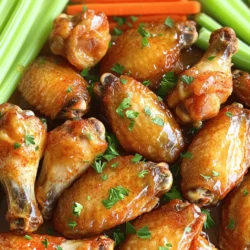 - 2 pounds chicken wings - 1 tablespoon baking powder - 1 teaspoon garlic powder - 1 teaspoon onion powder - 1 teaspoon smoked paprika - 1 teaspoon cayenne pepper (optional for heat) - Salt and pepper to taste - 3 tablespoons olive oil - 1 tablespoon honey (for glazing) - Fresh parsley, chopped (for garnish) When measuring your ingredients, be precise. For example, 1 tablespoon of baking powder helps create that crisp texture you want. Use a kitchen scale for the chicken wings to ensure you have exactly 2 pounds. This accuracy makes a big difference in taste and texture. If you want to spice things up, consider adding a teaspoon of cayenne pepper. This gives your wings a nice kick. You can also try a splash of lemon juice for brightness. Additionally, consider mixing in some herbs like thyme or rosemary. These flavors can take your wings to a new level. Using these optional ingredients can make the dish more fun and personalized. For the full recipe, check out the detailed steps to make these crispy baked chicken wings! First, set your oven to 425°F (220°C). Line two baking sheets with aluminum foil. This makes for easy cleanup. Place a wire rack on each sheet. The racks help the air flow around the wings, making them crispy. Next, take your chicken wings and dry them well with paper towels. This step is very important. Moisture will make them soggy. After drying, put the wings in a large bowl. Sprinkle the baking powder, garlic powder, onion powder, smoked paprika, and cayenne pepper over them. Add salt and pepper too. Toss the wings to coat them evenly. Then, drizzle the olive oil over the wings. Toss them again to make sure the oil and seasonings cover every wing. Now, arrange the wings in a single layer on the wire racks. Make sure they do not touch each other. This helps them cook evenly. Place the trays in the preheated oven. Bake the wings for 40-45 minutes. Flip them halfway through baking. This way, both sides get crispy and golden. While the wings are baking, you can make the honey glaze. In a small bowl, mix honey with a splash of warm water. This will help it drizzle nicely over the wings later. When the wings turn golden brown and crispy, take them out of the oven. Brush the honey glaze over the hot wings for a sweet touch. Finally, sprinkle chopped parsley on top for a fresh look before serving. For the full recipe, check the main section. Enjoy your crispy baked chicken wings! To make your wings super crispy, follow a few simple steps. First, dry the wings well with paper towels. Remove all moisture. This helps them crisp up in the oven. Use baking powder in the spice mix. It helps create a crispy skin. Also, make sure the wings are spread out on the rack. Space between them allows air to flow, which is key for crispiness. You only need a few tools to make these wings great. A wire rack is essential. It lifts the wings off the baking sheet, letting hot air circulate. Use aluminum foil to line your baking sheets. This makes cleanup easy. A large bowl is perfect for mixing the wings with spices. Finally, a good meat thermometer helps check if they are cooked through. You can prep these wings ahead of time. Dry and season them a few hours before cooking. Keep them in the fridge until you’re ready to bake. This is a great way to save time. You can also make the honey glaze in advance. Store it in a small jar. When it’s time to eat, your wings will be ready to cook. For the full recipe, see the section above. {{image_2}} You can change the flavor of your wings easily. For a sweet twist, add honey or brown sugar. A hint of ginger or maple syrup can also work well. If you prefer spicy wings, increase the cayenne pepper or add some hot sauce. For savory wings, try adding herbs like thyme or rosemary. You can mix and match these flavors to create your own signature wings. Using an air fryer is a quick way to get crispy wings. Set your air fryer to 400°F (200°C). Cook the wings for about 25-30 minutes. Shake the basket halfway through to ensure even cooking. If you want to grill your wings, preheat your grill to medium heat. Cook wings for 20-25 minutes, turning often to avoid burning. Both methods can yield great results, just like the full recipe. Sauces can elevate your wings even more. A classic buffalo sauce made from hot sauce and butter is always a hit. For a tangy option, mix soy sauce, honey, and garlic for an Asian-inspired glaze. If you love ranch, try mixing sour cream, herbs, and a splash of lemon juice. Each sauce adds a different twist, so don’t be afraid to experiment! After enjoying your crispy baked chicken wings, let them cool down. Place them in an airtight container. Store the wings in the fridge. They will stay fresh for about 3 to 4 days. If you want them to last longer, consider freezing them. Make sure to separate layers with parchment paper. This will prevent sticking. To reheat your chicken wings, the oven is your best friend. Preheat the oven to 350°F (175°C). Lay the wings on a baking sheet. Heat them for about 10 to 15 minutes. This keeps them crispy. You can also use an air fryer. Set it to 350°F (175°C) and heat for 5 to 7 minutes. The wings will taste just as good as fresh. If you plan to freeze the wings, do it as soon as they cool. Place them in a freezer-safe bag. Remove as much air as possible. Label the bag with the date. Frozen wings can last up to 3 months. When ready to use, thaw them overnight in the fridge before reheating. Enjoy your crispy baked chicken wings anytime! To make chicken wings crispy without frying, you need to follow a few key steps. First, dry the wings well with paper towels. This removes extra moisture, which helps them become crispy. Next, coat the wings with baking powder and spices. The baking powder works wonders, making the skin puff up and crisp during baking. Lastly, bake them on a wire rack. This allows hot air to circulate around the wings, ensuring they cook evenly and stay crispy. Yes, you can use frozen chicken wings! Just remember to thaw them first. Place them in the fridge overnight or use a cold water bath to speed up the process. After thawing, dry them well with paper towels. Then, season and bake them just like fresh wings. The key is to ensure they are dry to get that perfect crispiness. The best sauces for chicken wings depend on your taste. Classic buffalo sauce is always a hit, giving wings a spicy kick. BBQ sauce adds a sweet and smoky flavor. For something unique, try a honey garlic sauce or a tangy lemon pepper sauce. You can even mix sauces! Combine buffalo and BBQ for a sweet heat. Feel free to experiment and find your favorite! Yes, you can make these wings in advance! Cook them as per the recipe, then let them cool. Store them in an airtight container in the fridge for up to two days. When you’re ready to serve, reheat them in the oven to restore their crispiness. If you want, you can also freeze the cooked wings. Just remember to place them in a freezer-safe container. They will be perfect for game day or a quick snack! For the full recipe, check out the details above. This blog post covered all you need for making chicken wings. We explored key ingredients, measurement details, and options for flavor. You learned step-by-step prep and baking methods, plus tips for extra crispiness. We discussed cooking variations, storage, and helpful FAQs. Remember, great wings are all about good ingredients and careful cooking. Try new flavor pairings and enjoy your delicious results!