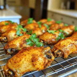 - 2 pounds chicken wings - 1 tablespoon olive oil - 1 teaspoon baking powder - 1 teaspoon garlic powder - 1 teaspoon onion powder - 1 teaspoon smoked paprika - 1/2 teaspoon cayenne pepper - 1 teaspoon salt - 1/2 teaspoon black pepper - Fresh parsley for garnish For this recipe, I focus on using fresh chicken wings. They hold flavor well and get crispy. Next, I add olive oil. It helps the wings brown and crisp up nicely. The seasoning mix is where the magic happens. Baking powder is key. It draws moisture out and makes the skin crisp. Garlic and onion powder add depth. Smoked paprika gives a hint of smokiness. Adjust the cayenne for spice. The salt and pepper enhance all the flavors. If you want to make it pretty, add fresh parsley on top. It adds a pop of color and freshness. For the full recipe, check out the earlier section. First, preheat your oven to 425°F (220°C). This high heat helps the wings get crispy. Next, prepare your baking sheet. Line it with aluminum foil for easy cleanup. Place a wire rack on top of the baking sheet. This rack lets hot air flow around the wings, making them crispier. In a large bowl, combine 2 pounds of chicken wings with the seasonings. Add 1 teaspoon each of baking powder, garlic powder, onion powder, and smoked paprika. For some heat, include 1/2 teaspoon of cayenne pepper. Season with 1 teaspoon of salt and 1/2 teaspoon of black pepper. Toss everything well so the wings are fully coated. Next, drizzle 1 tablespoon of olive oil over the seasoned wings. Toss again to ensure each wing is coated in oil and spices. This step adds flavor and helps with crispiness. Arrange the wings in a single layer on the wire rack. Make sure to leave space between them. This helps air circulate and keeps them crispy. Now, bake the wings in your preheated oven for 40 to 45 minutes. Flip them halfway through cooking for even crispiness. They should turn golden brown and look delicious. When they are done, take the wings out and let them rest for a few minutes. This helps the juices settle. If you like, sprinkle fresh parsley on top for a nice touch. Enjoy your crispy baked chicken wings! For a complete guide, check out the Full Recipe. To get the best crispiness, use baking powder. It helps to dry out the skin. When you dry the skin, it cooks better. This browns and crisps the wings. A wire rack is key too. It lets air flow around the wings. This helps them become crispy all over. If you bake them directly on the pan, they may get soggy. Marinate your wings for at least 30 minutes. This helps the flavors soak in. You can also marinate them overnight for a richer taste. For marinades, try soy sauce and honey for sweetness. You can also use hot sauce for a spicy kick. Lemon juice adds a nice zing too. Larger wings need more time to cook. Smaller wings will cook faster. For bigger wings, aim for 50 minutes. For smaller ones, check around 35 minutes. Always test for doneness. The wings should reach 165°F (74°C) to be safe. If they look golden brown and crispy, they are likely ready. {{image_2}} You can change the flavors of your crispy baked chicken wings easily. Here are two popular options: - Spicy Korean-style wings: Add gochujang or Korean chili paste to your seasoning mix. This gives the wings a sweet and spicy kick. Toss the wings in a mix of gochujang, honey, and soy sauce before baking. The result is a mouthwatering treat. - Sweet chili-glazed wings: For a sweet twist, mix sweet chili sauce with a bit of soy sauce. Brush this glaze on the wings during the last 10 minutes of baking. This method gives you a sticky and tasty wing that everyone will love. If you want to switch things up, try these cooking methods: - Air fryer version: Using an air fryer is fast and easy. Preheat the air fryer to 400°F (200°C). Place the seasoned wings in a single layer. Cook for about 25-30 minutes, shaking the basket halfway through. You'll get crispy wings without the oven. - Grilling tips for smoky flavor: For a smoky taste, grill the wings. Preheat your grill to medium heat. Place the wings on the grill and cook for 20-25 minutes, turning often. This method adds a nice char and flavor that baked wings can't match. Enjoy your crispy baked wings with these ideas: - Best dips to pair with baked wings: Classic choices include ranch, blue cheese, or honey mustard. You can also try a spicy sriracha mayo for something new. Each dip enhances the flavor of the wings. - Side dishes for a complete meal: Pair your wings with celery sticks, carrot sticks, or a fresh salad. You can also serve them with fries or potato wedges for a fun meal. Each side complements the crispy wings well. For more detailed steps and a complete guide, check the Full Recipe. To store your baked chicken wings, let them cool first. Place them in an airtight container. This helps keep them fresh. You can also wrap them tightly in plastic wrap or aluminum foil. In the fridge, they stay good for about three to four days. When you're ready to eat again, I recommend using the oven. Preheat it to 350°F (175°C). Place the wings on a baking sheet lined with foil. Bake for about 10-15 minutes. This method keeps them crispy. If you use a microwave, they may get soggy. If you must use a microwave, place a paper towel over the wings to help absorb moisture. To freeze cooked wings, let them cool completely. Place them in a freezer-safe bag or container. Make sure to remove as much air as possible. They can last up to three months in the freezer. To thaw, move them to the fridge overnight. Reheat them in the oven using the same method mentioned. This keeps them crispy and tasty. For the full recipe and more details, check the [Full Recipe]. To make your wings extra crispy, focus on air circulation and baking techniques. Here are key tips: - Use baking powder: It helps draw moisture from the skin, creating crispiness. - Choose a wire rack: Place your wings on a wire rack over a baking sheet. This allows hot air to circulate around the wings. - Space them out: Arrange the wings in a single layer. This prevents them from steaming and promotes crispness. - Flip halfway: Turn the wings over halfway through baking for even crispiness. For extra crunch, you can bake them a bit longer. Just keep an eye on them to avoid burning. Yes, you can use frozen chicken wings! Here’s how to cook them from frozen: - Increase baking time: Add about 10-15 minutes to the cooking time. This ensures they cook through. - No thawing needed: You can bake them straight from the freezer. Just make sure to season them well. - Check doneness: Use a meat thermometer to ensure they reach 165°F (74°C) before serving. Cooking from frozen is quick and easy, making it a great option for busy days. Dipping sauces enhance the flavor of your wings. Here are some popular choices: - Buffalo sauce: A classic for a spicy kick. - Ranch dressing: Creamy and cool, great for balancing heat. - Blue cheese dressing: Rich and tangy, perfect for bold flavors. - Honey mustard: Sweet with a bit of tang, a nice contrast to savory wings. You can also make your own sauces! Try mixing equal parts mayonnaise and sour cream for a simple dip. Enjoy your wings with your favorite sauces and make every bite count! For the full recipe, check [Full Recipe]. Baked chicken wings are easy and fun to make. We covered the key ingredients and the perfect steps for crispiness. Tips for marinating and adjusting cooking times can help elevate your dish. You can also try variations for different flavors, cooking methods, and serving ideas. Lastly, knowing how to store and reheat wings keeps them tasty. With these insights, you can enjoy wings any night with confidence. Now, get ready to impress your friends and family with your delicious homemade wings!