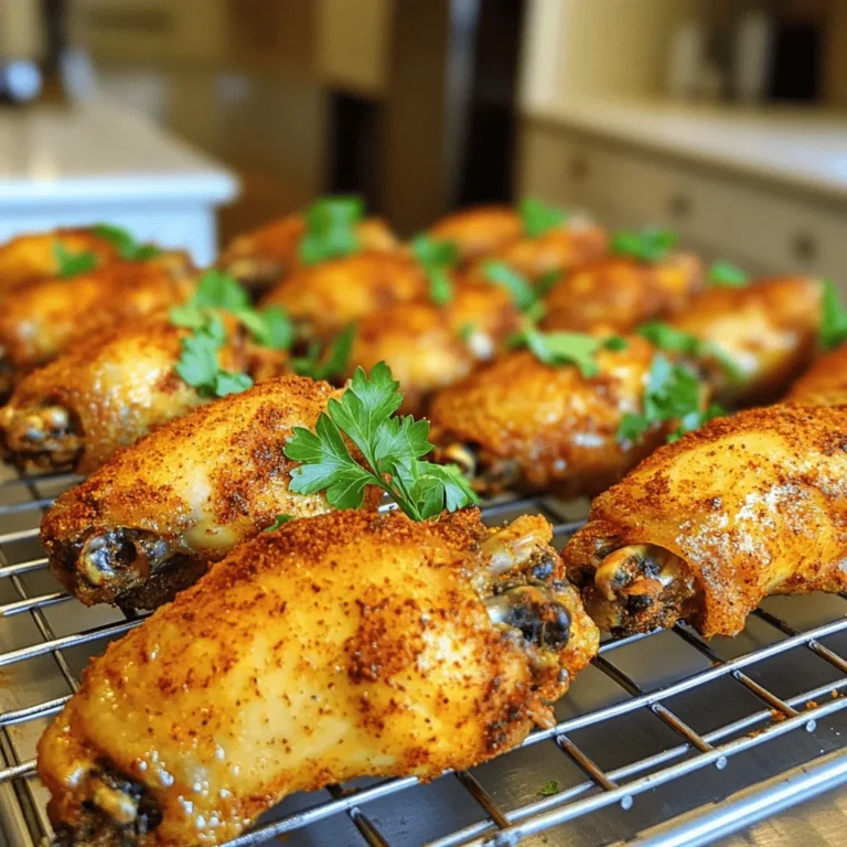 - 2 pounds chicken wings - 1 tablespoon olive oil - 1 teaspoon baking powder - 1 teaspoon garlic powder - 1 teaspoon onion powder - 1 teaspoon smoked paprika - 1/2 teaspoon cayenne pepper - 1 teaspoon salt - 1/2 teaspoon black pepper - Fresh parsley for garnish For this recipe, I focus on using fresh chicken wings. They hold flavor well and get crispy. Next, I add olive oil. It helps the wings brown and crisp up nicely. The seasoning mix is where the magic happens. Baking powder is key. It draws moisture out and makes the skin crisp. Garlic and onion powder add depth. Smoked paprika gives a hint of smokiness. Adjust the cayenne for spice. The salt and pepper enhance all the flavors. If you want to make it pretty, add fresh parsley on top. It adds a pop of color and freshness. For the full recipe, check out the earlier section. First, preheat your oven to 425°F (220°C). This high heat helps the wings get crispy. Next, prepare your baking sheet. Line it with aluminum foil for easy cleanup. Place a wire rack on top of the baking sheet. This rack lets hot air flow around the wings, making them crispier. In a large bowl, combine 2 pounds of chicken wings with the seasonings. Add 1 teaspoon each of baking powder, garlic powder, onion powder, and smoked paprika. For some heat, include 1/2 teaspoon of cayenne pepper. Season with 1 teaspoon of salt and 1/2 teaspoon of black pepper. Toss everything well so the wings are fully coated. Next, drizzle 1 tablespoon of olive oil over the seasoned wings. Toss again to ensure each wing is coated in oil and spices. This step adds flavor and helps with crispiness. Arrange the wings in a single layer on the wire rack. Make sure to leave space between them. This helps air circulate and keeps them crispy. Now, bake the wings in your preheated oven for 40 to 45 minutes. Flip them halfway through cooking for even crispiness. They should turn golden brown and look delicious. When they are done, take the wings out and let them rest for a few minutes. This helps the juices settle. If you like, sprinkle fresh parsley on top for a nice touch. Enjoy your crispy baked chicken wings! For a complete guide, check out the Full Recipe. To get the best crispiness, use baking powder. It helps to dry out the skin. When you dry the skin, it cooks better. This browns and crisps the wings. A wire rack is key too. It lets air flow around the wings. This helps them become crispy all over. If you bake them directly on the pan, they may get soggy. Marinate your wings for at least 30 minutes. This helps the flavors soak in. You can also marinate them overnight for a richer taste. For marinades, try soy sauce and honey for sweetness. You can also use hot sauce for a spicy kick. Lemon juice adds a nice zing too. Larger wings need more time to cook. Smaller wings will cook faster. For bigger wings, aim for 50 minutes. For smaller ones, check around 35 minutes. Always test for doneness. The wings should reach 165°F (74°C) to be safe. If they look golden brown and crispy, they are likely ready. {{image_2}} You can change the flavors of your crispy baked chicken wings easily. Here are two popular options: - Spicy Korean-style wings: Add gochujang or Korean chili paste to your seasoning mix. This gives the wings a sweet and spicy kick. Toss the wings in a mix of gochujang, honey, and soy sauce before baking. The result is a mouthwatering treat. - Sweet chili-glazed wings: For a sweet twist, mix sweet chili sauce with a bit of soy sauce. Brush this glaze on the wings during the last 10 minutes of baking. This method gives you a sticky and tasty wing that everyone will love. If you want to switch things up, try these cooking methods: - Air fryer version: Using an air fryer is fast and easy. Preheat the air fryer to 400°F (200°C). Place the seasoned wings in a single layer. Cook for about 25-30 minutes, shaking the basket halfway through. You'll get crispy wings without the oven. - Grilling tips for smoky flavor: For a smoky taste, grill the wings. Preheat your grill to medium heat. Place the wings on the grill and cook for 20-25 minutes, turning often. This method adds a nice char and flavor that baked wings can't match. Enjoy your crispy baked wings with these ideas: - Best dips to pair with baked wings: Classic choices include ranch, blue cheese, or honey mustard. You can also try a spicy sriracha mayo for something new. Each dip enhances the flavor of the wings. - Side dishes for a complete meal: Pair your wings with celery sticks, carrot sticks, or a fresh salad. You can also serve them with fries or potato wedges for a fun meal. Each side complements the crispy wings well. For more detailed steps and a complete guide, check the Full Recipe. To store your baked chicken wings, let them cool first. Place them in an airtight container. This helps keep them fresh. You can also wrap them tightly in plastic wrap or aluminum foil. In the fridge, they stay good for about three to four days. When you're ready to eat again, I recommend using the oven. Preheat it to 350°F (175°C). Place the wings on a baking sheet lined with foil. Bake for about 10-15 minutes. This method keeps them crispy. If you use a microwave, they may get soggy. If you must use a microwave, place a paper towel over the wings to help absorb moisture. To freeze cooked wings, let them cool completely. Place them in a freezer-safe bag or container. Make sure to remove as much air as possible. They can last up to three months in the freezer. To thaw, move them to the fridge overnight. Reheat them in the oven using the same method mentioned. This keeps them crispy and tasty. For the full recipe and more details, check the [Full Recipe]. To make your wings extra crispy, focus on air circulation and baking techniques. Here are key tips: - Use baking powder: It helps draw moisture from the skin, creating crispiness. - Choose a wire rack: Place your wings on a wire rack over a baking sheet. This allows hot air to circulate around the wings. - Space them out: Arrange the wings in a single layer. This prevents them from steaming and promotes crispness. - Flip halfway: Turn the wings over halfway through baking for even crispiness. For extra crunch, you can bake them a bit longer. Just keep an eye on them to avoid burning. Yes, you can use frozen chicken wings! Here’s how to cook them from frozen: - Increase baking time: Add about 10-15 minutes to the cooking time. This ensures they cook through. - No thawing needed: You can bake them straight from the freezer. Just make sure to season them well. - Check doneness: Use a meat thermometer to ensure they reach 165°F (74°C) before serving. Cooking from frozen is quick and easy, making it a great option for busy days. Dipping sauces enhance the flavor of your wings. Here are some popular choices: - Buffalo sauce: A classic for a spicy kick. - Ranch dressing: Creamy and cool, great for balancing heat. - Blue cheese dressing: Rich and tangy, perfect for bold flavors. - Honey mustard: Sweet with a bit of tang, a nice contrast to savory wings. You can also make your own sauces! Try mixing equal parts mayonnaise and sour cream for a simple dip. Enjoy your wings with your favorite sauces and make every bite count! For the full recipe, check [Full Recipe]. Baked chicken wings are easy and fun to make. We covered the key ingredients and the perfect steps for crispiness. Tips for marinating and adjusting cooking times can help elevate your dish. You can also try variations for different flavors, cooking methods, and serving ideas. Lastly, knowing how to store and reheat wings keeps them tasty. With these insights, you can enjoy wings any night with confidence. Now, get ready to impress your friends and family with your delicious homemade wings!