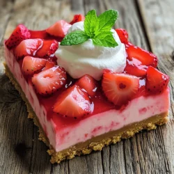 - 1 ½ cups graham cracker crumbs - ½ cup unsalted butter, melted - 2 tablespoons sugar - 2 (8 oz) packages cream cheese, softened - 1 cup sugar - 1 teaspoon vanilla extract - 2 large eggs - 1 cup fresh strawberries, pureed - ½ cup fresh strawberries, diced (for topping) - ¼ cup whipped cream (for garnish) - Fresh mint leaves (for garnish) These ingredients create a delicious treat. I love how the crust is simple yet flavorful. The graham cracker crumbs provide a nice crunch. The melted butter helps bind the crust together. A little sugar sweetens it up just right. The filling is where the magic happens. Cream cheese gives it a rich, creamy texture. I use fresh strawberries for pureeing. This adds a bright, fruity taste. The vanilla extract enhances the sweetness, making each bite a delight. Adding eggs gives the filling a smooth structure. They help the cheesecake set well. I always fold in the pureed strawberries gently. This keeps the filling light and airy. Finally, the topping adds a fresh touch. Diced strawberries and whipped cream make it look pretty. Mint leaves add color and a hint of freshness. - Additional fruits for topping - Chocolate drizzle - Flavor extracts for variation You can customize this recipe with optional ingredients. Additional fruits, like blueberries or raspberries, add color and flavor. A chocolate drizzle gives a fun twist. You can also experiment with flavor extracts, like almond or lemon. For the full recipe, check out the detailed steps to make these bars. First, preheat your oven to 350°F (175°C). This makes sure your bars bake evenly. Next, line an 8x8 inch baking dish with parchment paper. Leave some paper hanging over the edges. This helps you lift the bars out later. Now, let’s make the crust. In a mixing bowl, combine: - 1 ½ cups graham cracker crumbs - ½ cup unsalted butter, melted - 2 tablespoons sugar Mix these ingredients until they look like wet sand. Then, press this mixture into the bottom of the baking dish. Make it even and flat. Bake the crust for 10 minutes. While it bakes, let it cool. Now it’s time for the filling. In another bowl, beat together: - 2 (8 oz) packages cream cheese, softened - 1 cup sugar Mix these until smooth and creamy. This will take about 2-3 minutes. Next, add in: - 1 teaspoon vanilla extract - 2 large eggs Add the eggs one at a time. Mix gently after each egg. Be careful not to overmix; you want a nice texture. Once combined, fold in: - 1 cup fresh strawberries, pureed Make sure the strawberries are mixed well into the cream cheese. Pour the cheesecake filling over your cooled crust. Spread it out evenly. Bake this for 30-35 minutes. The edges should be set, but the center should still jiggle a bit. It will firm up while it cools. After baking, take it out and let it cool to room temperature. Then, chill it in the fridge for at least 3 hours. This step is key for the best texture. Once fully chilled, lift the bars out using the parchment paper. Cut them into squares. Top each square with: - ½ cup fresh strawberries, diced (for topping) - ¼ cup whipped cream (for garnish) - Fresh mint leaves (for garnish) Enjoy your delicious strawberry cheesecake bars! For the complete recipe, check out the Full Recipe link. To make great cheesecake bars, avoid overmixing the filling. Mix just enough to combine the ingredients. Overmixing can add too much air, and this may cause cracks. For the best texture, bake until the edges set and the center remains slightly jiggly. This means the bars will firm up as they cool. These cheesecake bars taste great topped with fresh fruit. I suggest using diced strawberries or blueberries. You can also add a drizzle of chocolate for a fun twist. Serve them chilled for the best experience. They are perfect for parties or family gatherings. If you see cracks in your cheesecake, don’t worry. You can cover them with whipped cream or fruit. This hides the cracks and adds flavor. If your bars feel too soft, they may need more time in the fridge. Always chill them for at least three hours before cutting. This helps them set properly. {{image_2}} You can get creative with flavors in strawberry cheesecake bars. Try adding chocolate. Melt some chocolate and swirl it into your cheesecake mix. This will give a rich, decadent taste. You can also add lemon zest. It brightens the flavor and adds a tangy twist. If you want to swap strawberries, use other berries. Blueberries, raspberries, or blackberries work well. Each berry brings a unique flavor. You can mix and match to find your favorite. For a lighter version, use low-fat cream cheese. It cuts the calories but keeps the creamy texture. You can also choose a gluten-free crust. Use almond flour or gluten-free graham crackers. This way, everyone can enjoy these bars. To make vegan strawberry cheesecake bars, swap dairy ingredients. Use coconut cream instead of cream cheese. Silken tofu is another great option. Blend it until smooth for a creamy texture. Look for vegan products like aquafaba for eggs. It works well in cheesecakes. There are also many plant-based cream cheeses. Brands like Tofutti or Kite Hill are great choices. These make it easy to create a vegan treat everyone can enjoy. For the complete recipe, check the Full Recipe. To keep your strawberry cheesecake bars fresh, store them in the fridge. Place them in an airtight container. This helps prevent them from drying out or absorbing other smells. You can stack them neatly, but ensure they are separated by parchment paper. This keeps them intact and beautiful. If you want to save some for later, freezing is a great option. First, let the bars cool completely. Then, cut them into squares. Wrap each square in plastic wrap to keep them fresh. Place wrapped squares in a freezer-safe bag or container. Make sure to label it with the date. To enjoy later, take out a bar and thaw it in the fridge for a few hours or overnight. This helps retain the flavor and texture. Enjoy your delicious strawberry cheesecake bars anytime! You can store these bars in the fridge for up to five days. Keep them in an airtight container to keep them fresh. The bars taste great cold, making them a perfect treat to have on hand. Yes, you can make these cheesecake bars a day before. They need time to chill in the fridge. This makes them easier to slice and serve. Just remember to cover them tightly to keep them fresh. If you need a substitute, try mascarpone or ricotta cheese. You can also use Greek yogurt for a lighter option. Each will give a different taste, but they can work well in this recipe. Yes, frozen strawberries can work. Just thaw and drain them before pureeing. This helps to remove extra water. The flavor will still be great, and you can enjoy these bars year-round. To cut the bars easily, use a sharp knife. Dip the knife in hot water, then dry it off. This helps make clean cuts. Wipe the knife between cuts for the best results. Enjoy your perfectly sliced strawberry cheesecake bars! You can find the complete recipe for Strawberry Cheesecake Bars, including all details, by following this [link](#). These bars are easy to make and perfect for any occasion. They blend creamy cheesecake with fresh strawberries for a delightful treat. Enjoy each bite! In this post, we explored the key ingredients needed to make delicious strawberry cheesecake bars. You learned how to prep, bake, and store them. I shared helpful tips to avoid common mistakes and fun variations to try. Remember, these bars are great for any occasion and easy to customize. Now, it’s your turn to create this treat. Enjoy the process and taste the results! You will impress everyone with your baking skills.