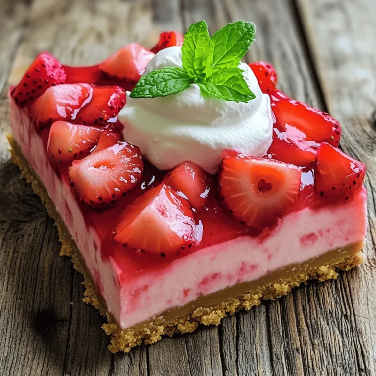 - 1 ½ cups graham cracker crumbs - ½ cup unsalted butter, melted - 2 tablespoons sugar - 2 (8 oz) packages cream cheese, softened - 1 cup sugar - 1 teaspoon vanilla extract - 2 large eggs - 1 cup fresh strawberries, pureed - ½ cup fresh strawberries, diced (for topping) - ¼ cup whipped cream (for garnish) - Fresh mint leaves (for garnish) These ingredients create a delicious treat. I love how the crust is simple yet flavorful. The graham cracker crumbs provide a nice crunch. The melted butter helps bind the crust together. A little sugar sweetens it up just right. The filling is where the magic happens. Cream cheese gives it a rich, creamy texture. I use fresh strawberries for pureeing. This adds a bright, fruity taste. The vanilla extract enhances the sweetness, making each bite a delight. Adding eggs gives the filling a smooth structure. They help the cheesecake set well. I always fold in the pureed strawberries gently. This keeps the filling light and airy. Finally, the topping adds a fresh touch. Diced strawberries and whipped cream make it look pretty. Mint leaves add color and a hint of freshness. - Additional fruits for topping - Chocolate drizzle - Flavor extracts for variation You can customize this recipe with optional ingredients. Additional fruits, like blueberries or raspberries, add color and flavor. A chocolate drizzle gives a fun twist. You can also experiment with flavor extracts, like almond or lemon. For the full recipe, check out the detailed steps to make these bars. First, preheat your oven to 350°F (175°C). This makes sure your bars bake evenly. Next, line an 8x8 inch baking dish with parchment paper. Leave some paper hanging over the edges. This helps you lift the bars out later. Now, let’s make the crust. In a mixing bowl, combine: - 1 ½ cups graham cracker crumbs - ½ cup unsalted butter, melted - 2 tablespoons sugar Mix these ingredients until they look like wet sand. Then, press this mixture into the bottom of the baking dish. Make it even and flat. Bake the crust for 10 minutes. While it bakes, let it cool. Now it’s time for the filling. In another bowl, beat together: - 2 (8 oz) packages cream cheese, softened - 1 cup sugar Mix these until smooth and creamy. This will take about 2-3 minutes. Next, add in: - 1 teaspoon vanilla extract - 2 large eggs Add the eggs one at a time. Mix gently after each egg. Be careful not to overmix; you want a nice texture. Once combined, fold in: - 1 cup fresh strawberries, pureed Make sure the strawberries are mixed well into the cream cheese. Pour the cheesecake filling over your cooled crust. Spread it out evenly. Bake this for 30-35 minutes. The edges should be set, but the center should still jiggle a bit. It will firm up while it cools. After baking, take it out and let it cool to room temperature. Then, chill it in the fridge for at least 3 hours. This step is key for the best texture. Once fully chilled, lift the bars out using the parchment paper. Cut them into squares. Top each square with: - ½ cup fresh strawberries, diced (for topping) - ¼ cup whipped cream (for garnish) - Fresh mint leaves (for garnish) Enjoy your delicious strawberry cheesecake bars! For the complete recipe, check out the Full Recipe link. To make great cheesecake bars, avoid overmixing the filling. Mix just enough to combine the ingredients. Overmixing can add too much air, and this may cause cracks. For the best texture, bake until the edges set and the center remains slightly jiggly. This means the bars will firm up as they cool. These cheesecake bars taste great topped with fresh fruit. I suggest using diced strawberries or blueberries. You can also add a drizzle of chocolate for a fun twist. Serve them chilled for the best experience. They are perfect for parties or family gatherings. If you see cracks in your cheesecake, don’t worry. You can cover them with whipped cream or fruit. This hides the cracks and adds flavor. If your bars feel too soft, they may need more time in the fridge. Always chill them for at least three hours before cutting. This helps them set properly. {{image_2}} You can get creative with flavors in strawberry cheesecake bars. Try adding chocolate. Melt some chocolate and swirl it into your cheesecake mix. This will give a rich, decadent taste. You can also add lemon zest. It brightens the flavor and adds a tangy twist. If you want to swap strawberries, use other berries. Blueberries, raspberries, or blackberries work well. Each berry brings a unique flavor. You can mix and match to find your favorite. For a lighter version, use low-fat cream cheese. It cuts the calories but keeps the creamy texture. You can also choose a gluten-free crust. Use almond flour or gluten-free graham crackers. This way, everyone can enjoy these bars. To make vegan strawberry cheesecake bars, swap dairy ingredients. Use coconut cream instead of cream cheese. Silken tofu is another great option. Blend it until smooth for a creamy texture. Look for vegan products like aquafaba for eggs. It works well in cheesecakes. There are also many plant-based cream cheeses. Brands like Tofutti or Kite Hill are great choices. These make it easy to create a vegan treat everyone can enjoy. For the complete recipe, check the Full Recipe. To keep your strawberry cheesecake bars fresh, store them in the fridge. Place them in an airtight container. This helps prevent them from drying out or absorbing other smells. You can stack them neatly, but ensure they are separated by parchment paper. This keeps them intact and beautiful. If you want to save some for later, freezing is a great option. First, let the bars cool completely. Then, cut them into squares. Wrap each square in plastic wrap to keep them fresh. Place wrapped squares in a freezer-safe bag or container. Make sure to label it with the date. To enjoy later, take out a bar and thaw it in the fridge for a few hours or overnight. This helps retain the flavor and texture. Enjoy your delicious strawberry cheesecake bars anytime! You can store these bars in the fridge for up to five days. Keep them in an airtight container to keep them fresh. The bars taste great cold, making them a perfect treat to have on hand. Yes, you can make these cheesecake bars a day before. They need time to chill in the fridge. This makes them easier to slice and serve. Just remember to cover them tightly to keep them fresh. If you need a substitute, try mascarpone or ricotta cheese. You can also use Greek yogurt for a lighter option. Each will give a different taste, but they can work well in this recipe. Yes, frozen strawberries can work. Just thaw and drain them before pureeing. This helps to remove extra water. The flavor will still be great, and you can enjoy these bars year-round. To cut the bars easily, use a sharp knife. Dip the knife in hot water, then dry it off. This helps make clean cuts. Wipe the knife between cuts for the best results. Enjoy your perfectly sliced strawberry cheesecake bars! You can find the complete recipe for Strawberry Cheesecake Bars, including all details, by following this [link](#). These bars are easy to make and perfect for any occasion. They blend creamy cheesecake with fresh strawberries for a delightful treat. Enjoy each bite! In this post, we explored the key ingredients needed to make delicious strawberry cheesecake bars. You learned how to prep, bake, and store them. I shared helpful tips to avoid common mistakes and fun variations to try. Remember, these bars are great for any occasion and easy to customize. Now, it’s your turn to create this treat. Enjoy the process and taste the results! You will impress everyone with your baking skills.