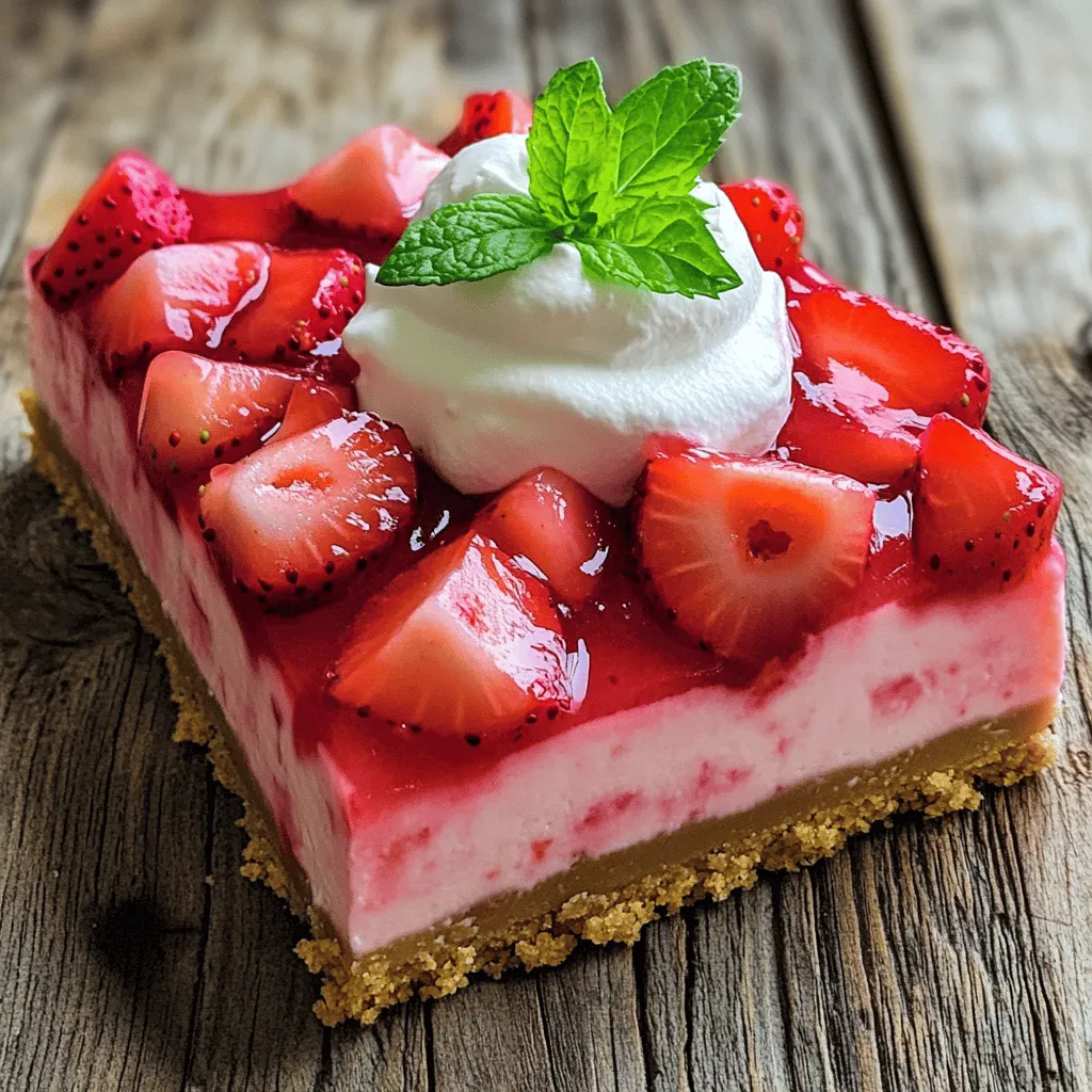 - 1 ½ cups graham cracker crumbs - ½ cup unsalted butter, melted - 2 tablespoons sugar - 2 (8 oz) packages cream cheese, softened - 1 cup sugar - 1 teaspoon vanilla extract - 2 large eggs - 1 cup fresh strawberries, pureed - ½ cup fresh strawberries, diced (for topping) - ¼ cup whipped cream (for garnish) - Fresh mint leaves (for garnish) These ingredients create a delicious treat. I love how the crust is simple yet flavorful. The graham cracker crumbs provide a nice crunch. The melted butter helps bind the crust together. A little sugar sweetens it up just right. The filling is where the magic happens. Cream cheese gives it a rich, creamy texture. I use fresh strawberries for pureeing. This adds a bright, fruity taste. The vanilla extract enhances the sweetness, making each bite a delight. Adding eggs gives the filling a smooth structure. They help the cheesecake set well. I always fold in the pureed strawberries gently. This keeps the filling light and airy. Finally, the topping adds a fresh touch. Diced strawberries and whipped cream make it look pretty. Mint leaves add color and a hint of freshness. - Additional fruits for topping - Chocolate drizzle - Flavor extracts for variation You can customize this recipe with optional ingredients. Additional fruits, like blueberries or raspberries, add color and flavor. A chocolate drizzle gives a fun twist. You can also experiment with flavor extracts, like almond or lemon. For the full recipe, check out the detailed steps to make these bars. First, preheat your oven to 350°F (175°C). This makes sure your bars bake evenly. Next, line an 8x8 inch baking dish with parchment paper. Leave some paper hanging over the edges. This helps you lift the bars out later. Now, let’s make the crust. In a mixing bowl, combine: - 1 ½ cups graham cracker crumbs - ½ cup unsalted butter, melted - 2 tablespoons sugar Mix these ingredients until they look like wet sand. Then, press this mixture into the bottom of the baking dish. Make it even and flat. Bake the crust for 10 minutes. While it bakes, let it cool. Now it’s time for the filling. In another bowl, beat together: - 2 (8 oz) packages cream cheese, softened - 1 cup sugar Mix these until smooth and creamy. This will take about 2-3 minutes. Next, add in: - 1 teaspoon vanilla extract - 2 large eggs Add the eggs one at a time. Mix gently after each egg. Be careful not to overmix; you want a nice texture. Once combined, fold in: - 1 cup fresh strawberries, pureed Make sure the strawberries are mixed well into the cream cheese. Pour the cheesecake filling over your cooled crust. Spread it out evenly. Bake this for 30-35 minutes. The edges should be set, but the center should still jiggle a bit. It will firm up while it cools. After baking, take it out and let it cool to room temperature. Then, chill it in the fridge for at least 3 hours. This step is key for the best texture. Once fully chilled, lift the bars out using the parchment paper. Cut them into squares. Top each square with: - ½ cup fresh strawberries, diced (for topping) - ¼ cup whipped cream (for garnish) - Fresh mint leaves (for garnish) Enjoy your delicious strawberry cheesecake bars! For the complete recipe, check out the Full Recipe link. To make great cheesecake bars, avoid overmixing the filling. Mix just enough to combine the ingredients. Overmixing can add too much air, and this may cause cracks. For the best texture, bake until the edges set and the center remains slightly jiggly. This means the bars will firm up as they cool. These cheesecake bars taste great topped with fresh fruit. I suggest using diced strawberries or blueberries. You can also add a drizzle of chocolate for a fun twist. Serve them chilled for the best experience. They are perfect for parties or family gatherings. If you see cracks in your cheesecake, don’t worry. You can cover them with whipped cream or fruit. This hides the cracks and adds flavor. If your bars feel too soft, they may need more time in the fridge. Always chill them for at least three hours before cutting. This helps them set properly. {{image_2}} You can get creative with flavors in strawberry cheesecake bars. Try adding chocolate. Melt some chocolate and swirl it into your cheesecake mix. This will give a rich, decadent taste. You can also add lemon zest. It brightens the flavor and adds a tangy twist. If you want to swap strawberries, use other berries. Blueberries, raspberries, or blackberries work well. Each berry brings a unique flavor. You can mix and match to find your favorite. For a lighter version, use low-fat cream cheese. It cuts the calories but keeps the creamy texture. You can also choose a gluten-free crust. Use almond flour or gluten-free graham crackers. This way, everyone can enjoy these bars. To make vegan strawberry cheesecake bars, swap dairy ingredients. Use coconut cream instead of cream cheese. Silken tofu is another great option. Blend it until smooth for a creamy texture. Look for vegan products like aquafaba for eggs. It works well in cheesecakes. There are also many plant-based cream cheeses. Brands like Tofutti or Kite Hill are great choices. These make it easy to create a vegan treat everyone can enjoy. For the complete recipe, check the Full Recipe. To keep your strawberry cheesecake bars fresh, store them in the fridge. Place them in an airtight container. This helps prevent them from drying out or absorbing other smells. You can stack them neatly, but ensure they are separated by parchment paper. This keeps them intact and beautiful. If you want to save some for later, freezing is a great option. First, let the bars cool completely. Then, cut them into squares. Wrap each square in plastic wrap to keep them fresh. Place wrapped squares in a freezer-safe bag or container. Make sure to label it with the date. To enjoy later, take out a bar and thaw it in the fridge for a few hours or overnight. This helps retain the flavor and texture. Enjoy your delicious strawberry cheesecake bars anytime! You can store these bars in the fridge for up to five days. Keep them in an airtight container to keep them fresh. The bars taste great cold, making them a perfect treat to have on hand. Yes, you can make these cheesecake bars a day before. They need time to chill in the fridge. This makes them easier to slice and serve. Just remember to cover them tightly to keep them fresh. If you need a substitute, try mascarpone or ricotta cheese. You can also use Greek yogurt for a lighter option. Each will give a different taste, but they can work well in this recipe. Yes, frozen strawberries can work. Just thaw and drain them before pureeing. This helps to remove extra water. The flavor will still be great, and you can enjoy these bars year-round. To cut the bars easily, use a sharp knife. Dip the knife in hot water, then dry it off. This helps make clean cuts. Wipe the knife between cuts for the best results. Enjoy your perfectly sliced strawberry cheesecake bars! You can find the complete recipe for Strawberry Cheesecake Bars, including all details, by following this [link](#). These bars are easy to make and perfect for any occasion. They blend creamy cheesecake with fresh strawberries for a delightful treat. Enjoy each bite! In this post, we explored the key ingredients needed to make delicious strawberry cheesecake bars. You learned how to prep, bake, and store them. I shared helpful tips to avoid common mistakes and fun variations to try. Remember, these bars are great for any occasion and easy to customize. Now, it’s your turn to create this treat. Enjoy the process and taste the results! You will impress everyone with your baking skills.