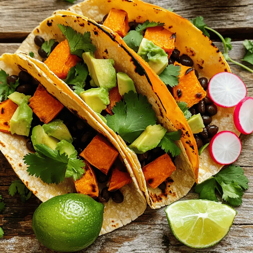 - 2 medium sweet potatoes, peeled and diced - 1 can (15 oz) black beans, drained and rinsed - 1 tablespoon olive oil - 1 teaspoon cumin - 1 teaspoon smoked paprika - 1/2 teaspoon garlic powder - Salt and pepper to taste - 8 small corn tortillas - 1 avocado, sliced - 1/4 cup chopped fresh cilantro - 1 lime, cut into wedges - Optional: sliced radishes for garnish You can swap sweet potatoes with butternut squash for a different flavor. If you want more protein, add quinoa or lentils. Use any beans you like, but black beans work best here. Corn tortillas can be replaced with flour tortillas if you prefer. For a creamier texture, consider adding Greek yogurt instead of avocado. This recipe serves four and provides a balanced meal. Each taco has about 230 calories. You get around 8 grams of protein, 10 grams of fiber, and 60 grams of carbs. Sweet potatoes offer lots of vitamins, and black beans boost the protein. This meal is filling and healthy, perfect for lunch or dinner. Start by gathering your ingredients. You will need sweet potatoes, black beans, and spices. Peel and dice the sweet potatoes into small cubes. This helps them cook evenly. Drain and rinse the black beans to remove extra salt. Preheat your oven to 425°F (220°C). This step is important for roasting the sweet potatoes perfectly. Spread the diced sweet potatoes on a baking sheet. Drizzle with olive oil and sprinkle with cumin, smoked paprika, garlic powder, salt, and pepper. Toss them well to coat evenly. Roast these in the oven for about 25-30 minutes. Make sure to toss them halfway through. You want them tender and slightly caramelized. While they roast, heat the black beans in a small saucepan over medium heat. Stir occasionally until warmed through. Season with salt and pepper to taste. Once the sweet potatoes are ready, it’s time to assemble your tacos. Warm the corn tortillas in a dry skillet for about 30 seconds on each side. This makes them soft and easy to fold. Place a generous scoop of roasted sweet potatoes on each tortilla. Add a spoonful of black beans on top. Finish with avocado slices and chopped cilantro. Squeeze fresh lime juice over everything. If you like, add sliced radishes for a crunchy garnish. Serve immediately with lime wedges for extra flavor. For the full recipe, check the details above. Roasting sweet potatoes brings out their natural sweetness. First, cut them into small, even pieces. This helps them cook evenly. Spread them on a baking sheet in a single layer. Make sure they are not crowded. Drizzle with olive oil and toss them well with spices. Roast at 425°F for 25-30 minutes. Halfway through, stir them for even browning. When done, they should be tender and slightly caramelized. Spices can make sweet potatoes pop. Cumin adds warmth and depth. Smoked paprika gives a nice smoky flavor. Garlic powder adds a hint of savory taste. Adjust the amount of each spice to your liking. Don't forget to season with salt and pepper to enhance the flavors even more. You can also try adding chili powder for a kick. Corn tortillas work best for these tacos. They are tasty and hold up well. Warm them in a dry skillet for a few seconds on each side. This makes them soft and easy to fold. If you want a different option, try flour tortillas. They are larger and softer. Just pick what you like best for your taco experience. For the complete recipe, check out the Full Recipe section. {{image_2}} You can easily make these tacos vegan and gluten-free. Use corn tortillas, as they are naturally gluten-free. For vegan options, check that your toppings, like avocado and cilantro, are fresh and free from animal products. If you want more protein, add quinoa or tofu. You can even swap black beans for lentils for a different taste. Tacos are fun because you can add so many toppings. Try adding sliced jalapeños for heat. Fresh salsa or pico de gallo brightens the flavors. You can also sprinkle some feta cheese for a salty touch. A dollop of sour cream or a cashew cream can add creaminess. Don’t forget to serve with lime wedges to squeeze on top! Mix up the spices to change the flavor. Instead of cumin, try chili powder for a bolder taste. Add a pinch of cayenne pepper if you enjoy spice. You can also switch the smoked paprika for regular paprika for a milder flavor. If you want a sweet touch, add a bit of cinnamon to the sweet potatoes. Each change makes the dish exciting and new! For the full recipe, check the Sweet Potato and Black Bean Tacos section above. Once you finish your tacos, store any leftovers in an airtight container. Keep the sweet potato and black bean mix separate from the tortillas. This way, the tortillas stay soft and don’t get soggy. You can store the mix in the fridge for up to three days. To reheat, you can use a skillet or the microwave. If using a skillet, heat it over medium heat. Add the sweet potato and black bean mix, stirring until warm. For the tortillas, warm them in the skillet for about 30 seconds on each side. If using a microwave, place the mix in a safe dish, cover it, and heat for about one minute. Check to ensure it’s warm all the way through. You can freeze the sweet potato and black bean mix for later use. Place it in a freezer-safe bag or container. Remove as much air as possible before sealing. It will keep well for up to three months. When ready to use, thaw it overnight in the fridge. Reheat as mentioned above. Remember, do not freeze the tortillas, as they won’t hold up well after thawing. For a quick meal, you can prepare the full recipe and freeze the leftovers. To add heat, try these tips: - Add jalapeños: Chop fresh jalapeños and mix them with the black beans. - Use hot sauce: Drizzle your favorite hot sauce over the tacos before serving. - Spicy spices: Add cayenne pepper or chili powder to the sweet potatoes. These options let you control the heat level to suit your taste. Yes, you can prepare parts of the tacos ahead: - Roast sweet potatoes: You can roast the sweet potatoes and store them in the fridge. - Heat black beans: Warm the black beans when ready to serve. - Tortillas: Warm the tortillas just before you assemble the tacos. This method saves time and keeps your meal fresh and tasty. Serve these tacos warm with fresh toppings. Here are my favorites: - Avocado slices: They add creaminess and flavor. - Cilantro: Fresh cilantro gives a nice touch. - Lime wedges: A squeeze of lime brightens the tacos. - Radishes: Sliced radishes add crunch and color. Arrange everything on a platter for a fun taco night! For a detailed guide, check the Full Recipe. This guide covers all you need for sweet potato and black bean tacos. You learned about the ingredients, measurements, and nutritional info. You discovered preparation steps and cooking tips to make them tasty. We explored variations like vegan options and how to store leftovers well. In summary, enjoy the flavors and creativity with these tacos. You can make them your own in many ways. Now, it's time to gather your ingredients and start cooking!