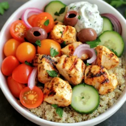 - 1 lb boneless, skinless chicken breasts - 2 tablespoons olive oil - 2 teaspoons dried oregano - 1 cup cherry tomatoes - 1 cucumber - 1 teaspoon garlic powder - 1 teaspoon paprika - Salt and pepper to taste - ½ cup Kalamata olives - 1 cup cooked quinoa or rice - ½ cup tzatziki sauce - Fresh parsley for garnish For Greek Chicken Souvlaki Bowls, the ingredients shine through. The chicken is the star. You need boneless, skinless chicken breasts. I like to cut them into 1-inch cubes. This helps them cook evenly. The marinade is simple yet flavorful. It starts with olive oil, which adds richness. Dried oregano brings that classic Greek flavor. Garlic powder and paprika add depth. Don't forget salt and pepper! They balance the dish perfectly. Then, the veggies! Cherry tomatoes and cucumber add freshness. They brighten up the bowl. Kalamata olives bring a salty bite, while quinoa or rice makes it hearty. Tzatziki sauce adds creaminess and tang. Finally, sprinkle fresh parsley on top. It makes the dish look lovely and adds a touch of green. This full recipe is easy to follow, perfect for busy weeknights or casual gatherings. To start, you need to make a tasty marinade. In a large mixing bowl, combine the following ingredients: - 2 tablespoons olive oil - 2 teaspoons dried oregano - 1 teaspoon garlic powder - 1 teaspoon paprika - Salt and pepper to taste Stir well until mixed. Then, add 1 pound of boneless, skinless chicken breasts cut into 1-inch cubes. Make sure each piece gets covered in the marinade. Once done, cover the bowl and refrigerate for at least 30 minutes. This allows the flavors to soak in. While the chicken marinates, prepare your grill or grill pan. Preheat it over medium-high heat. If you use wooden skewers, soak them in water for 30 minutes. This helps prevent burning while grilling. After marinating, it’s time to grill. Skewer the chicken cubes onto the soaked skewers. Place them on the grill and cook for about 8 to 10 minutes. Turn the skewers often. You want them slightly charred and cooked through. To check for doneness, the internal temperature should reach 165°F (75°C). While the chicken grills, prepare your veggies. In a large bowl, combine the following: - 1 cup cherry tomatoes, halved - 1 cucumber, diced - ½ red onion, thinly sliced - ½ cup Kalamata olives, pitted and halved Toss them gently. If you are using quinoa or rice, portion it into bowls. Once the chicken is ready, remove it from the skewers. Distribute the chicken evenly over the bowls. Top with the vegetable mix. Finally, drizzle ½ cup of tzatziki sauce over everything. Garnish with fresh parsley for a bright finish. Enjoy your Greek Chicken Souvlaki Bowls! For the full recipe, check out the recipe section. To make your chicken souvlaki truly shine, think about adding flavors. Try lemon juice, honey, or fresh herbs like dill. These extra touches can make a big difference. Marinate your chicken for at least 30 minutes. For even better taste, let it sit for up to four hours. This gives the flavors time to soak in. When grilling, aim for a high heat. This helps achieve that perfect char on your chicken. If you're using a charcoal grill, let the coals burn down until they are white. For gas grills, preheat for about 10-15 minutes. Cook the chicken for 8-10 minutes, turning often. Check the internal temperature. It should reach 165°F (75°C) to be safe. Pair your souvlaki bowls with fresh pita bread or a side of Greek salad. For drinks, a light white wine or sparkling water works well. To serve, layer your ingredients in a bowl. Start with quinoa or rice, then add the grilled chicken and veggies. Drizzle tzatziki sauce on top and finish with parsley. This makes for a colorful and appetizing dish. {{image_2}} You can switch chicken for lamb or beef. These meats bring rich, savory flavors. Lamb has a lovely, earthy taste. Beef adds a hearty touch. For a vegetarian option, try grilled halloumi. Halloumi is firm and salty, making it a great meat substitute. Homemade tzatziki is a must for these bowls. You can mix Greek yogurt with cucumber, garlic, and herbs. If you want to try something different, use a tahini sauce. It adds a nutty flavor that pairs well with the chicken and veggies. Feta cheese is a classic topping for Greek dishes. Crumble it over your bowl for a tangy kick. You can also add pickled vegetables, like red onions or cucumbers. They add crunch and brightness to each bite. For the full recipe, check out the detailed instructions above. To store leftovers, let the chicken souvlaki cool first. Place it in airtight containers. You can keep the veggies and chicken separate to maintain freshness. Use glass or BPA-free plastic containers for the best results. For freezing, pack the chicken and veggies in freezer-safe bags. Remove as much air as you can. This helps prevent freezer burn. When you are ready to eat, thaw the bowl in the fridge overnight. Reheat in the microwave or on the stove. The chicken lasts about 3-4 days in the fridge. Cooked quinoa or rice can stay fresh for 5-7 days if stored right. Signs foods are no longer good include off smells, discoloration, or mold. Discard any items that look or smell strange. You can serve Greek chicken souvlaki in many tasty ways. The most common way is to put the chicken on skewers. You can serve it with pita bread and a side of tzatziki. Add a fresh salad with cucumbers, tomatoes, and onions. You can also include olives and feta cheese for extra flavor. Some people love to have rice or quinoa on the side. This adds a nice touch to the meal. Yes, you can use other meats like lamb or beef. If you choose lamb, cut it into cubes just like the chicken. For beef, use sirloin or tenderloin for the best taste. Cooking times may change slightly. Lamb usually takes about 10-12 minutes to grill. Beef can take around 8-10 minutes, depending on the thickness of the pieces. Always check the meat for doneness. I recommend marinating the chicken for at least 30 minutes. This time helps the flavors soak in well. If you have more time, marinate for up to 2 hours. A longer marination will make the chicken taste even better. Just remember to keep it in the fridge while it marinates. Yes, this recipe is quite healthy. Chicken is a lean protein, and you get lots of fresh veggies. Quinoa or brown rice adds healthy carbs. The olive oil in the marinade provides good fats. Using tzatziki adds flavor without too many calories. It’s a balanced meal that is tasty and good for you. Absolutely! You can prepare the chicken and marinate it a day ahead. Just keep it in the fridge. You can also chop the veggies and store them in a container. If you cook the chicken in advance, it will last in the fridge for about 3 days. Just reheat it on the grill or in a pan before serving. To check if the chicken is done, use a meat thermometer. The internal temperature should be 165°F (75°C). If you don’t have a thermometer, look for visual cues. The chicken should be golden brown on the outside and no longer pink inside. Cutting into a piece can help you check the color. In this blog post, we explored a simple yet flavorful Greek Chicken Souvlaki recipe. We covered main ingredients, step-by-step instructions, and tips for perfect grilling. You learned about cooking options, variations, and storage methods. Grilling can be fun and tasty. These bowls are versatile and can suit your tastes. Use the tips to make this dish perfect for any meal. Enjoy making and sharing this delicious recipe!