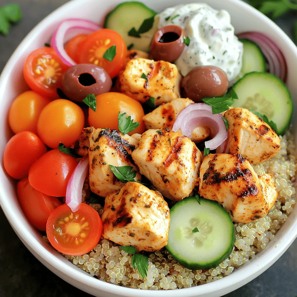 - 1 lb boneless, skinless chicken breasts - 2 tablespoons olive oil - 2 teaspoons dried oregano - 1 cup cherry tomatoes - 1 cucumber - 1 teaspoon garlic powder - 1 teaspoon paprika - Salt and pepper to taste - ½ cup Kalamata olives - 1 cup cooked quinoa or rice - ½ cup tzatziki sauce - Fresh parsley for garnish For Greek Chicken Souvlaki Bowls, the ingredients shine through. The chicken is the star. You need boneless, skinless chicken breasts. I like to cut them into 1-inch cubes. This helps them cook evenly. The marinade is simple yet flavorful. It starts with olive oil, which adds richness. Dried oregano brings that classic Greek flavor. Garlic powder and paprika add depth. Don't forget salt and pepper! They balance the dish perfectly. Then, the veggies! Cherry tomatoes and cucumber add freshness. They brighten up the bowl. Kalamata olives bring a salty bite, while quinoa or rice makes it hearty. Tzatziki sauce adds creaminess and tang. Finally, sprinkle fresh parsley on top. It makes the dish look lovely and adds a touch of green. This full recipe is easy to follow, perfect for busy weeknights or casual gatherings. To start, you need to make a tasty marinade. In a large mixing bowl, combine the following ingredients: - 2 tablespoons olive oil - 2 teaspoons dried oregano - 1 teaspoon garlic powder - 1 teaspoon paprika - Salt and pepper to taste Stir well until mixed. Then, add 1 pound of boneless, skinless chicken breasts cut into 1-inch cubes. Make sure each piece gets covered in the marinade. Once done, cover the bowl and refrigerate for at least 30 minutes. This allows the flavors to soak in. While the chicken marinates, prepare your grill or grill pan. Preheat it over medium-high heat. If you use wooden skewers, soak them in water for 30 minutes. This helps prevent burning while grilling. After marinating, it’s time to grill. Skewer the chicken cubes onto the soaked skewers. Place them on the grill and cook for about 8 to 10 minutes. Turn the skewers often. You want them slightly charred and cooked through. To check for doneness, the internal temperature should reach 165°F (75°C). While the chicken grills, prepare your veggies. In a large bowl, combine the following: - 1 cup cherry tomatoes, halved - 1 cucumber, diced - ½ red onion, thinly sliced - ½ cup Kalamata olives, pitted and halved Toss them gently. If you are using quinoa or rice, portion it into bowls. Once the chicken is ready, remove it from the skewers. Distribute the chicken evenly over the bowls. Top with the vegetable mix. Finally, drizzle ½ cup of tzatziki sauce over everything. Garnish with fresh parsley for a bright finish. Enjoy your Greek Chicken Souvlaki Bowls! For the full recipe, check out the recipe section. To make your chicken souvlaki truly shine, think about adding flavors. Try lemon juice, honey, or fresh herbs like dill. These extra touches can make a big difference. Marinate your chicken for at least 30 minutes. For even better taste, let it sit for up to four hours. This gives the flavors time to soak in. When grilling, aim for a high heat. This helps achieve that perfect char on your chicken. If you're using a charcoal grill, let the coals burn down until they are white. For gas grills, preheat for about 10-15 minutes. Cook the chicken for 8-10 minutes, turning often. Check the internal temperature. It should reach 165°F (75°C) to be safe. Pair your souvlaki bowls with fresh pita bread or a side of Greek salad. For drinks, a light white wine or sparkling water works well. To serve, layer your ingredients in a bowl. Start with quinoa or rice, then add the grilled chicken and veggies. Drizzle tzatziki sauce on top and finish with parsley. This makes for a colorful and appetizing dish. {{image_2}} You can switch chicken for lamb or beef. These meats bring rich, savory flavors. Lamb has a lovely, earthy taste. Beef adds a hearty touch. For a vegetarian option, try grilled halloumi. Halloumi is firm and salty, making it a great meat substitute. Homemade tzatziki is a must for these bowls. You can mix Greek yogurt with cucumber, garlic, and herbs. If you want to try something different, use a tahini sauce. It adds a nutty flavor that pairs well with the chicken and veggies. Feta cheese is a classic topping for Greek dishes. Crumble it over your bowl for a tangy kick. You can also add pickled vegetables, like red onions or cucumbers. They add crunch and brightness to each bite. For the full recipe, check out the detailed instructions above. To store leftovers, let the chicken souvlaki cool first. Place it in airtight containers. You can keep the veggies and chicken separate to maintain freshness. Use glass or BPA-free plastic containers for the best results. For freezing, pack the chicken and veggies in freezer-safe bags. Remove as much air as you can. This helps prevent freezer burn. When you are ready to eat, thaw the bowl in the fridge overnight. Reheat in the microwave or on the stove. The chicken lasts about 3-4 days in the fridge. Cooked quinoa or rice can stay fresh for 5-7 days if stored right. Signs foods are no longer good include off smells, discoloration, or mold. Discard any items that look or smell strange. You can serve Greek chicken souvlaki in many tasty ways. The most common way is to put the chicken on skewers. You can serve it with pita bread and a side of tzatziki. Add a fresh salad with cucumbers, tomatoes, and onions. You can also include olives and feta cheese for extra flavor. Some people love to have rice or quinoa on the side. This adds a nice touch to the meal. Yes, you can use other meats like lamb or beef. If you choose lamb, cut it into cubes just like the chicken. For beef, use sirloin or tenderloin for the best taste. Cooking times may change slightly. Lamb usually takes about 10-12 minutes to grill. Beef can take around 8-10 minutes, depending on the thickness of the pieces. Always check the meat for doneness. I recommend marinating the chicken for at least 30 minutes. This time helps the flavors soak in well. If you have more time, marinate for up to 2 hours. A longer marination will make the chicken taste even better. Just remember to keep it in the fridge while it marinates. Yes, this recipe is quite healthy. Chicken is a lean protein, and you get lots of fresh veggies. Quinoa or brown rice adds healthy carbs. The olive oil in the marinade provides good fats. Using tzatziki adds flavor without too many calories. It’s a balanced meal that is tasty and good for you. Absolutely! You can prepare the chicken and marinate it a day ahead. Just keep it in the fridge. You can also chop the veggies and store them in a container. If you cook the chicken in advance, it will last in the fridge for about 3 days. Just reheat it on the grill or in a pan before serving. To check if the chicken is done, use a meat thermometer. The internal temperature should be 165°F (75°C). If you don’t have a thermometer, look for visual cues. The chicken should be golden brown on the outside and no longer pink inside. Cutting into a piece can help you check the color. In this blog post, we explored a simple yet flavorful Greek Chicken Souvlaki recipe. We covered main ingredients, step-by-step instructions, and tips for perfect grilling. You learned about cooking options, variations, and storage methods. Grilling can be fun and tasty. These bowls are versatile and can suit your tastes. Use the tips to make this dish perfect for any meal. Enjoy making and sharing this delicious recipe!