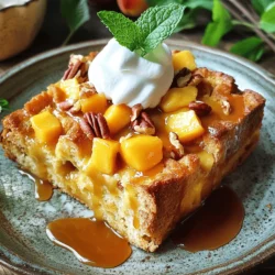 To make Peach Bread Pudding, gather these ingredients: - 4 cups stale bread (such as challah or brioche), cubed - 3 ripe peaches, peeled and diced - 2 cups milk - 1 cup heavy cream - 3 large eggs - 1 cup brown sugar - 1 tablespoon vanilla extract - 1 teaspoon cinnamon - 1/2 teaspoon nutmeg - 1/4 teaspoon salt - 1/2 cup chopped pecans (optional) - Whipped cream or vanilla ice cream for serving Using fresh peaches gives your pudding a bright flavor. They add a juicy texture that canned peaches can't match. Look for ripe peaches that are soft to the touch. If fresh peaches are not in season, canned peaches are a great option. Just make sure to drain them well. They can still add sweetness and moisture to your dish. If you have dietary needs, you can modify this recipe. For a dairy-free version, use almond milk and coconut cream instead of milk and heavy cream. You can replace eggs with flaxseed meal mixed with water or use a store-bought egg substitute. For gluten-free options, choose gluten-free bread. These swaps help you enjoy this dessert without worry. First, gather your ingredients. You need stale bread, ripe peaches, milk, cream, eggs, brown sugar, vanilla extract, cinnamon, nutmeg, salt, and pecans. Start by preheating your oven to 350°F (175°C). Grease a 9x13-inch baking dish with butter or oil. Next, cut your stale bread into cubes. I like using challah or brioche for extra flavor. Then, peel and dice the peaches. If you choose to use pecans, chop them up now. In a big bowl, mix the cubed bread and diced peaches. Gently toss in the pecans if you’re using them. In another bowl, whisk the milk, heavy cream, eggs, brown sugar, vanilla extract, cinnamon, nutmeg, and salt together. Make sure it is well blended. Pour this egg mixture over your bread and peach mix. Press down gently so the bread soaks up all the custard. Let it sit for about 15-20 minutes. For the best texture, don’t skip letting it sit. This step helps the bread soak up the custard. When baking, keep an eye on the pudding. You want a golden brown top. Use a toothpick to check. Insert it in the center. If it comes out clean, it’s ready. Make sure your oven is fully preheated. This helps your pudding bake evenly. If you want a crispy top, you can broil it for a few minutes after baking. Just watch it closely to avoid burning. To know when your peach bread pudding is done, look for a golden brown color. It should rise a bit as it bakes. The edges may puff up slightly too. The toothpick test is your best friend. Insert it in the center of the pudding. If it comes out clean, your dessert is ready. Once done, take it out of the oven. Let it cool for a few minutes before slicing. This helps firm it up a bit. Serve warm with whipped cream or vanilla ice cream for a real treat. Enjoy your Peach Bread Pudding Delight! For the full recipe, check out the section above. One common mistake is using fresh bread. Fresh bread does not soak up the custard well. Always use stale bread for the best texture. Another mistake is not letting the bread soak long enough. If you skip this step, the pudding can turn out dry. Soaking bread is key to a creamy pudding. After you mix the bread and peaches, pour the custard over them. Then, press down gently. This lets the bread absorb the liquid. Let it sit for at least 15 to 20 minutes. This makes a big difference in taste and texture. You can add unique flavors to your peach bread pudding. Try mixing in a splash of almond extract. It pairs well with peaches. You might also add a pinch of ginger or cardamom for warmth. For a nutty twist, sprinkle in some chopped pecans or walnuts. These simple changes can elevate your dish. For the full recipe, check out the Peachy Delight Bread Pudding section. {{image_2}} You can change the fruit in this recipe easily. Try using ripe pears, apples, or berries. Each fruit adds a unique taste. For a tropical twist, use pineapple or mango. Adjust the sugar if your fruit is sweet or tart. Always pick ripe fruit for the best flavor. Want to mix things up? Add spices like ginger or cardamom. They give a warm, spicy kick. You can also use flavored extracts, like almond or coconut, for fun twists. A splash of bourbon or rum can add depth to the flavor. Experiment and find what you love most. To make a gluten-free version, use gluten-free bread. Many stores sell great options now. For a dairy-free twist, swap milk and cream for almond or coconut milk. You can use dairy-free butter too. These swaps keep the dish tasty while meeting dietary needs. Enjoy your Peach Bread Pudding with these fun variations! For the full recipe, check the details above. To store leftover Peach Bread Pudding, let it cool completely first. Place it in an airtight container. This keeps the pudding fresh and moist. You can store it in the fridge for up to three days. If you want to keep it longer, consider freezing it. When you reheat Peach Bread Pudding, do it slowly. Preheat your oven to 350°F. Place the pudding in an oven-safe dish. Add a splash of milk or cream on top to keep it moist. Cover it with foil to prevent drying out. Heat for about 15 minutes or until warm. Freezing Peach Bread Pudding is easy. Cut it into portions and wrap each piece tightly in plastic wrap. Then, place them in a freezer bag. Label the bag with the date. You can freeze it for up to three months. To enjoy, just thaw it in the fridge overnight before reheating. For detailed steps, check out the Full Recipe. Peach bread pudding lasts about three days in the fridge. Store it in an airtight container. After three days, it may dry out or lose flavor. If you want to keep it longer, freeze it. Frozen peach bread pudding can last for about three months. You can use fresh bread, but stale works better. Stale bread absorbs the custard well. Fresh bread may not soak up as much liquid. If you use fresh bread, let it sit out for a day or toast it lightly. This helps it soak up the custard better. Serve peach bread pudding warm for the best taste. Top it with whipped cream or vanilla ice cream for creaminess. You can also drizzle caramel sauce over it for extra sweetness. Adding fresh mint leaves can give a nice touch to the plate. For more ideas, check the Full Recipe. We explored how to make a delicious Peach Bread Pudding. You learned about the best ingredients, from fresh to canned peaches. Detailed steps make the baking process easy. I shared tips to avoid common mistakes and maximize flavor. You also discovered various ways to customize the recipe for your needs. Finally, I included storage advice to keep your pudding fresh. With this knowledge, you can create a tasty treat that everyone will love. Enjoy your baking journey!