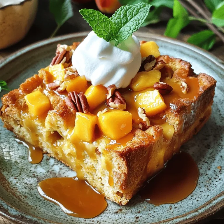 To make Peach Bread Pudding, gather these ingredients: - 4 cups stale bread (such as challah or brioche), cubed - 3 ripe peaches, peeled and diced - 2 cups milk - 1 cup heavy cream - 3 large eggs - 1 cup brown sugar - 1 tablespoon vanilla extract - 1 teaspoon cinnamon - 1/2 teaspoon nutmeg - 1/4 teaspoon salt - 1/2 cup chopped pecans (optional) - Whipped cream or vanilla ice cream for serving Using fresh peaches gives your pudding a bright flavor. They add a juicy texture that canned peaches can't match. Look for ripe peaches that are soft to the touch. If fresh peaches are not in season, canned peaches are a great option. Just make sure to drain them well. They can still add sweetness and moisture to your dish. If you have dietary needs, you can modify this recipe. For a dairy-free version, use almond milk and coconut cream instead of milk and heavy cream. You can replace eggs with flaxseed meal mixed with water or use a store-bought egg substitute. For gluten-free options, choose gluten-free bread. These swaps help you enjoy this dessert without worry. First, gather your ingredients. You need stale bread, ripe peaches, milk, cream, eggs, brown sugar, vanilla extract, cinnamon, nutmeg, salt, and pecans. Start by preheating your oven to 350°F (175°C). Grease a 9x13-inch baking dish with butter or oil. Next, cut your stale bread into cubes. I like using challah or brioche for extra flavor. Then, peel and dice the peaches. If you choose to use pecans, chop them up now. In a big bowl, mix the cubed bread and diced peaches. Gently toss in the pecans if you’re using them. In another bowl, whisk the milk, heavy cream, eggs, brown sugar, vanilla extract, cinnamon, nutmeg, and salt together. Make sure it is well blended. Pour this egg mixture over your bread and peach mix. Press down gently so the bread soaks up all the custard. Let it sit for about 15-20 minutes. For the best texture, don’t skip letting it sit. This step helps the bread soak up the custard. When baking, keep an eye on the pudding. You want a golden brown top. Use a toothpick to check. Insert it in the center. If it comes out clean, it’s ready. Make sure your oven is fully preheated. This helps your pudding bake evenly. If you want a crispy top, you can broil it for a few minutes after baking. Just watch it closely to avoid burning. To know when your peach bread pudding is done, look for a golden brown color. It should rise a bit as it bakes. The edges may puff up slightly too. The toothpick test is your best friend. Insert it in the center of the pudding. If it comes out clean, your dessert is ready. Once done, take it out of the oven. Let it cool for a few minutes before slicing. This helps firm it up a bit. Serve warm with whipped cream or vanilla ice cream for a real treat. Enjoy your Peach Bread Pudding Delight! For the full recipe, check out the section above. One common mistake is using fresh bread. Fresh bread does not soak up the custard well. Always use stale bread for the best texture. Another mistake is not letting the bread soak long enough. If you skip this step, the pudding can turn out dry. Soaking bread is key to a creamy pudding. After you mix the bread and peaches, pour the custard over them. Then, press down gently. This lets the bread absorb the liquid. Let it sit for at least 15 to 20 minutes. This makes a big difference in taste and texture. You can add unique flavors to your peach bread pudding. Try mixing in a splash of almond extract. It pairs well with peaches. You might also add a pinch of ginger or cardamom for warmth. For a nutty twist, sprinkle in some chopped pecans or walnuts. These simple changes can elevate your dish. For the full recipe, check out the Peachy Delight Bread Pudding section. {{image_2}} You can change the fruit in this recipe easily. Try using ripe pears, apples, or berries. Each fruit adds a unique taste. For a tropical twist, use pineapple or mango. Adjust the sugar if your fruit is sweet or tart. Always pick ripe fruit for the best flavor. Want to mix things up? Add spices like ginger or cardamom. They give a warm, spicy kick. You can also use flavored extracts, like almond or coconut, for fun twists. A splash of bourbon or rum can add depth to the flavor. Experiment and find what you love most. To make a gluten-free version, use gluten-free bread. Many stores sell great options now. For a dairy-free twist, swap milk and cream for almond or coconut milk. You can use dairy-free butter too. These swaps keep the dish tasty while meeting dietary needs. Enjoy your Peach Bread Pudding with these fun variations! For the full recipe, check the details above. To store leftover Peach Bread Pudding, let it cool completely first. Place it in an airtight container. This keeps the pudding fresh and moist. You can store it in the fridge for up to three days. If you want to keep it longer, consider freezing it. When you reheat Peach Bread Pudding, do it slowly. Preheat your oven to 350°F. Place the pudding in an oven-safe dish. Add a splash of milk or cream on top to keep it moist. Cover it with foil to prevent drying out. Heat for about 15 minutes or until warm. Freezing Peach Bread Pudding is easy. Cut it into portions and wrap each piece tightly in plastic wrap. Then, place them in a freezer bag. Label the bag with the date. You can freeze it for up to three months. To enjoy, just thaw it in the fridge overnight before reheating. For detailed steps, check out the Full Recipe. Peach bread pudding lasts about three days in the fridge. Store it in an airtight container. After three days, it may dry out or lose flavor. If you want to keep it longer, freeze it. Frozen peach bread pudding can last for about three months. You can use fresh bread, but stale works better. Stale bread absorbs the custard well. Fresh bread may not soak up as much liquid. If you use fresh bread, let it sit out for a day or toast it lightly. This helps it soak up the custard better. Serve peach bread pudding warm for the best taste. Top it with whipped cream or vanilla ice cream for creaminess. You can also drizzle caramel sauce over it for extra sweetness. Adding fresh mint leaves can give a nice touch to the plate. For more ideas, check the Full Recipe. We explored how to make a delicious Peach Bread Pudding. You learned about the best ingredients, from fresh to canned peaches. Detailed steps make the baking process easy. I shared tips to avoid common mistakes and maximize flavor. You also discovered various ways to customize the recipe for your needs. Finally, I included storage advice to keep your pudding fresh. With this knowledge, you can create a tasty treat that everyone will love. Enjoy your baking journey!