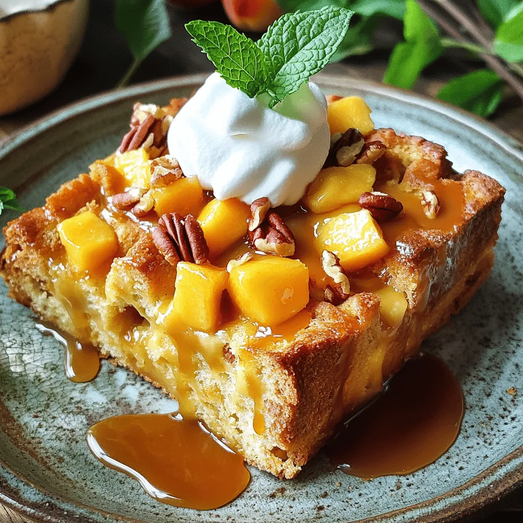 To make Peach Bread Pudding, gather these ingredients: - 4 cups stale bread (such as challah or brioche), cubed - 3 ripe peaches, peeled and diced - 2 cups milk - 1 cup heavy cream - 3 large eggs - 1 cup brown sugar - 1 tablespoon vanilla extract - 1 teaspoon cinnamon - 1/2 teaspoon nutmeg - 1/4 teaspoon salt - 1/2 cup chopped pecans (optional) - Whipped cream or vanilla ice cream for serving Using fresh peaches gives your pudding a bright flavor. They add a juicy texture that canned peaches can't match. Look for ripe peaches that are soft to the touch. If fresh peaches are not in season, canned peaches are a great option. Just make sure to drain them well. They can still add sweetness and moisture to your dish. If you have dietary needs, you can modify this recipe. For a dairy-free version, use almond milk and coconut cream instead of milk and heavy cream. You can replace eggs with flaxseed meal mixed with water or use a store-bought egg substitute. For gluten-free options, choose gluten-free bread. These swaps help you enjoy this dessert without worry. First, gather your ingredients. You need stale bread, ripe peaches, milk, cream, eggs, brown sugar, vanilla extract, cinnamon, nutmeg, salt, and pecans. Start by preheating your oven to 350°F (175°C). Grease a 9x13-inch baking dish with butter or oil. Next, cut your stale bread into cubes. I like using challah or brioche for extra flavor. Then, peel and dice the peaches. If you choose to use pecans, chop them up now. In a big bowl, mix the cubed bread and diced peaches. Gently toss in the pecans if you’re using them. In another bowl, whisk the milk, heavy cream, eggs, brown sugar, vanilla extract, cinnamon, nutmeg, and salt together. Make sure it is well blended. Pour this egg mixture over your bread and peach mix. Press down gently so the bread soaks up all the custard. Let it sit for about 15-20 minutes. For the best texture, don’t skip letting it sit. This step helps the bread soak up the custard. When baking, keep an eye on the pudding. You want a golden brown top. Use a toothpick to check. Insert it in the center. If it comes out clean, it’s ready. Make sure your oven is fully preheated. This helps your pudding bake evenly. If you want a crispy top, you can broil it for a few minutes after baking. Just watch it closely to avoid burning. To know when your peach bread pudding is done, look for a golden brown color. It should rise a bit as it bakes. The edges may puff up slightly too. The toothpick test is your best friend. Insert it in the center of the pudding. If it comes out clean, your dessert is ready. Once done, take it out of the oven. Let it cool for a few minutes before slicing. This helps firm it up a bit. Serve warm with whipped cream or vanilla ice cream for a real treat. Enjoy your Peach Bread Pudding Delight! For the full recipe, check out the section above. One common mistake is using fresh bread. Fresh bread does not soak up the custard well. Always use stale bread for the best texture. Another mistake is not letting the bread soak long enough. If you skip this step, the pudding can turn out dry. Soaking bread is key to a creamy pudding. After you mix the bread and peaches, pour the custard over them. Then, press down gently. This lets the bread absorb the liquid. Let it sit for at least 15 to 20 minutes. This makes a big difference in taste and texture. You can add unique flavors to your peach bread pudding. Try mixing in a splash of almond extract. It pairs well with peaches. You might also add a pinch of ginger or cardamom for warmth. For a nutty twist, sprinkle in some chopped pecans or walnuts. These simple changes can elevate your dish. For the full recipe, check out the Peachy Delight Bread Pudding section. {{image_2}} You can change the fruit in this recipe easily. Try using ripe pears, apples, or berries. Each fruit adds a unique taste. For a tropical twist, use pineapple or mango. Adjust the sugar if your fruit is sweet or tart. Always pick ripe fruit for the best flavor. Want to mix things up? Add spices like ginger or cardamom. They give a warm, spicy kick. You can also use flavored extracts, like almond or coconut, for fun twists. A splash of bourbon or rum can add depth to the flavor. Experiment and find what you love most. To make a gluten-free version, use gluten-free bread. Many stores sell great options now. For a dairy-free twist, swap milk and cream for almond or coconut milk. You can use dairy-free butter too. These swaps keep the dish tasty while meeting dietary needs. Enjoy your Peach Bread Pudding with these fun variations! For the full recipe, check the details above. To store leftover Peach Bread Pudding, let it cool completely first. Place it in an airtight container. This keeps the pudding fresh and moist. You can store it in the fridge for up to three days. If you want to keep it longer, consider freezing it. When you reheat Peach Bread Pudding, do it slowly. Preheat your oven to 350°F. Place the pudding in an oven-safe dish. Add a splash of milk or cream on top to keep it moist. Cover it with foil to prevent drying out. Heat for about 15 minutes or until warm. Freezing Peach Bread Pudding is easy. Cut it into portions and wrap each piece tightly in plastic wrap. Then, place them in a freezer bag. Label the bag with the date. You can freeze it for up to three months. To enjoy, just thaw it in the fridge overnight before reheating. For detailed steps, check out the Full Recipe. Peach bread pudding lasts about three days in the fridge. Store it in an airtight container. After three days, it may dry out or lose flavor. If you want to keep it longer, freeze it. Frozen peach bread pudding can last for about three months. You can use fresh bread, but stale works better. Stale bread absorbs the custard well. Fresh bread may not soak up as much liquid. If you use fresh bread, let it sit out for a day or toast it lightly. This helps it soak up the custard better. Serve peach bread pudding warm for the best taste. Top it with whipped cream or vanilla ice cream for creaminess. You can also drizzle caramel sauce over it for extra sweetness. Adding fresh mint leaves can give a nice touch to the plate. For more ideas, check the Full Recipe. We explored how to make a delicious Peach Bread Pudding. You learned about the best ingredients, from fresh to canned peaches. Detailed steps make the baking process easy. I shared tips to avoid common mistakes and maximize flavor. You also discovered various ways to customize the recipe for your needs. Finally, I included storage advice to keep your pudding fresh. With this knowledge, you can create a tasty treat that everyone will love. Enjoy your baking journey!