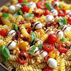 - 8 oz pasta (fusilli or penne) - 1 cup cherry tomatoes, halved - 1 cup fresh mozzarella balls, halved - 1 cup fresh basil leaves, chopped - 1/2 cup sun-dried tomatoes, chopped The star of this dish is the pasta. I always choose fusilli or penne for a great texture. The pasta holds the sauce well. Cherry tomatoes add a fresh, juicy bite. Fresh mozzarella brings a creamy taste that melts in your mouth. Basil adds a bright, aromatic flavor. Sun-dried tomatoes give a rich, tangy kick. - 1/4 cup balsamic glaze - 1/4 cup extra virgin olive oil - 1 teaspoon garlic powder - Salt and pepper to taste This dressing is simple yet full of flavor. The balsamic glaze adds sweetness and tang. Extra virgin olive oil enhances the richness. Garlic powder gives a subtle kick without overpowering the dish. Adjust salt and pepper to your liking. - 1/4 cup pine nuts, toasted (for added crunch) Pine nuts add a crunchy texture and nutty flavor. Toast them for a deeper taste. You can skip them if you want a lighter salad. Check out the Full Recipe for all the details! Start by boiling water in a large pot. Add 8 oz of pasta, like fusilli or penne. Cook it until it’s al dente, which takes about 8 to 10 minutes. Taste a piece to check if it is firm yet tender. Once ready, drain the pasta in a colander. Rinse it under cold water to stop the cooking process. This helps keep the pasta from getting mushy. In a large bowl, combine the cooled pasta with 1 cup of halved cherry tomatoes, 1 cup of halved fresh mozzarella balls, and 1 cup of chopped fresh basil leaves. Next, add 1/2 cup of chopped sun-dried tomatoes to the mixture. These ingredients bring bright colors and fresh flavors to your salad. In a small bowl, whisk together 1/4 cup of balsamic glaze, 1/4 cup of extra virgin olive oil, 1 teaspoon of garlic powder, and a pinch of salt and pepper. Mix until everything is well combined. Pour this dressing over the salad and toss gently. Make sure all the ingredients are evenly coated with the dressing. To add crunch, incorporate 1/4 cup of toasted pine nuts. Give it another gentle toss to mix everything well. Taste the salad and adjust the seasonings if needed. You can add more salt, pepper, or balsamic glaze to suit your taste. Let the salad sit for at least 15 minutes before serving. This waiting time allows the flavors to meld beautifully. Enjoy your vibrant Caprese Pasta Salad! For the complete recipe, check out the Full Recipe. To cook pasta just right, start with plenty of water. Add a pinch of salt to the boil. This salt helps flavor the pasta. Cook the pasta until it is al dente. This means it should be firm when you bite it. If you overcook it, the pasta becomes mushy. After draining the pasta, rinse it under cold water. This stops the cooking process. It also cools the pasta, which helps it mix better with the fresh ingredients. Use a good balsamic glaze for the best taste. I recommend brands like Colavita or Pompeian. They add a sweet tang that brightens the salad. Fresh herbs always beat dried ones. Fresh basil gives a lovely aroma and taste. If you use dried herbs, use less, as they are stronger. This salad shines when served chilled. You can also serve it at room temperature. Both ways taste great, so choose what you like. For a pretty presentation, garnish with extra basil leaves. Drizzle a bit more balsamic glaze on top for a stunning finish. This makes the salad look as good as it tastes! {{image_2}} You can easily change the pasta type in this dish. Try using bowtie or whole wheat pasta for a new twist. Different shapes add fun to your plate. For cheese, consider using feta or goat cheese. They bring a tangy flavor that pairs well with the tomatoes. This change can make your Caprese pasta salad unique. If you want more protein, think about adding chicken, shrimp, or chickpeas. Grilled chicken adds a nice smokiness while shrimp gives a light, fresh taste. Chickpeas are great for a vegetarian option. They also add fiber and make the salad more filling. Seasonal vegetables can elevate your salad. In summer, try adding zucchini or bell peppers for crunch. In fall, roasted butternut squash can add sweetness. You can also mix in fresh herbs based on the season. Try parsley in spring or sage in autumn. Each herb brings its own flavor, making your dish fun and fresh. For the full recipe, check out the Caprese Pasta Salad with a Twist. To keep your Caprese pasta salad fresh, use an airtight container. Glass or plastic containers work well. Store it in the fridge for up to three days. After that, the flavors may fade, and the pasta can get mushy. Pasta salad tastes best cold or at room temperature. If you want to reheat it, use a microwave. Heat it in short bursts, stirring in between. This way, you avoid overcooking the pasta. If the salad seems dry, add a splash of olive oil before heating. You can make this salad a day ahead. Just store it in the fridge after mixing. The flavors blend better overnight. If you add pine nuts, wait until just before serving. This keeps them crunchy. For the best taste, bring it to room temp before serving. You can find the full recipe for Caprese pasta salad [here](#). You can store Caprese Pasta Salad in the fridge for 3 to 5 days. Keep it in an airtight container to maintain freshness. The flavors will blend more over time, making it taste even better. If you notice any excess liquid, just drain it before serving. Yes, you can make this salad the night before. Just follow the recipe and store it in the fridge. This will help the flavors mix nicely. Before serving, give it a quick toss to refresh the ingredients and ensure even coating with the dressing. If you don’t like basil, you can use parsley, arugula, or spinach. These herbs and greens offer fresh flavors. Each one brings a different taste. For a unique twist, try using fresh mint or cilantro to surprise your taste buds. To make this recipe gluten-free, choose gluten-free pasta. There are many great options, like quinoa or brown rice pasta. Just cook them according to the package instructions. This way, everyone can enjoy a delicious bowl of Caprese Pasta Salad. For the best texture, look for pasta labeled "gluten-free." For the full recipe, check out the Caprese Pasta Salad with a Twist . This Caprese Pasta Salad is easy to make and full of flavor. You learned about the main ingredients, tasty dressing, and optional add-ons. I shared simple steps to cook and mix the salad, with tips for perfect pasta. You can customize it with different ingredients or proteins, making it your own. Remember, this dish works great chilled or at room temperature. Enjoy trying this recipe at your next meal or get-together. It’s sure to impress everyone!