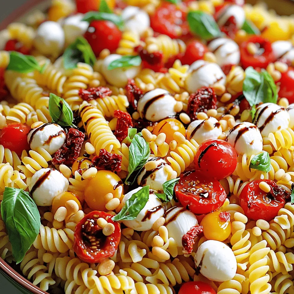 - 8 oz pasta (fusilli or penne) - 1 cup cherry tomatoes, halved - 1 cup fresh mozzarella balls, halved - 1 cup fresh basil leaves, chopped - 1/2 cup sun-dried tomatoes, chopped The star of this dish is the pasta. I always choose fusilli or penne for a great texture. The pasta holds the sauce well. Cherry tomatoes add a fresh, juicy bite. Fresh mozzarella brings a creamy taste that melts in your mouth. Basil adds a bright, aromatic flavor. Sun-dried tomatoes give a rich, tangy kick. - 1/4 cup balsamic glaze - 1/4 cup extra virgin olive oil - 1 teaspoon garlic powder - Salt and pepper to taste This dressing is simple yet full of flavor. The balsamic glaze adds sweetness and tang. Extra virgin olive oil enhances the richness. Garlic powder gives a subtle kick without overpowering the dish. Adjust salt and pepper to your liking. - 1/4 cup pine nuts, toasted (for added crunch) Pine nuts add a crunchy texture and nutty flavor. Toast them for a deeper taste. You can skip them if you want a lighter salad. Check out the Full Recipe for all the details! Start by boiling water in a large pot. Add 8 oz of pasta, like fusilli or penne. Cook it until it’s al dente, which takes about 8 to 10 minutes. Taste a piece to check if it is firm yet tender. Once ready, drain the pasta in a colander. Rinse it under cold water to stop the cooking process. This helps keep the pasta from getting mushy. In a large bowl, combine the cooled pasta with 1 cup of halved cherry tomatoes, 1 cup of halved fresh mozzarella balls, and 1 cup of chopped fresh basil leaves. Next, add 1/2 cup of chopped sun-dried tomatoes to the mixture. These ingredients bring bright colors and fresh flavors to your salad. In a small bowl, whisk together 1/4 cup of balsamic glaze, 1/4 cup of extra virgin olive oil, 1 teaspoon of garlic powder, and a pinch of salt and pepper. Mix until everything is well combined. Pour this dressing over the salad and toss gently. Make sure all the ingredients are evenly coated with the dressing. To add crunch, incorporate 1/4 cup of toasted pine nuts. Give it another gentle toss to mix everything well. Taste the salad and adjust the seasonings if needed. You can add more salt, pepper, or balsamic glaze to suit your taste. Let the salad sit for at least 15 minutes before serving. This waiting time allows the flavors to meld beautifully. Enjoy your vibrant Caprese Pasta Salad! For the complete recipe, check out the Full Recipe. To cook pasta just right, start with plenty of water. Add a pinch of salt to the boil. This salt helps flavor the pasta. Cook the pasta until it is al dente. This means it should be firm when you bite it. If you overcook it, the pasta becomes mushy. After draining the pasta, rinse it under cold water. This stops the cooking process. It also cools the pasta, which helps it mix better with the fresh ingredients. Use a good balsamic glaze for the best taste. I recommend brands like Colavita or Pompeian. They add a sweet tang that brightens the salad. Fresh herbs always beat dried ones. Fresh basil gives a lovely aroma and taste. If you use dried herbs, use less, as they are stronger. This salad shines when served chilled. You can also serve it at room temperature. Both ways taste great, so choose what you like. For a pretty presentation, garnish with extra basil leaves. Drizzle a bit more balsamic glaze on top for a stunning finish. This makes the salad look as good as it tastes! {{image_2}} You can easily change the pasta type in this dish. Try using bowtie or whole wheat pasta for a new twist. Different shapes add fun to your plate. For cheese, consider using feta or goat cheese. They bring a tangy flavor that pairs well with the tomatoes. This change can make your Caprese pasta salad unique. If you want more protein, think about adding chicken, shrimp, or chickpeas. Grilled chicken adds a nice smokiness while shrimp gives a light, fresh taste. Chickpeas are great for a vegetarian option. They also add fiber and make the salad more filling. Seasonal vegetables can elevate your salad. In summer, try adding zucchini or bell peppers for crunch. In fall, roasted butternut squash can add sweetness. You can also mix in fresh herbs based on the season. Try parsley in spring or sage in autumn. Each herb brings its own flavor, making your dish fun and fresh. For the full recipe, check out the Caprese Pasta Salad with a Twist. To keep your Caprese pasta salad fresh, use an airtight container. Glass or plastic containers work well. Store it in the fridge for up to three days. After that, the flavors may fade, and the pasta can get mushy. Pasta salad tastes best cold or at room temperature. If you want to reheat it, use a microwave. Heat it in short bursts, stirring in between. This way, you avoid overcooking the pasta. If the salad seems dry, add a splash of olive oil before heating. You can make this salad a day ahead. Just store it in the fridge after mixing. The flavors blend better overnight. If you add pine nuts, wait until just before serving. This keeps them crunchy. For the best taste, bring it to room temp before serving. You can find the full recipe for Caprese pasta salad [here](#). You can store Caprese Pasta Salad in the fridge for 3 to 5 days. Keep it in an airtight container to maintain freshness. The flavors will blend more over time, making it taste even better. If you notice any excess liquid, just drain it before serving. Yes, you can make this salad the night before. Just follow the recipe and store it in the fridge. This will help the flavors mix nicely. Before serving, give it a quick toss to refresh the ingredients and ensure even coating with the dressing. If you don’t like basil, you can use parsley, arugula, or spinach. These herbs and greens offer fresh flavors. Each one brings a different taste. For a unique twist, try using fresh mint or cilantro to surprise your taste buds. To make this recipe gluten-free, choose gluten-free pasta. There are many great options, like quinoa or brown rice pasta. Just cook them according to the package instructions. This way, everyone can enjoy a delicious bowl of Caprese Pasta Salad. For the best texture, look for pasta labeled "gluten-free." For the full recipe, check out the Caprese Pasta Salad with a Twist . This Caprese Pasta Salad is easy to make and full of flavor. You learned about the main ingredients, tasty dressing, and optional add-ons. I shared simple steps to cook and mix the salad, with tips for perfect pasta. You can customize it with different ingredients or proteins, making it your own. Remember, this dish works great chilled or at room temperature. Enjoy trying this recipe at your next meal or get-together. It’s sure to impress everyone!