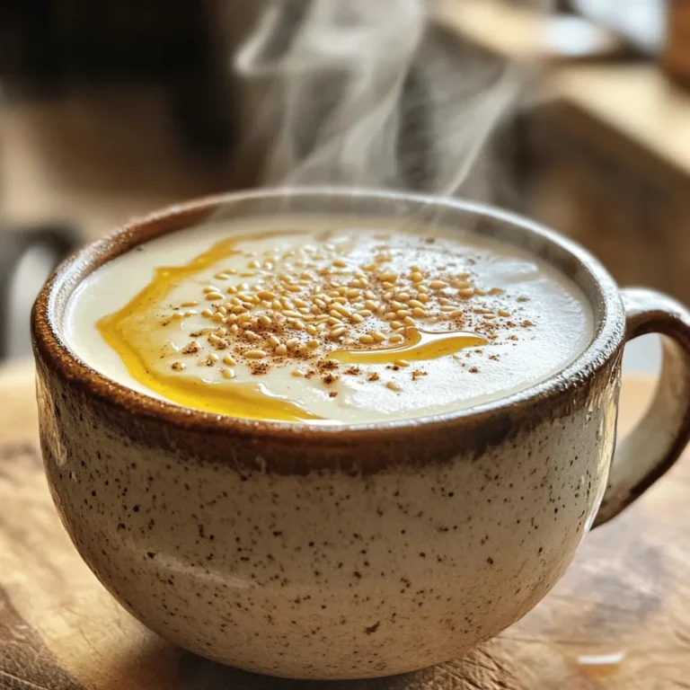 To make the Sesame Honey Soy Latte, gather these items: - 1 cup unsweetened soy milk - 1 tablespoon tahini (sesame paste) - 1 tablespoon honey (or maple syrup for vegan) - 1 teaspoon vanilla extract - 1/2 teaspoon ground cinnamon - Pinch of sea salt - 1/2 cup strong brewed coffee or espresso - Toasted sesame seeds for garnish These ingredients blend together to create a creamy, rich flavor. The tahini adds a nutty taste, while honey sweetens it just right. The vanilla and cinnamon bring warmth and depth. If you want to mix it up, you can change some ingredients: - Different types of milk: Try almond, oat, or coconut milk for varied flavors. - Sweetener alternatives: Agave syrup or stevia can replace honey or maple syrup. - Other spice options: Cardamom or nutmeg can add an exciting twist to the latte. Feel free to play around with these options! Each variation brings a new flair to your latte. For the full recipe, check the details in the previous section. 1. Start by heating the soy milk and tahini. Use a small saucepan over medium heat. Whisk them together until they blend well. Heat until warm but do not let it boil. This step makes the base creamy and rich. 2. Next, mix in the additional ingredients. Stir in the honey or maple syrup, vanilla extract, ground cinnamon, and a pinch of sea salt. Keep stirring until everything is smooth and well combined. This adds a sweet and warm flavor to your latte. 3. Now, brew your coffee or espresso. Use strong coffee for the best taste. This will give your latte a rich coffee flavor that pairs well with the soy and tahini blend. 1. In a large mug, combine the brewed coffee with the tahini-soy mixture. Stir well to mix them together. The mix should look creamy and inviting. 2. For garnishing the latte, sprinkle some toasted sesame seeds on top. This adds a nice crunch and a touch of elegance to your drink. You can also drizzle a bit of honey for extra sweetness. 3. Serve your latte warm. The ideal temperature is just right for sipping. This way, you enjoy all the flavors without burning your tongue. Enjoy your Sesame Honey Soy Latte! For the complete recipe, check the Full Recipe section. Using homemade tahini is a great choice. It tastes fresher and richer. You can easily make it by blending toasted sesame seeds until smooth. Store-bought tahini is fine, but it may lack depth. To get the perfect froth, heat the soy milk slowly. Whisk it gently as it warms. Stop before it boils; otherwise, the texture can change. You can also use a milk frother for a creamy top. Just remember to froth the soy milk solo, then mix it in with the coffee. Soy milk has many health benefits. It is low in calories and high in protein. One cup contains about 7 grams of protein. It also offers healthy fats and is a good source of vitamins. Honey adds sweetness and has natural healing properties. It can soothe a sore throat and boost your immune system. Ground cinnamon is another gem. It may help lower blood sugar and has anti-inflammatory effects. Together, these ingredients make your latte not just tasty but good for you too. For the full recipe, check out the detailed steps above. Enjoy your creamy delight! {{image_2}} You can easily switch up the flavor of your Sesame Honey Soy Latte. One fun option is to add chocolate or cocoa powder. This makes the drink rich and sweet. Just mix in one tablespoon of cocoa powder when you add the tahini. It gives a nice twist that chocolate lovers will enjoy. Another great choice is a spicy version. Adding a pinch of cayenne or ginger can add warmth and a kick. It is perfect for chilly days. Start with just a small amount, like 1/8 teaspoon, and adjust to your taste. If you follow a vegan diet, you can adapt this latte too. Simply use maple syrup instead of honey. It keeps the same sweet taste without any animal products. For those with nut allergies, you can enjoy this latte safely. Ensure that the tahini comes from sesame seeds only. You can also use sunflower seed butter if you prefer. This way, you avoid nuts but still get a creamy texture. These variations let you enjoy the Sesame Honey Soy Latte in many ways while keeping it delicious. For the full recipe, check the earlier section. To keep your latte fresh, store it in an airtight container. Place it in the fridge. The soy milk and tahini can separate over time. Stir well before using. The prepared latte lasts up to three days in the fridge. If you have leftover ingredients, store tahini and honey in a cool, dark place. They can last for months if stored properly. When reheating the latte, use a small saucepan over low heat. Stir often to prevent burning. Avoid boiling, as high heat can change the taste. You can also use a microwave. Heat in 30-second bursts, stirring in between. For the best taste, drink it warm. Enjoy the creamy, rich flavors like when it was first made! The best way to sweeten your Sesame Honey Soy Latte is to use honey. Honey adds a rich flavor that pairs well with sesame. If you want a vegan option, maple syrup works great too. You can adjust the sweetness based on your taste. Start with one tablespoon and add more if needed. Yes, you can easily double or triple the ingredients. Just keep the same ratios. This way, you can share with friends or enjoy more yourself. Make sure you have a big enough pan to heat the soy milk and tahini. Many specialty cafes offer unique lattes. Look for places that focus on Asian-inspired drinks or specialty coffee. Many coffee shops now include creative lattes on their menu. If you don’t see it, ask the barista if they can make it. To make a cold Sesame Honey Soy Latte, start by brewing your coffee and letting it cool. Use cold soy milk instead of heating it. Blend the tahini, honey, and cold soy milk together. Pour the mixture over ice and add the cooled coffee. It’s refreshing and perfect for warm days! For the full recipe, check out the Sesame Honey Soy Latte section. Enjoy! This blog post covered everything you need for a tasty Sesame Honey Soy Latte. You learned what ingredients to use, from soy milk to tahini. I shared how to mix and serve it perfectly, along with tips to enhance flavor. I also highlighted health benefits and storage info. Enjoy making this latte your own with different flavors and variations. Let your creativity flow as you enjoy this delicious drink!
