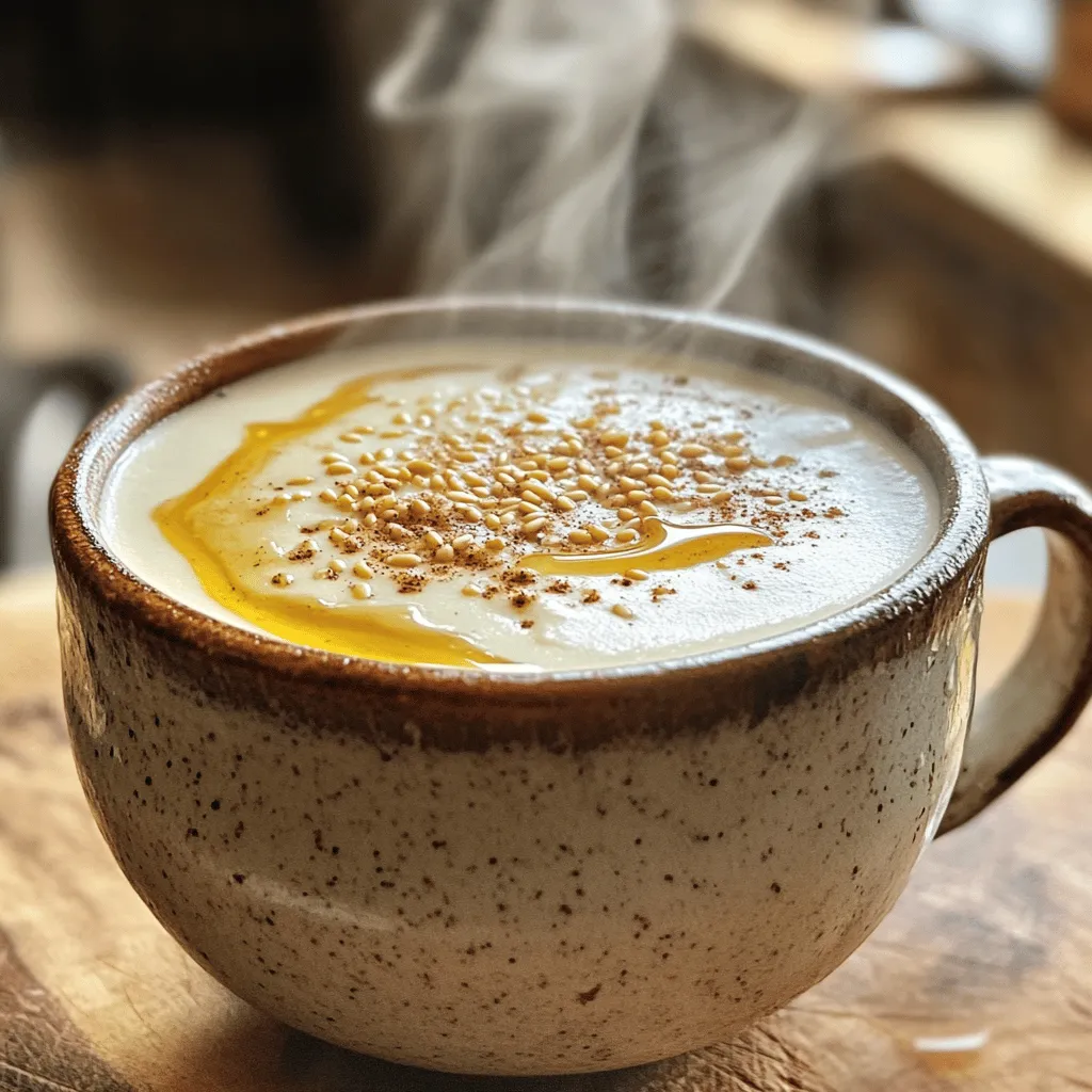 To make the Sesame Honey Soy Latte, gather these items: - 1 cup unsweetened soy milk - 1 tablespoon tahini (sesame paste) - 1 tablespoon honey (or maple syrup for vegan) - 1 teaspoon vanilla extract - 1/2 teaspoon ground cinnamon - Pinch of sea salt - 1/2 cup strong brewed coffee or espresso - Toasted sesame seeds for garnish These ingredients blend together to create a creamy, rich flavor. The tahini adds a nutty taste, while honey sweetens it just right. The vanilla and cinnamon bring warmth and depth. If you want to mix it up, you can change some ingredients: - Different types of milk: Try almond, oat, or coconut milk for varied flavors. - Sweetener alternatives: Agave syrup or stevia can replace honey or maple syrup. - Other spice options: Cardamom or nutmeg can add an exciting twist to the latte. Feel free to play around with these options! Each variation brings a new flair to your latte. For the full recipe, check the details in the previous section. 1. Start by heating the soy milk and tahini. Use a small saucepan over medium heat. Whisk them together until they blend well. Heat until warm but do not let it boil. This step makes the base creamy and rich. 2. Next, mix in the additional ingredients. Stir in the honey or maple syrup, vanilla extract, ground cinnamon, and a pinch of sea salt. Keep stirring until everything is smooth and well combined. This adds a sweet and warm flavor to your latte. 3. Now, brew your coffee or espresso. Use strong coffee for the best taste. This will give your latte a rich coffee flavor that pairs well with the soy and tahini blend. 1. In a large mug, combine the brewed coffee with the tahini-soy mixture. Stir well to mix them together. The mix should look creamy and inviting. 2. For garnishing the latte, sprinkle some toasted sesame seeds on top. This adds a nice crunch and a touch of elegance to your drink. You can also drizzle a bit of honey for extra sweetness. 3. Serve your latte warm. The ideal temperature is just right for sipping. This way, you enjoy all the flavors without burning your tongue. Enjoy your Sesame Honey Soy Latte! For the complete recipe, check the Full Recipe section. Using homemade tahini is a great choice. It tastes fresher and richer. You can easily make it by blending toasted sesame seeds until smooth. Store-bought tahini is fine, but it may lack depth. To get the perfect froth, heat the soy milk slowly. Whisk it gently as it warms. Stop before it boils; otherwise, the texture can change. You can also use a milk frother for a creamy top. Just remember to froth the soy milk solo, then mix it in with the coffee. Soy milk has many health benefits. It is low in calories and high in protein. One cup contains about 7 grams of protein. It also offers healthy fats and is a good source of vitamins. Honey adds sweetness and has natural healing properties. It can soothe a sore throat and boost your immune system. Ground cinnamon is another gem. It may help lower blood sugar and has anti-inflammatory effects. Together, these ingredients make your latte not just tasty but good for you too. For the full recipe, check out the detailed steps above. Enjoy your creamy delight! {{image_2}} You can easily switch up the flavor of your Sesame Honey Soy Latte. One fun option is to add chocolate or cocoa powder. This makes the drink rich and sweet. Just mix in one tablespoon of cocoa powder when you add the tahini. It gives a nice twist that chocolate lovers will enjoy. Another great choice is a spicy version. Adding a pinch of cayenne or ginger can add warmth and a kick. It is perfect for chilly days. Start with just a small amount, like 1/8 teaspoon, and adjust to your taste. If you follow a vegan diet, you can adapt this latte too. Simply use maple syrup instead of honey. It keeps the same sweet taste without any animal products. For those with nut allergies, you can enjoy this latte safely. Ensure that the tahini comes from sesame seeds only. You can also use sunflower seed butter if you prefer. This way, you avoid nuts but still get a creamy texture. These variations let you enjoy the Sesame Honey Soy Latte in many ways while keeping it delicious. For the full recipe, check the earlier section. To keep your latte fresh, store it in an airtight container. Place it in the fridge. The soy milk and tahini can separate over time. Stir well before using. The prepared latte lasts up to three days in the fridge. If you have leftover ingredients, store tahini and honey in a cool, dark place. They can last for months if stored properly. When reheating the latte, use a small saucepan over low heat. Stir often to prevent burning. Avoid boiling, as high heat can change the taste. You can also use a microwave. Heat in 30-second bursts, stirring in between. For the best taste, drink it warm. Enjoy the creamy, rich flavors like when it was first made! The best way to sweeten your Sesame Honey Soy Latte is to use honey. Honey adds a rich flavor that pairs well with sesame. If you want a vegan option, maple syrup works great too. You can adjust the sweetness based on your taste. Start with one tablespoon and add more if needed. Yes, you can easily double or triple the ingredients. Just keep the same ratios. This way, you can share with friends or enjoy more yourself. Make sure you have a big enough pan to heat the soy milk and tahini. Many specialty cafes offer unique lattes. Look for places that focus on Asian-inspired drinks or specialty coffee. Many coffee shops now include creative lattes on their menu. If you don’t see it, ask the barista if they can make it. To make a cold Sesame Honey Soy Latte, start by brewing your coffee and letting it cool. Use cold soy milk instead of heating it. Blend the tahini, honey, and cold soy milk together. Pour the mixture over ice and add the cooled coffee. It’s refreshing and perfect for warm days! For the full recipe, check out the Sesame Honey Soy Latte section. Enjoy! This blog post covered everything you need for a tasty Sesame Honey Soy Latte. You learned what ingredients to use, from soy milk to tahini. I shared how to mix and serve it perfectly, along with tips to enhance flavor. I also highlighted health benefits and storage info. Enjoy making this latte your own with different flavors and variations. Let your creativity flow as you enjoy this delicious drink!