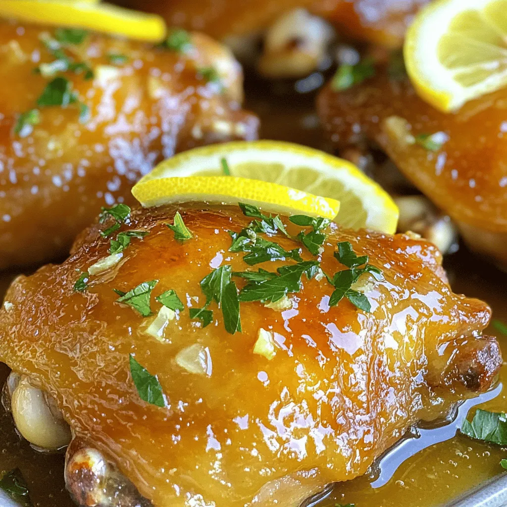 - 4 chicken thighs, bone-in and skin-on - 1/4 cup honey - 1/4 cup fresh lemon juice - 2 tablespoons olive oil - 3 cloves garlic, minced - 1 teaspoon fresh rosemary, finely chopped (or 1/2 teaspoon dried) - 1 teaspoon salt - 1/2 teaspoon black pepper - Lemon slices (for garnish) - Fresh parsley, chopped (for garnish) To create my honey lemon chicken thighs, I focus on balance. The chicken thighs provide a rich flavor, while honey adds sweetness. Fresh lemon juice gives a bright, zesty punch. I always choose bone-in, skin-on chicken thighs. This cut keeps the meat juicy during cooking. The skin crisps up nicely, adding texture. For the marinade, I mix honey and lemon juice in equal parts. This sweet and tangy blend creates a rich flavor. I also add olive oil for moisture and minced garlic for depth. Fresh rosemary brings an earthy note to the dish. Don't forget the salt and pepper. These enhance the overall taste. Lastly, I garnish my chicken with lemon slices and parsley. This makes the dish look fresh and inviting. You can find the full recipe for honey lemon chicken thighs in the recipe section. Start by whisking together the liquid ingredients in a medium bowl. Combine the honey, fresh lemon juice, and olive oil. Next, add minced garlic, rosemary, salt, and black pepper. Mix until everything blends well. This marinade brings great flavor to the chicken. Marinating time is crucial. Let the chicken sit in the marinade for at least 30 minutes. If you have more time, marinate for up to 2 hours. This extra time lets the flavors soak into the meat. Always practice safe marination. Use a resealable bag or a dish to hold the chicken and marinade. Store it in the fridge to keep it fresh and safe to eat. Now, preheat your oven to 400°F (200°C). This step is key for even cooking. While the oven heats, take the marinated chicken thighs out of the fridge. Place them skin-side up in a baking dish. Make sure to reserve the marinade for later use. Bake the chicken thighs in the preheated oven for 25 minutes. After 25 minutes, brush the reserved marinade over the chicken. This adds even more flavor. Return the dish to the oven for an additional 10 minutes. The chicken is done when it reaches an internal temperature of 165°F (74°C). If you like crispy skin, broiling is the way to go. After baking, turn on the broiler for an extra 2-3 minutes. Keep a close watch to prevent burning. The chicken should get a nice golden color. These simple steps make your honey lemon chicken thighs tasty and appealing. For the full recipe, check out the section above. For the best taste, marinate your chicken thighs for at least 30 minutes. However, if you have time, try marinating for up to 2 hours. This allows the flavors to soak in well. The honey and lemon work together to tenderize the meat. The acid from the lemon breaks down the proteins, making them juicy and tasty. To keep your chicken juicy while cooking, don’t forget to reserve some marinade. Brush it on the chicken halfway through cooking. This adds a nice glaze and flavor boost. If you want extra crispiness, broil the chicken for a few minutes at the end. Just watch it closely to avoid burning. Make your dish pop with garnishes. Fresh lemon slices and chopped parsley add color and freshness. Place lemon slices on top of the chicken or around the plate. This simple touch makes your meal look fancy and inviting. When serving, think about sides that complement the chicken. Rice, steamed veggies, or a fresh salad work great. They balance the sweet and tangy flavors of the chicken. You can also serve with crusty bread to soak up the delicious juices. If you want more ideas, check the Full Recipe for fun side options. {{image_2}} You can swap chicken thighs for other cuts. Chicken breasts or drumsticks work well too. Both options will change the texture but keep the flavor. If you want to replace honey, consider maple syrup or agave nectar. These alternatives offer a similar sweetness. You can even use brown sugar mixed with a bit of water for a thicker glaze. To elevate your dish, try adding spices and herbs. A pinch of paprika can add warmth. Fresh thyme or oregano can also give a nice touch. For a twist, think about using different citrus fruits. Lime or orange juice makes a bright, fresh change. You can even blend citrus juices for a unique flavor. After cooking honey lemon chicken thighs, let them cool. Store leftovers in a shallow container. Make sure to cover it tightly. This keeps the chicken fresh in the fridge for up to four days. If you want to save it for longer, freeze the cooked chicken. Place it in a freezer-safe bag or container. It can last for up to three months in the freezer. When you are ready to eat, thaw it overnight in the fridge. To reheat chicken thighs, use the oven or a skillet. If using the oven, preheat it to 350°F (175°C). Place the chicken on a baking dish and cover it with foil. This helps keep moisture in. Heat for about 20 minutes or until warm. If you use a skillet, add a splash of water. Cover it and heat on low. Both methods help keep the flavor and moisture. Avoid reheating in the microwave, as it can dry out the chicken. For best results, always check that chicken reaches an internal temperature of 165°F (74°C) when reheating. What’s the best way to check for doneness? The best way to check for doneness is using a meat thermometer. Insert it into the thickest part of the chicken. Look for a temperature of 165°F (74°C). This ensures the chicken is safe to eat. If you don’t have a thermometer, cut into the chicken. The juices should run clear, not pink. Can I use boneless chicken thighs? Yes, you can use boneless chicken thighs. They will cook faster than bone-in thighs. Adjust your cooking time to about 20-25 minutes. Check for the same internal temperature of 165°F (74°C) to ensure safety. How long can leftovers be stored? You can store leftovers in the fridge for up to four days. Make sure to keep them in an airtight container. If you want to keep them longer, you can freeze them. They will last in the freezer for about three months. Can I use a slow cooker for this recipe? Yes, you can use a slow cooker. Just place the marinated chicken in the slow cooker. Cook on low for 6-7 hours or on high for 3-4 hours. This method makes the chicken super tender. What sides pair well with honey lemon chicken? Great sides include steamed veggies, rice, or a fresh salad. These sides balance the sweet and tangy flavors of the chicken. You could also serve it with mashed potatoes or quinoa for a hearty meal. Is honey suitable for grilling or roasting chicken? Yes, honey works well for grilling or roasting chicken. It adds a nice glaze and flavor. Just be careful, as honey can burn easily. Keep an eye on the chicken while it cooks. You may need to adjust cooking times to avoid burning the honey. This blog post outlined how to make honey lemon chicken thighs. We discussed the key ingredients, marinade preparation, and cooking techniques. Optional tips helped enhance flavor and presentation. You learned about variations and proper storage of leftovers. In summary, this dish is simple to prepare yet flavorful. Experiment with your ingredients for a unique twist. Enjoy delicious chicken at home with ease. Happy cooking!