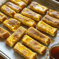 - 6 slices of thick bread (like brioche or challah) - 3 large eggs - 1 cup milk - 1 tablespoon vanilla extract - 1 teaspoon cinnamon - 2 tablespoons sugar - 1/4 teaspoon salt - 1/4 cup melted butter - 1/4 cup additional sugar mixed with 1 teaspoon cinnamon - Maple syrup for serving (optional) For the main ingredients, I love using thick bread like brioche or challah. They soak up the egg mixture well and give a soft texture. You will need three large eggs and one cup of milk to create a rich custard base. Don’t forget the vanilla extract; it adds a lovely aroma and flavor! Next, we have our flavor enhancements. A teaspoon of cinnamon gives warmth and spice. The sugar balances the flavors, and the salt enhances the taste. Melted butter is key for that golden, crisp finish. For toppings, mix extra sugar with cinnamon for a sweet crust. Maple syrup makes a perfect dip. The combination of these ingredients creates a delightful treat. You can find the full recipe for more details and tips! 1. Preheat your oven to 400°F (200°C). This helps the French toast sticks cook evenly. 2. Line a baking sheet with parchment paper. This makes cleanup easy and prevents sticking. 3. In a large bowl, whisk together 3 large eggs, 1 cup of milk, 1 tablespoon of vanilla extract, 1 teaspoon of cinnamon, 2 tablespoons of sugar, and 1/4 teaspoon of salt. Mix well until smooth. 1. Take 6 slices of thick bread, like brioche or challah, and cut each slice into 4 equal strips. This makes them easy to handle. 2. Dip each bread strip into the egg mixture. Make sure each piece gets fully coated. Gently shake off any extra mixture. 1. Place the coated sticks on the prepared baking sheet. Make sure to space them evenly apart for even cooking. 2. Brush the tops of the bread sticks with 1/4 cup of melted butter. This adds great flavor and helps them get crispy. 3. Sprinkle the cinnamon-sugar mixture over the top of the sticks. Use about 1/4 cup of sugar mixed with 1 teaspoon of cinnamon for a sweet touch. 4. Bake in the preheated oven for 12-15 minutes. Flip them halfway through baking for a nice, even golden brown and crispy finish. Enjoy your delicious oven-baked French toast sticks! For the full recipe, check out the details provided earlier. To make the best oven-baked French toast sticks, use thick bread. Bread like brioche or challah gives a soft inside and crispy outside. Thin bread can become soggy and lose its charm. For even cooking, cut the bread into uniform strips. This way, they cook at the same rate. Keep the bread sticks spaced apart on the baking sheet. This helps hot air circulate, ensuring they brown well. You can top your French toast sticks in many ways. Try maple syrup for a sweet dipping sauce. Dusting with powdered sugar adds a nice touch too. Fruits like berries or banana slices pair well. They add color and nutrition. You might even try yogurt or whipped cream for a fun twist. One common mistake is over-soaking the bread. If the bread sits too long in the egg mixture, it can fall apart. Just a quick dip is enough. Another mistake is not preheating the oven. If the oven isn’t hot enough, the sticks won't crisp up. Always preheat to 400°F (200°C) before baking. Following these tips will ensure that your oven-baked French toast sticks turn out perfectly every time. For the full recipe, check out the earlier section. {{image_2}} You can easily switch up the flavor of your oven baked French toast sticks. A few drops of vanilla or almond extract can add a special touch. If you want something sweeter, mix in some chocolate chips or fresh fruits like berries or bananas. These additions not only make them taste great, but they also look fun and colorful! If you need gluten-free options, use gluten-free bread. This works just as well and keeps the recipe tasty. For those who want a dairy-free version, almond milk or oat milk can replace regular milk. These swaps ensure everyone enjoys this dish without missing out. You can make your French toast sticks fit any occasion. For the holidays, try pumpkin spice for a festive twist. Add cinnamon, nutmeg, and pumpkin puree for rich flavors. If you want something savory, mix in cheese and herbs like rosemary or thyme. This creates a fun snack that surprises your taste buds! Check out the Full Recipe for more details on how to make these tasty sticks. To store your leftover French toast sticks, let them cool first. This helps avoid moisture buildup. Next, place them in an airtight container. It keeps them fresh longer. Store the container in the fridge. Your sticks will stay good for about three days. For best taste, eat them within two days. When it comes to reheating, you have two great options: the oven and the microwave. The oven gives a nice crispy texture. Preheat it to 350°F (175°C). Spread the sticks on a baking sheet and heat for about 10 minutes. The microwave is faster but can make them soft. Heat for 20-30 seconds. Check if they are warm enough. If you want to keep your French toast sticks longer, freezing is a smart choice. First, let them cool completely. Then, place them in a single layer on a baking sheet. Freeze for about an hour until firm. After that, transfer them to a freezer-safe bag. They can last up to three months in the freezer. To reheat frozen sticks, use the oven for the best results. Preheat to 375°F (190°C). Bake for about 15-20 minutes. If you use the microwave, heat for 1-2 minutes. Always check if they are hot all the way through. To get crispy French toast sticks, use thick bread like brioche or challah. Preheat your oven to 400°F (200°C). Brush the sticks with melted butter before baking. This adds flavor and helps them crisp up. Bake them for 12-15 minutes and flip halfway through. This ensures even cooking and a nice crunch on all sides. Yes, you can make these French toast sticks ahead of time. Prepare them as directed but do not bake. Place them in an airtight container and store them in the fridge for up to 24 hours. When ready, bake them straight from the fridge. Just add a few extra minutes to the baking time to ensure they heat through. The best bread for French toast sticks is thick, soft bread. Brioche and challah are my favorites because they soak up the egg mixture well. You can also experiment with sourdough or Texas toast for a different taste. Just remember, the thicker the bread, the better the texture. Absolutely! You can adjust the ingredient amounts based on how many sticks you want. To make a smaller batch, cut the recipe in half. For a larger batch, simply double the ingredients. Just be sure to maintain the same cooking times and temperatures for best results. For the full recipe, check out the Cinnamon Sugar Oven Baked French Toast Sticks section above! You learned how to make delicious oven-baked French toast sticks. We covered key ingredients, like thick bread and eggs. You also discovered simple steps for making them crispy and tasty. Don't forget about fun flavor variations and helpful tips to avoid common mistakes. In the end, enjoy experimenting with different ingredients and toppings. With practice, you can make these treats perfect every time. Happy cooking!