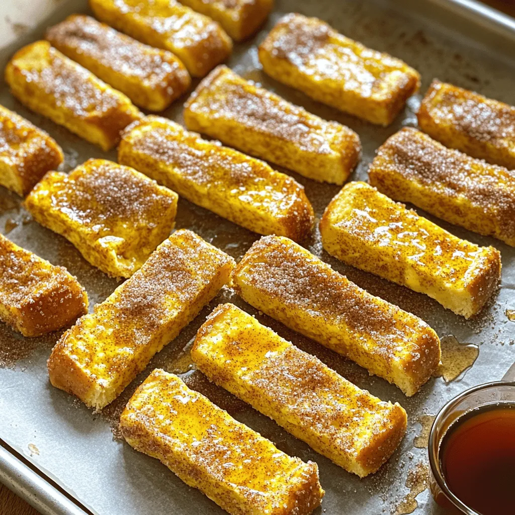 - 6 slices of thick bread (like brioche or challah) - 3 large eggs - 1 cup milk - 1 tablespoon vanilla extract - 1 teaspoon cinnamon - 2 tablespoons sugar - 1/4 teaspoon salt - 1/4 cup melted butter - 1/4 cup additional sugar mixed with 1 teaspoon cinnamon - Maple syrup for serving (optional) For the main ingredients, I love using thick bread like brioche or challah. They soak up the egg mixture well and give a soft texture. You will need three large eggs and one cup of milk to create a rich custard base. Don’t forget the vanilla extract; it adds a lovely aroma and flavor! Next, we have our flavor enhancements. A teaspoon of cinnamon gives warmth and spice. The sugar balances the flavors, and the salt enhances the taste. Melted butter is key for that golden, crisp finish. For toppings, mix extra sugar with cinnamon for a sweet crust. Maple syrup makes a perfect dip. The combination of these ingredients creates a delightful treat. You can find the full recipe for more details and tips! 1. Preheat your oven to 400°F (200°C). This helps the French toast sticks cook evenly. 2. Line a baking sheet with parchment paper. This makes cleanup easy and prevents sticking. 3. In a large bowl, whisk together 3 large eggs, 1 cup of milk, 1 tablespoon of vanilla extract, 1 teaspoon of cinnamon, 2 tablespoons of sugar, and 1/4 teaspoon of salt. Mix well until smooth. 1. Take 6 slices of thick bread, like brioche or challah, and cut each slice into 4 equal strips. This makes them easy to handle. 2. Dip each bread strip into the egg mixture. Make sure each piece gets fully coated. Gently shake off any extra mixture. 1. Place the coated sticks on the prepared baking sheet. Make sure to space them evenly apart for even cooking. 2. Brush the tops of the bread sticks with 1/4 cup of melted butter. This adds great flavor and helps them get crispy. 3. Sprinkle the cinnamon-sugar mixture over the top of the sticks. Use about 1/4 cup of sugar mixed with 1 teaspoon of cinnamon for a sweet touch. 4. Bake in the preheated oven for 12-15 minutes. Flip them halfway through baking for a nice, even golden brown and crispy finish. Enjoy your delicious oven-baked French toast sticks! For the full recipe, check out the details provided earlier. To make the best oven-baked French toast sticks, use thick bread. Bread like brioche or challah gives a soft inside and crispy outside. Thin bread can become soggy and lose its charm. For even cooking, cut the bread into uniform strips. This way, they cook at the same rate. Keep the bread sticks spaced apart on the baking sheet. This helps hot air circulate, ensuring they brown well. You can top your French toast sticks in many ways. Try maple syrup for a sweet dipping sauce. Dusting with powdered sugar adds a nice touch too. Fruits like berries or banana slices pair well. They add color and nutrition. You might even try yogurt or whipped cream for a fun twist. One common mistake is over-soaking the bread. If the bread sits too long in the egg mixture, it can fall apart. Just a quick dip is enough. Another mistake is not preheating the oven. If the oven isn’t hot enough, the sticks won't crisp up. Always preheat to 400°F (200°C) before baking. Following these tips will ensure that your oven-baked French toast sticks turn out perfectly every time. For the full recipe, check out the earlier section. {{image_2}} You can easily switch up the flavor of your oven baked French toast sticks. A few drops of vanilla or almond extract can add a special touch. If you want something sweeter, mix in some chocolate chips or fresh fruits like berries or bananas. These additions not only make them taste great, but they also look fun and colorful! If you need gluten-free options, use gluten-free bread. This works just as well and keeps the recipe tasty. For those who want a dairy-free version, almond milk or oat milk can replace regular milk. These swaps ensure everyone enjoys this dish without missing out. You can make your French toast sticks fit any occasion. For the holidays, try pumpkin spice for a festive twist. Add cinnamon, nutmeg, and pumpkin puree for rich flavors. If you want something savory, mix in cheese and herbs like rosemary or thyme. This creates a fun snack that surprises your taste buds! Check out the Full Recipe for more details on how to make these tasty sticks. To store your leftover French toast sticks, let them cool first. This helps avoid moisture buildup. Next, place them in an airtight container. It keeps them fresh longer. Store the container in the fridge. Your sticks will stay good for about three days. For best taste, eat them within two days. When it comes to reheating, you have two great options: the oven and the microwave. The oven gives a nice crispy texture. Preheat it to 350°F (175°C). Spread the sticks on a baking sheet and heat for about 10 minutes. The microwave is faster but can make them soft. Heat for 20-30 seconds. Check if they are warm enough. If you want to keep your French toast sticks longer, freezing is a smart choice. First, let them cool completely. Then, place them in a single layer on a baking sheet. Freeze for about an hour until firm. After that, transfer them to a freezer-safe bag. They can last up to three months in the freezer. To reheat frozen sticks, use the oven for the best results. Preheat to 375°F (190°C). Bake for about 15-20 minutes. If you use the microwave, heat for 1-2 minutes. Always check if they are hot all the way through. To get crispy French toast sticks, use thick bread like brioche or challah. Preheat your oven to 400°F (200°C). Brush the sticks with melted butter before baking. This adds flavor and helps them crisp up. Bake them for 12-15 minutes and flip halfway through. This ensures even cooking and a nice crunch on all sides. Yes, you can make these French toast sticks ahead of time. Prepare them as directed but do not bake. Place them in an airtight container and store them in the fridge for up to 24 hours. When ready, bake them straight from the fridge. Just add a few extra minutes to the baking time to ensure they heat through. The best bread for French toast sticks is thick, soft bread. Brioche and challah are my favorites because they soak up the egg mixture well. You can also experiment with sourdough or Texas toast for a different taste. Just remember, the thicker the bread, the better the texture. Absolutely! You can adjust the ingredient amounts based on how many sticks you want. To make a smaller batch, cut the recipe in half. For a larger batch, simply double the ingredients. Just be sure to maintain the same cooking times and temperatures for best results. For the full recipe, check out the Cinnamon Sugar Oven Baked French Toast Sticks section above! You learned how to make delicious oven-baked French toast sticks. We covered key ingredients, like thick bread and eggs. You also discovered simple steps for making them crispy and tasty. Don't forget about fun flavor variations and helpful tips to avoid common mistakes. In the end, enjoy experimenting with different ingredients and toppings. With practice, you can make these treats perfect every time. Happy cooking!