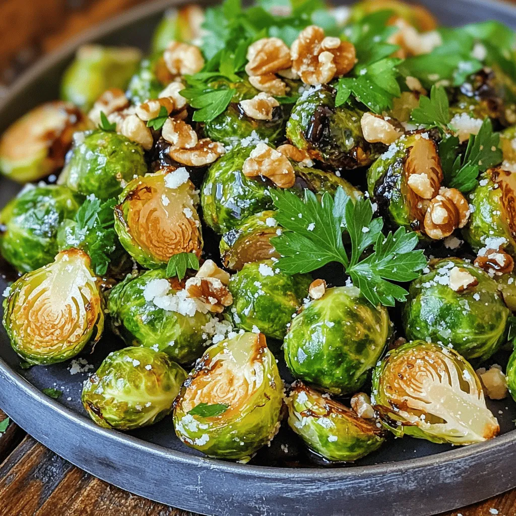 - 1 lb Brussels sprouts, trimmed and halved - 3 tablespoons balsamic vinegar - 2 tablespoons olive oil - 1 tablespoon honey - 3 cloves garlic, minced - Salt and freshly cracked black pepper, to taste - 1/4 cup crushed walnuts (optional) - 1/4 cup grated parmesan cheese (optional) - Fresh parsley, chopped (for garnish) For this dish, I focus on fresh Brussels sprouts. They should be bright green and firm. The balsamic vinegar adds a sweet-tart flavor. I love using high-quality olive oil for richness. Honey brings a touch of sweetness to balance the vinegar. Fresh garlic adds depth and aroma to the dish. If you want extra flavor, consider adding salt and pepper. They help enhance all the other tastes. Crushed walnuts add a nice crunch and earthy flavor. Parmesan cheese can be sprinkled on top for a savory finish. Lastly, fresh parsley brightens up the dish with color and freshness. This recipe is simple and allows you to customize it. You can find the full recipe with detailed instructions as you gather these ingredients! - Preheat your oven to 400°F (200°C). - Prepare the Brussels sprouts by trimming and halving them. Start by cutting off the tough ends of the Brussels sprouts. Next, slice them in half from top to bottom. This helps them cook evenly and become crispier. - In a large bowl, combine the Brussels sprouts with olive oil, balsamic vinegar, honey, minced garlic, salt, and pepper. - Toss until the Brussels sprouts are evenly coated. For the best flavor, use a big bowl. Add all your ingredients to the bowl. Drizzle the olive oil and balsamic vinegar over the Brussels sprouts. Then, add honey, minced garlic, salt, and pepper. Toss well. Make sure every sprout gets coated in the mixture. This step is key for great flavor. - Spread the Brussels sprouts on a lined baking sheet. - Roast in the oven for 20-25 minutes, stirring halfway through for even cooking. - Add walnuts in the last 5 minutes of roasting, if desired. Lay the coated Brussels sprouts on a baking sheet lined with parchment paper. This helps with cleanup. Roast them for 20-25 minutes. Halfway through, stir them. This keeps them from burning and helps them cook evenly. If you want extra crunch, add walnuts in the last 5 minutes of roasting. This adds a nice texture and flavor. Once done, you will have delicious balsamic roasted Brussels sprouts. For the full recipe, refer to the earlier section. To get the most flavor from your Brussels sprouts, make sure they are coated well. Mix them with olive oil, balsamic vinegar, honey, garlic, salt, and pepper in a big bowl. Toss until every sprout is covered. This will help them roast evenly and soak in all those tasty flavors. Always pick fresh Brussels sprouts. They should feel firm with tight leaves. Fresh sprouts give the best taste and texture. Overcrowding your baking sheet can ruin your dish. If you put too many sprouts together, they will steam instead of roast. This means less flavor and no crispy edges. Try to keep them in a single layer. Also, keep an eye on your sprouts while they roast. Stir them halfway through cooking. This helps them cook evenly and prevents burning. Herbs can take your Brussels sprouts to the next level. Try adding fresh parsley for a pop of color. You can also sprinkle grated parmesan cheese on top while they are still warm. This adds a rich flavor. For a crunchy twist, consider adding crushed walnuts. They give a nice texture and flavor contrast. You can even try some chili flakes for a spicy kick. {{image_2}} You can make balsamic roasted Brussels sprouts even more exciting. Add chili flakes for a spicy kick. Just a pinch can change the whole dish. If you want a citrus twist, try adding orange or lemon zest. This brightens the flavor and adds freshness. Simply sprinkle the zest over the sprouts before roasting. You’ll love how these small changes create big flavors. If you follow a vegan diet, you can easily adapt this recipe. Replace honey with maple syrup or agave nectar. Both options add sweetness without the animal product. For those avoiding gluten, this recipe is already gluten-free! You can enjoy it without worry. These simple swaps keep the dish tasty and accessible for everyone. To keep your balsamic roasted Brussels sprouts fresh, place them in an airtight container. Make sure they cool down first. Store them in the fridge for up to three days. After that, they may lose their great taste and texture. When you want to enjoy your leftovers, the best way to reheat them is in the oven. Preheat your oven to 350°F (175°C). Spread the Brussels sprouts on a baking sheet. Heat them for about 10 to 15 minutes. This method helps to keep them crispy. If they are not crispy enough, you can broil them for a minute or two. Just watch closely to avoid burning. For a quick option, you can also use a microwave. Just heat for 1 to 2 minutes. However, this may make them a bit soft. Enjoy your flavorful side dish again! For the full recipe, click here. To prepare Brussels sprouts for roasting, start by rinsing them under cold water. This removes any dirt. Next, trim the ends with a sharp knife. Cut off about a quarter-inch from the bottom. Then, remove any yellow or damaged outer leaves. After that, slice each sprout in half from top to bottom. This helps them cook evenly. Yes, you can make balsamic roasted Brussels sprouts ahead of time. You can prep the sprouts a day before. Just trim and halve them, then store in an airtight container in the fridge. You can also mix the dressing in advance. Just pour it over the sprouts right before roasting. If you have leftovers, store them in the fridge for up to three days. Balsamic roasted Brussels sprouts pair well with many dishes. They complement roasted chicken or turkey nicely. You can also serve them with grilled steak or fish. For a veggie option, try them with quinoa or a grain bowl. Add some nuts or cheese for extra flavor and crunch. For more ideas, check the Full Recipe. Balsamic roasted Brussels sprouts are tasty and easy to make. We covered the essential ingredients, from Brussels sprouts to balsamic vinegar. The step-by-step guide helps you prepare, mix, and roast them perfectly. With tips for avoiding common mistakes and ideas for variations, you now have the tools to create a great dish. Enjoy experimenting with flavors and making it your own!