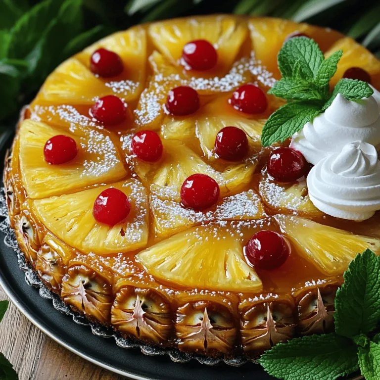 To make a delightful pineapple upside down cake, gather these essential items: - 1 can pineapple slices in juice - Unsalted butter - Brown sugar - Granulated sugar - 2 large eggs - 1 teaspoon vanilla extract These ingredients work together to create a scrumptious base for your cake. The pineapple brings sweetness and a juicy texture, while the butter and sugars create a rich, caramel-like flavor. You can also add these optional items for extra flair: - Ground cinnamon for added flavor - Maraschino cherries for garnish - Any other fruit variations Cinnamon gives a warm touch, while maraschino cherries add a pop of color. Feel free to get creative with other fruits. They can add a unique twist to the recipe. For a full recipe, check out the Tropical Pineapple Paradise Upside Down Cake. Start by preheating your oven to 350°F (175°C). This step is key for even baking. While the oven heats, grab a 9-inch round cake pan. Place it in the oven for about 5 minutes with half a cup of unsalted butter. This melts the butter perfectly. Once melted, mix in 1 cup of packed brown sugar. Stir until smooth. Spread this mixture evenly across the bottom of your pan. This creates a sticky, sweet base for your cake. Now, it's time to arrange the pineapple. Use the drained pineapple slices from the can. Place them on top of the butter and sugar mix. Make sure they fit snugly without gaps. For a pop of color, add a maraschino cherry in the center of each pineapple slice. This little touch makes your cake look even more inviting. In a large mixing bowl, cream together 1/2 cup of granulated sugar and the remaining softened butter. Mix until it feels light and fluffy. Then, add in 2 large eggs, one at a time. Make sure to mix well after each egg. Next, stir in 1 teaspoon of vanilla extract for added flavor. In a separate bowl, whisk together 1 1/2 cups of all-purpose flour, 1 1/2 teaspoons of baking powder, and 1/2 teaspoon of salt. If you want a hint of spice, add 1/2 teaspoon of ground cinnamon. Now, combine the dry ingredients with the butter mix. Alternate this with 1/2 cup of reserved pineapple juice. Mix gently until just combined. Be careful not to overmix, as this can make your cake dense. Now you’re ready to pour the batter over the arranged pineapple. Bake it for 35-40 minutes. Check with a toothpick to see if it comes out clean. To get a fluffy cake, use room temperature eggs and butter. Cold ingredients can lead to a dense cake. Make sure your butter is soft before mixing. Avoid overmixing the batter; this can also cause a heavy texture. Baking times may vary between ovens. Keep an eye on your cake as it bakes. If your oven runs hot, check for doneness a few minutes early. Insert a toothpick in the center. If it comes out clean, the cake is ready! A simple dusting of powdered sugar adds charm. For a tasty treat, serve the cake with whipped cream or ice cream. This pairing elevates the sweet, tangy flavors of the pineapple. You can also add fresh mint leaves for a pop of color. For a full recipe, check out the Tropical Pineapple Paradise Upside Down Cake. {{image_2}} You can switch out pineapple for other fruits. Peaches work great as a sweet choice. Cherries add a lovely tartness, while mangoes bring a tropical flair. Try a berry blend for a fun twist. Combine strawberries, blueberries, and raspberries for a colorful and tasty cake. These options keep the spirit of the classic but add your own touch. Want to spice things up? Add coconut for a chewy texture. Chopped nuts bring a nice crunch, too. You can use flavored extracts like almond or coconut to change the taste. These simple swaps make your cake unique and exciting. Don’t be afraid to experiment with different flavors. For gluten-free baking, use a gluten-free flour blend. This keeps the cake light and fluffy without gluten. If you prefer vegan options, replace butter with coconut oil. Use flax eggs or applesauce instead of regular eggs. These swaps make the cake friendly for many diets. Enjoy the same great taste while meeting your needs. For the full recipe, check out the Tropical Pineapple Paradise Upside Down Cake. To keep your leftover pineapple upside down cake fresh, store it in the fridge. Wrap the cake tightly in plastic wrap. You can also use an airtight container. This helps prevent the cake from drying out. Storing in an airtight container is key. It keeps the cake moist and tasty. You can freeze slices of cake for later. Here’s how: 1. Cool the Cake: Make sure the cake is completely cool. 2. Slice It: Cut the cake into slices. This makes it easy to grab just what you need. 3. Wrap It: Wrap each slice in plastic wrap. This helps seal in the flavor. 4. Use Foil: After wrapping, add a layer of aluminum foil. It protects against freezer burn. 5. Label: Write the date on each wrap. This helps you keep track of freshness. When you’re ready to enjoy a slice, thaw it in the fridge overnight. If you want it warm, you can reheat it in the oven. Set the oven to 350°F (175°C) and heat for about 10 minutes. This helps restore the cake's soft texture and rich flavor. To stop your cake from sticking, you need to prepare your pan well. First, use unsalted butter to grease the bottom and sides of your cake pan. Make sure to cover all areas. Next, you can add a layer of parchment paper on the bottom. This will help lift the cake out easily. Lastly, dust a little flour over the greased surface. This simple method keeps your cake intact when you flip it later. Yes, you can make this cake ahead of time. This is great for parties or special events. Just bake the cake and let it cool completely. Once cool, wrap it tightly in plastic wrap. Store it in the fridge for up to three days. If you want to keep it longer, you can freeze it. Just make sure to use an airtight container. This way, you can enjoy the cake later without losing its flavor. You can tell if your cake is done by checking a few signs. First, look for a golden-brown top. It should spring back when you touch it lightly. Another test is the toothpick method. Insert a toothpick into the center of the cake. If it comes out clean or with a few crumbs, your cake is ready. If you see wet batter, bake it a bit longer. Using fresh pineapple is possible, and it can be quite tasty. Fresh pineapple offers a bright flavor and juicy texture. However, it does require more work. You have to peel, core, and slice the pineapple. Canned pineapple is easy and saves time. It also ensures a consistent taste. If you choose fresh, make sure it’s ripe for the best flavor in your cake. Pineapple upside-down cake is an easy and fun dessert. You learned about essential and optional ingredients, plus step-by-step baking instructions. I shared tips for great texture and storing leftovers, along with creative variations. Don’t hesitate to try new fruits or flavors. This dessert is meant to surprise and delight. Enjoy your baking and share this tasty treat with friends and family!