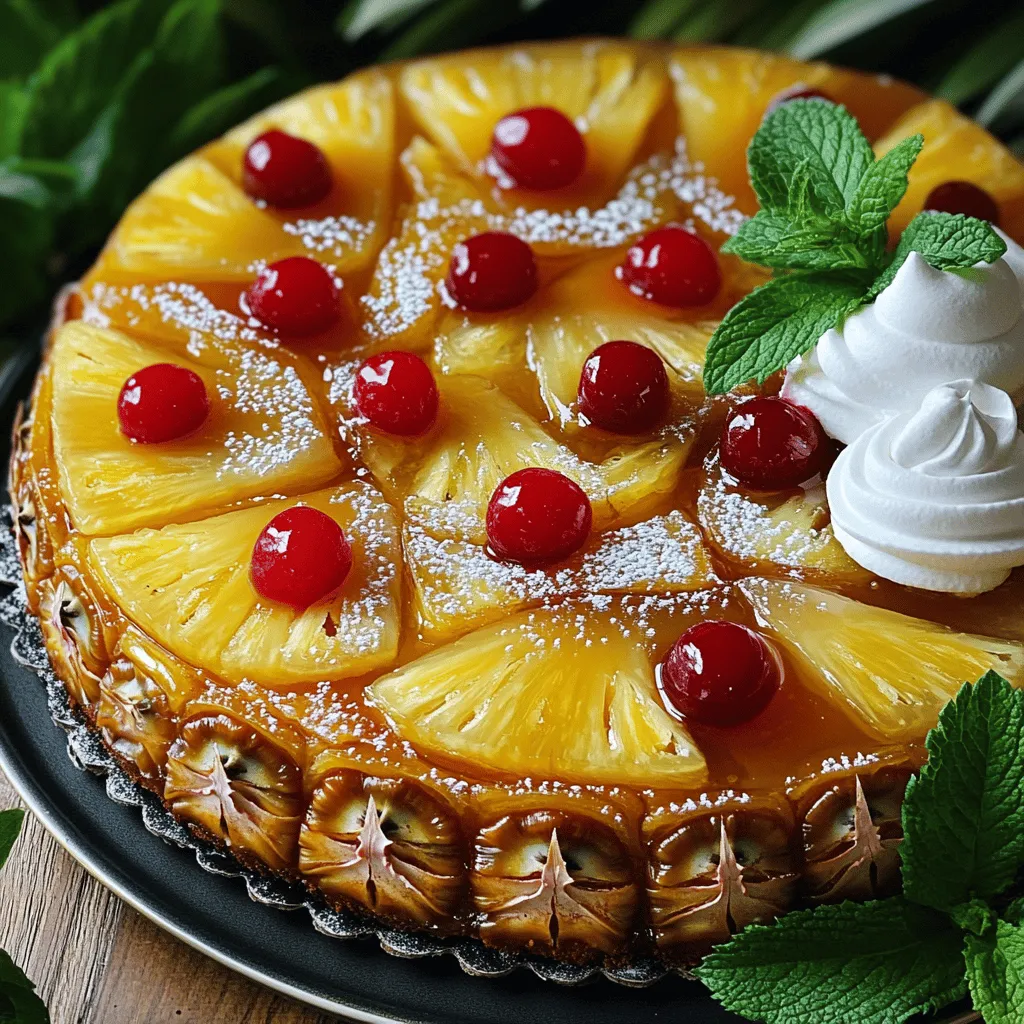 To make a delightful pineapple upside down cake, gather these essential items: - 1 can pineapple slices in juice - Unsalted butter - Brown sugar - Granulated sugar - 2 large eggs - 1 teaspoon vanilla extract These ingredients work together to create a scrumptious base for your cake. The pineapple brings sweetness and a juicy texture, while the butter and sugars create a rich, caramel-like flavor. You can also add these optional items for extra flair: - Ground cinnamon for added flavor - Maraschino cherries for garnish - Any other fruit variations Cinnamon gives a warm touch, while maraschino cherries add a pop of color. Feel free to get creative with other fruits. They can add a unique twist to the recipe. For a full recipe, check out the Tropical Pineapple Paradise Upside Down Cake. Start by preheating your oven to 350°F (175°C). This step is key for even baking. While the oven heats, grab a 9-inch round cake pan. Place it in the oven for about 5 minutes with half a cup of unsalted butter. This melts the butter perfectly. Once melted, mix in 1 cup of packed brown sugar. Stir until smooth. Spread this mixture evenly across the bottom of your pan. This creates a sticky, sweet base for your cake. Now, it's time to arrange the pineapple. Use the drained pineapple slices from the can. Place them on top of the butter and sugar mix. Make sure they fit snugly without gaps. For a pop of color, add a maraschino cherry in the center of each pineapple slice. This little touch makes your cake look even more inviting. In a large mixing bowl, cream together 1/2 cup of granulated sugar and the remaining softened butter. Mix until it feels light and fluffy. Then, add in 2 large eggs, one at a time. Make sure to mix well after each egg. Next, stir in 1 teaspoon of vanilla extract for added flavor. In a separate bowl, whisk together 1 1/2 cups of all-purpose flour, 1 1/2 teaspoons of baking powder, and 1/2 teaspoon of salt. If you want a hint of spice, add 1/2 teaspoon of ground cinnamon. Now, combine the dry ingredients with the butter mix. Alternate this with 1/2 cup of reserved pineapple juice. Mix gently until just combined. Be careful not to overmix, as this can make your cake dense. Now you’re ready to pour the batter over the arranged pineapple. Bake it for 35-40 minutes. Check with a toothpick to see if it comes out clean. To get a fluffy cake, use room temperature eggs and butter. Cold ingredients can lead to a dense cake. Make sure your butter is soft before mixing. Avoid overmixing the batter; this can also cause a heavy texture. Baking times may vary between ovens. Keep an eye on your cake as it bakes. If your oven runs hot, check for doneness a few minutes early. Insert a toothpick in the center. If it comes out clean, the cake is ready! A simple dusting of powdered sugar adds charm. For a tasty treat, serve the cake with whipped cream or ice cream. This pairing elevates the sweet, tangy flavors of the pineapple. You can also add fresh mint leaves for a pop of color. For a full recipe, check out the Tropical Pineapple Paradise Upside Down Cake. {{image_2}} You can switch out pineapple for other fruits. Peaches work great as a sweet choice. Cherries add a lovely tartness, while mangoes bring a tropical flair. Try a berry blend for a fun twist. Combine strawberries, blueberries, and raspberries for a colorful and tasty cake. These options keep the spirit of the classic but add your own touch. Want to spice things up? Add coconut for a chewy texture. Chopped nuts bring a nice crunch, too. You can use flavored extracts like almond or coconut to change the taste. These simple swaps make your cake unique and exciting. Don’t be afraid to experiment with different flavors. For gluten-free baking, use a gluten-free flour blend. This keeps the cake light and fluffy without gluten. If you prefer vegan options, replace butter with coconut oil. Use flax eggs or applesauce instead of regular eggs. These swaps make the cake friendly for many diets. Enjoy the same great taste while meeting your needs. For the full recipe, check out the Tropical Pineapple Paradise Upside Down Cake. To keep your leftover pineapple upside down cake fresh, store it in the fridge. Wrap the cake tightly in plastic wrap. You can also use an airtight container. This helps prevent the cake from drying out. Storing in an airtight container is key. It keeps the cake moist and tasty. You can freeze slices of cake for later. Here’s how: 1. Cool the Cake: Make sure the cake is completely cool. 2. Slice It: Cut the cake into slices. This makes it easy to grab just what you need. 3. Wrap It: Wrap each slice in plastic wrap. This helps seal in the flavor. 4. Use Foil: After wrapping, add a layer of aluminum foil. It protects against freezer burn. 5. Label: Write the date on each wrap. This helps you keep track of freshness. When you’re ready to enjoy a slice, thaw it in the fridge overnight. If you want it warm, you can reheat it in the oven. Set the oven to 350°F (175°C) and heat for about 10 minutes. This helps restore the cake's soft texture and rich flavor. To stop your cake from sticking, you need to prepare your pan well. First, use unsalted butter to grease the bottom and sides of your cake pan. Make sure to cover all areas. Next, you can add a layer of parchment paper on the bottom. This will help lift the cake out easily. Lastly, dust a little flour over the greased surface. This simple method keeps your cake intact when you flip it later. Yes, you can make this cake ahead of time. This is great for parties or special events. Just bake the cake and let it cool completely. Once cool, wrap it tightly in plastic wrap. Store it in the fridge for up to three days. If you want to keep it longer, you can freeze it. Just make sure to use an airtight container. This way, you can enjoy the cake later without losing its flavor. You can tell if your cake is done by checking a few signs. First, look for a golden-brown top. It should spring back when you touch it lightly. Another test is the toothpick method. Insert a toothpick into the center of the cake. If it comes out clean or with a few crumbs, your cake is ready. If you see wet batter, bake it a bit longer. Using fresh pineapple is possible, and it can be quite tasty. Fresh pineapple offers a bright flavor and juicy texture. However, it does require more work. You have to peel, core, and slice the pineapple. Canned pineapple is easy and saves time. It also ensures a consistent taste. If you choose fresh, make sure it’s ripe for the best flavor in your cake. Pineapple upside-down cake is an easy and fun dessert. You learned about essential and optional ingredients, plus step-by-step baking instructions. I shared tips for great texture and storing leftovers, along with creative variations. Don’t hesitate to try new fruits or flavors. This dessert is meant to surprise and delight. Enjoy your baking and share this tasty treat with friends and family!