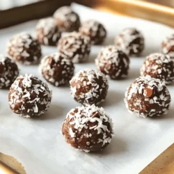 To make Chocolate Coconut Energy Bites, gather the following ingredients: - 1 cup pitted Medjool dates - 1 cup rolled oats - 1/2 cup unsweetened shredded coconut - 1/3 cup almond butter (or any nut butter of choice) - 1/4 cup cocoa powder - 1 tablespoon maple syrup (optional) - 1/4 teaspoon sea salt - 1/2 teaspoon vanilla extract - 1/4 cup dark chocolate chips (dairy-free if needed) If you have allergies, try these nut butter alternatives: - Sunflower seed butter - Cashew butter - Peanut butter For sweeteners, you can use: - Honey - Agave syrup - Coconut sugar You can switch the coconut for: - Chopped nuts - Dried fruit - Cacao nibs The ingredients in these bites bring many health benefits: - Medjool dates provide fiber and natural sweetness. - Rolled oats offer energy and help with digestion. - Coconut supports hydration and adds healthy fats. - Almond butter adds protein and keeps you full. Chocolate and coconut work together to boost your energy. These bites are vegan and gluten-free, great for everyone! 1. Soaking the Medjool dates Start by soaking 1 cup of pitted Medjool dates in warm water. Let them sit for about 10 minutes. This step helps soften the dates, making them easier to blend. 2. Combining ingredients in a food processor After soaking, drain the dates. In a food processor, add the soaked dates, 1 cup of rolled oats, 1/2 cup of unsweetened shredded coconut, 1/3 cup of almond butter, 1/4 cup of cocoa powder, 1/4 teaspoon of sea salt, and 1/2 teaspoon of vanilla extract. If you want extra sweetness, include 1 tablespoon of maple syrup. Pulse until the mixture sticks together well. 3. Achieving the right consistency If the mix seems too dry, add water, one tablespoon at a time. You want a sticky blend that holds its shape when pressed. This texture is key for rolling the bites. 1. Rolling into balls With clean hands, scoop out tablespoons of the mixture. Roll these into small balls, about 1 inch in diameter. This size is perfect for a quick snack. 2. Using proper measurements for uniformity Use a measuring spoon for consistency. This way, each bite has the same taste and texture. It also helps if you want to share! 1. Importance of cooling for firmness Place the rolled bites on a baking sheet lined with parchment paper. Refrigerate them for at least 30 minutes. Cooling helps the bites firm up and hold their shape. 2. Recommendations for chilling times For the best texture, chill the bites for 1 hour. This longer time allows them to set nicely, making them easier to enjoy later. After chilling, store the bites in an airtight container in the fridge for up to one week. - Over-processing the mixture: Keep an eye on your food processor. If you blend too long, the mix can turn into a paste. You want a sticky texture, not a smooth one. Stop as soon as it combines well. - Not enough moisture in the mixture: If your mixture feels dry, the bites won’t hold together. Add a little water, one tablespoon at a time, until it sticks. This will help you shape perfect bites. - Using additional spices or extracts: Spice things up! Add a pinch of cinnamon or a dash of almond extract. These small adjustments can elevate the taste. - Pairing with various toppings: Roll your energy bites in extras. Try crushed nuts, more shredded coconut, or cocoa powder. This adds texture and a fun twist. - Best ways to serve energy bites: These bites make great snacks on their own. Serve them chilled for a refreshing treat. You can also pack them for hikes or picnics. - Pairing with drinks or other snacks: Enjoy your energy bites with a smoothie or a cup of tea. They complement both sweet and savory snacks well, making them versatile additions to your snack time. {{image_2}} To make these energy bites completely vegan, you need to swap out any non-vegan ingredients. For this recipe, the almond butter is already vegan. Use maple syrup for sweetening, as it is plant-based. The dark chocolate chips can also be dairy-free. Look for brands that specify they are vegan. This way, you keep the bites tasty and vegan-friendly. All the ingredients in this recipe can be gluten-free. Be sure to check the labels on the rolled oats. Some oats may come into contact with gluten during processing. Choose oats labeled gluten-free to ensure safety. The chocolate chips should also be gluten-free. This way, everyone can enjoy these bites without worry. You can change the flavors of the energy bites by adding nuts or seeds. Try walnuts, almonds, or chia seeds for an extra crunch. You can also mix in dried fruits like cranberries or apricots for a fruity twist. Another idea is to add different spices like cinnamon or nutmeg for warmth. Experiment with flavors to find your favorite combination. Each variation will give you a new taste experience. To keep your Chocolate Coconut Energy Bites fresh, store them in an airtight container. This prevents air from drying them out. You can place them in the fridge or freezer, based on your plans. - Fridge: Ideal for short-term storage. Keeps them fresh for about a week. - Freezer: Great for long-term storage. They last up to three months when frozen. In the fridge, these energy bites stay fresh for about one week. If you notice any off smell or a change in texture, it's time to toss them. Mold is another sign they are no longer good. You can serve Chocolate Coconut Energy Bites straight from the fridge. They taste great cold, and the texture remains nice. If they feel too firm after refrigeration, let them sit at room temperature for a few minutes before eating. This softens them a bit and enhances the flavor. Enjoy your healthy snack anytime! Chocolate Coconut Energy Bites stay fresh for about one week when stored properly. Keep them in an airtight container in the fridge. If you want to store them longer, you can freeze them. They will last for up to three months in the freezer. Just thaw them before eating. Yes, you can use other nut butters. Peanut butter, cashew butter, or sunflower seed butter all work well. Each nut butter gives a different taste. Almond butter adds a mild flavor, while peanut butter gives a stronger, nutty taste. Choose what you like best. If you don't have Medjool dates, you can use other dried fruits. Dried figs, apricots, or raisins can work too. These fruits add natural sweetness. If you want a lower sugar option, try mashed bananas or applesauce. Keep in mind that the texture may change slightly. To lower the calories, try using less nut butter or omit the chocolate chips. You can also reduce the amount of maple syrup. Adding more oats can help keep them filling without adding too many calories. Make sure they still taste good! Yes, Chocolate Coconut Energy Bites are a healthy snack. They provide energy from oats and healthy fats from nut butter. Medjool dates offer natural sweetness and fiber. Dark chocolate chips add antioxidants. Each bite is packed with nutrients, making it a great choice for a snack! For the full recipe, visit the complete guide. These Chocolate Coconut Energy Bites are tasty and easy to make. You learned about the key ingredients, substitutions, and nutritional benefits. I shared step-by-step instructions, tips to avoid common mistakes, and fun variations to try. Remember that storage matters for freshness, and serving styles can enhance your snacks. With these bites, you can enjoy a healthy treat that gives you energy. Explore the possibilities and make them your own. Enjoy your cooking adventure!
